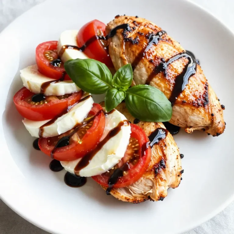 To make this dish, you need the following ingredients: - 4 boneless, skinless chicken breasts - 1 cup cherry tomatoes, halved - 8 ounces fresh mozzarella, sliced - 1/2 cup balsamic vinegar - 2 tablespoons olive oil - 2 cloves garlic, minced - 1 teaspoon dried basil - Salt and pepper to taste - Fresh basil leaves for garnish When picking ingredients, look for bright-colored tomatoes. They should feel firm and smell sweet. For mozzarella, choose a ball that feels soft and moist. The cheese should have a pleasant, milky smell. Chicken breasts should be pink with no odor. Always check the sell-by date on the package. Fresh basil should be vibrant green and may have a slight shine. You can make this dish work for different diets. If you're dairy-free, use a vegan cheese alternative. For a lower-carb dish, skip the tomatoes and serve with leafy greens instead. If you want to cut back on fat, you can grill the chicken instead of frying it. For gluten-free options, this recipe is already safe as there are no gluten ingredients. Adjust these swaps to fit your taste and needs. {{ingredient_image_1}} First, I preheat the oven to 375°F (190°C). This step is key for cooking the chicken evenly. Next, I season the chicken breasts with salt, pepper, and dried basil on both sides. This simple mix adds great flavor. I use a large oven-safe skillet for this dish. I heat olive oil over medium heat. Then, I add the chicken breasts and let them cook for about 5 minutes on each side. I look for a golden brown color. Once done, I remove the chicken from the skillet and set it aside. In the same skillet, I add minced garlic and sauté it for about 30 seconds. The smell of garlic is amazing! Then, I pour in the balsamic vinegar, scraping up any bits stuck to the bottom. I let it simmer and reduce for about 5-7 minutes. The glaze should thicken slightly—this is my magic moment! Now, I return the chicken to the skillet. I top each piece with halved cherry tomatoes and fresh mozzarella slices. Finally, I transfer the skillet to the oven and bake for 20-25 minutes. I check that the internal temperature reaches 165°F (74°C) and the cheese is bubbly and melted. Before serving, I drizzle the remaining balsamic glaze over the chicken and tomatoes. To keep your chicken juicy, start with good seasoning. Use salt and pepper generously. Let the chicken rest after cooking. This helps keep the juices inside. Searing on medium heat gives a nice crust. Don’t rush the cooking process. Cook until it reaches 165°F (74°C) inside. A meat thermometer helps you check this easily. The balsamic glaze brings the dish to life. Use fresh balsamic vinegar for the best taste. Simmer it slowly to help it thicken. Stir often to avoid burning. Adding minced garlic right after searing gives great flavor. Make sure to scrape the pan to get all the tasty bits. This adds depth to your glaze. Presentation is key for a great meal. Serve the chicken on a large platter. Drizzle extra glaze over the chicken before serving. Top with fresh basil leaves for color. Pair it with a colorful salad or roasted veggies. This adds a nice touch and brings more flavor to the table. Guests will love the look and taste! Pro Tips Marinate for Extra Flavor: Consider marinating the chicken in balsamic vinegar, olive oil, and herbs for at least an hour before cooking. This will enhance the flavors and make the chicken even more tender. Use Fresh Ingredients: For the best flavor, always opt for fresh mozzarella and ripe cherry tomatoes. They will elevate the dish and provide a burst of freshness. Monitor Cooking Time: Keep an eye on the chicken while it bakes to prevent overcooking. Use a meat thermometer to ensure it reaches 165°F (74°C) for perfectly juicy chicken. Serve with a Side: Pair the dish with a light salad or roasted vegetables to add balance. A side of garlic bread also complements the meal beautifully. {{image_2}} You can swap chicken breasts for turkey. Turkey is leaner and very tasty. Use low-fat mozzarella if you want to cut calories. Try a balsamic reduction made with less sugar. This gives you a lighter option without losing flavor. You can also add herbs like oregano or thyme for more taste. In spring or summer, add fresh zucchini or bell peppers. These vegetables brighten the dish. In fall, try adding roasted butternut squash. It adds a sweet touch. You can also include spinach or kale for extra greens. They bring more nutrition and color to your plate. While fresh mozzarella is classic, you can use burrata for a creamier texture. Feta cheese gives a nice tangy flavor. You can also try goat cheese for a unique twist. Each cheese brings its own taste, making this dish fun to change. To store your Balsamic Glazed Caprese Chicken, let it cool first. Place the chicken in an airtight container. Make sure to separate any sauce or toppings. This helps keep the flavors fresh. Store it in the fridge for up to three days. If you want to enjoy it later, freezing is a great option. When you are ready to reheat, use the oven for best results. Preheat your oven to 350°F (175°C). Place the chicken in a baking dish. Cover it with foil to keep it moist. Heat for about 20 minutes or until warm. You can also use a microwave. Just heat it in short bursts, checking often. This keeps the chicken juicy. For freezing, wrap the chicken tightly in plastic wrap. Then, place it in a freezer-safe bag. Label the bag with the date. Your dish will stay fresh for up to three months. When ready to eat, thaw it overnight in the fridge. Then, reheat as described above. This method saves time and gives you tasty meals ready to go! Balsamic Glazed Caprese Chicken lasts about 3 to 4 days in the fridge. Store it in an airtight container. Make sure it cools down before you put it in the fridge. This helps keep the chicken juicy and tasty. Yes, you can use chicken thighs. They are a bit richer and more flavorful. Just make sure to cook them until they reach 165°F (74°C). Thighs can give your dish a different taste and texture, which some people love. You can serve this dish with many sides. Here are some tasty options: - A light salad with mixed greens. - Roasted vegetables like zucchini and bell peppers. - Garlic bread to soak up the balsamic glaze. - Quinoa or rice to add heartiness. These sides make your meal more colorful and filling. You learned how to make Balsamic Glazed Caprese Chicken, from ingredients to cooking tips. I shared easy steps for tasty, juicy chicken and a rich glaze. Remember to pick fresh ingredients for the best flavor. Experiment with variations to suit your needs, and store your leftovers safely. Enjoy making this dish and wow your family with your cooking skills. Trust me: this recipe will become a favorite!
