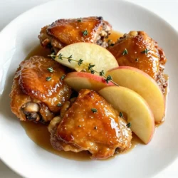 To make apple cider glazed chicken thighs, gather these items: - 4 bone-in chicken thighs, skin on - 1 cup apple cider - 2 tablespoons apple cider vinegar - 2 tablespoons honey - 1 tablespoon Dijon mustard - 1 teaspoon fresh thyme leaves (or ½ teaspoon dried thyme) - 2 cloves garlic, minced - Salt and pepper to taste - 2 tablespoons olive oil - Fresh apple slices and thyme sprigs for garnish - Chicken Thighs: Use bone-in, skin-on thighs for juicy meat and crispy skin. - Apple Cider: Choose a high-quality apple cider. Fresh cider gives the best flavor. - Honey: Use raw honey if you can. It adds a rich taste to the glaze. - Thyme: Fresh thyme provides the best flavor. Dried thyme can work if fresh isn’t available. - Garlic: Freshly minced garlic offers a stronger flavor than pre-minced or powder. - Chicken Thighs: Boneless thighs can work, but you’ll lose some juiciness. - Apple Cider: If you don’t have apple cider, try apple juice. The flavor will change slightly. - Honey: Maple syrup is a great alternative if you want a different sweetness. - Dijon Mustard: Regular yellow mustard can replace Dijon, but the taste will be milder. - Thyme: Rosemary can substitute thyme for a different herb flavor. These tips help make your dish full of flavor. You'll enjoy the process and the tasty results! {{ingredient_image_1}} Start by drying the chicken thighs with paper towels. This step helps get crispy skin. Season both sides with salt and pepper. Don't skimp on the seasoning; it brings out the flavor. Heat a large skillet over medium-high heat. Add the olive oil and let it warm up. Place the chicken thighs skin-side down in the skillet. Sear them for 5-7 minutes until the skin is golden brown and crispy. This step seals in the juices. Flip the chicken and cook for another 5 minutes. The goal is to get a nice sear on both sides. Next, prepare the glaze. In a separate bowl, mix the apple cider, apple cider vinegar, honey, Dijon mustard, thyme, and minced garlic. Whisk until well combined. Pour this mixture over the chicken in the skillet. Lower the heat to medium-low, cover the skillet, and let it simmer for 15-20 minutes. The chicken should reach an internal temperature of 165°F (75°C). After simmering, it's time to thicken the glaze. Remove the lid and turn the heat back to medium-high. Let the glaze reduce for about 5 minutes. Turn the chicken occasionally to coat it well. The glaze will become sticky and delicious. To make the best glaze, use fresh apple cider. It adds a rich flavor that enhances the dish. Also, remember to watch the heat. Too high can burn the glaze, while too low won’t let it thicken. If you want extra shine, drizzle a bit more honey in the glaze. Finally, garnish with fresh apple slices and thyme sprigs for a lovely presentation. Enjoy your meal! To keep chicken thighs juicy, start by patting them dry. This step helps the skin crisp up. Season both sides well with salt and pepper. This adds flavor and creates a nice crust. Searing the chicken on medium-high heat locks in moisture. Cook each side until golden brown. Then, simmer in the apple cider glaze to keep the meat tender. When you sear chicken, use a hot skillet. Add olive oil and let it heat up. Place the thighs skin-side down in the pan. Sear for 5-7 minutes without moving them. This helps the skin get crispy. After flipping, cook for another 5 minutes. This method seals in the juices before glazing. To boost flavor, try adding fresh herbs or spices. Thyme is a great choice for this recipe. You can also mix in some garlic for depth. For extra sweetness, drizzle more honey into the glaze. Remember to taste as you go. Adjust the seasoning to match your preference. These tweaks will make your dish even more delicious. Pro Tips Let the Chicken Rest: After cooking, let the chicken rest for a few minutes before serving. This helps to redistribute the juices, ensuring moist and flavorful meat. Use Fresh Ingredients: For the best flavor, use fresh apple cider and herbs. Fresh thyme adds a vibrant taste that dried thyme may not replicate. Monitor Internal Temperature: Ensure the chicken reaches an internal temperature of 165°F (75°C) for safe consumption. Use a meat thermometer for accuracy. Customize the Glaze: Feel free to adjust the sweetness or tartness of the glaze by adding more honey or apple cider vinegar according to your taste preferences. {{image_2}} You can mix up the glaze to fit your taste. Try using maple syrup instead of honey for a richer flavor. You can also add soy sauce for a salty kick. A splash of bourbon can make the glaze deeper and more complex. Experiment with spices like cinnamon or nutmeg for a warm touch. Each variation brings a new twist to the dish. While chicken thighs work great, you can use other cuts too. Chicken breasts are a leaner option and will cook faster. Drumsticks are juicy and can hold the glaze well. If you want something more unique, try using chicken wings for a fun appetizer. Adjust cooking times based on the cut to keep things juicy. Seasonal ingredients can enhance your dish. In fall, use fresh cranberries for a tart flavor. In spring, fresh herbs like rosemary or basil can brighten the glaze. During summer, add peach slices for sweetness. You can even use different types of vinegar, like balsamic, to change the flavor profile. Being creative with ingredients keeps the dish exciting year-round. After enjoying your apple cider glazed chicken thighs, let them cool. Place the chicken in an airtight container. Make sure the lid seals tightly. Store it in the fridge for up to four days. This way, the chicken stays juicy and flavorful. To reheat the chicken, preheat your oven to 350°F (175°C). Place the chicken on a baking dish. Cover with foil to keep it moist. Heat for about 15-20 minutes. You can also use a microwave. Just heat in 30-second bursts. Check the chicken often to avoid drying it out. You can freeze leftover chicken for up to three months. First, let it cool completely. Wrap each piece in plastic wrap. Then place them in a freezer bag. Squeeze out as much air as possible. When you're ready to eat, thaw it overnight in the fridge. Reheat as mentioned above for best results. Yes, you can use boneless chicken thighs. They will cook faster than bone-in thighs. Adjust your cooking time to about 15-20 minutes. Make sure to check the internal temperature. It should reach 165°F (75°C) to be safe to eat. Boneless thighs absorb the glaze well, making them juicy and tasty. Apple cider glazed chicken thighs pair well with many sides. Here are some great options: - Roasted vegetables - Mashed potatoes - Rice pilaf - Green salad - Steamed green beans These sides will balance the sweetness of the glaze. They add texture and flavor, making your meal complete. The glaze keeps well in the fridge for about 5 days. Store it in an airtight container. You can reheat it on the stove or in the microwave. Use it for other dishes, too! It’s great on grilled meats or drizzled over veggies. This blog post covers all you need for apple cider glazed chicken thighs. We explored key ingredients, handy cooking tips, and ways to enhance flavor. I shared storage strategies for leftovers and answered common questions. To wrap up, using the right ingredients and methods will ensure tasty results. Experiment with variations for new flavors, and follow the steps for juicy chicken. Enjoy your cooking journey!