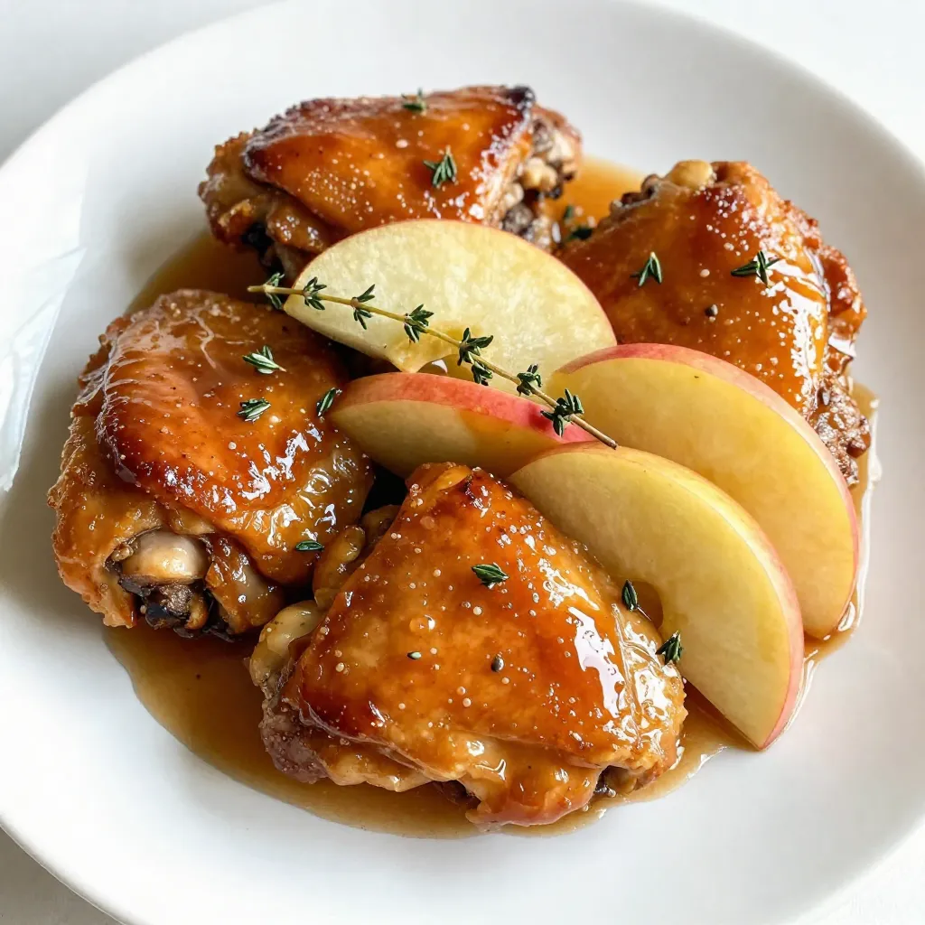 To make apple cider glazed chicken thighs, gather these items: - 4 bone-in chicken thighs, skin on - 1 cup apple cider - 2 tablespoons apple cider vinegar - 2 tablespoons honey - 1 tablespoon Dijon mustard - 1 teaspoon fresh thyme leaves (or ½ teaspoon dried thyme) - 2 cloves garlic, minced - Salt and pepper to taste - 2 tablespoons olive oil - Fresh apple slices and thyme sprigs for garnish - Chicken Thighs: Use bone-in, skin-on thighs for juicy meat and crispy skin. - Apple Cider: Choose a high-quality apple cider. Fresh cider gives the best flavor. - Honey: Use raw honey if you can. It adds a rich taste to the glaze. - Thyme: Fresh thyme provides the best flavor. Dried thyme can work if fresh isn’t available. - Garlic: Freshly minced garlic offers a stronger flavor than pre-minced or powder. - Chicken Thighs: Boneless thighs can work, but you’ll lose some juiciness. - Apple Cider: If you don’t have apple cider, try apple juice. The flavor will change slightly. - Honey: Maple syrup is a great alternative if you want a different sweetness. - Dijon Mustard: Regular yellow mustard can replace Dijon, but the taste will be milder. - Thyme: Rosemary can substitute thyme for a different herb flavor. These tips help make your dish full of flavor. You'll enjoy the process and the tasty results! {{ingredient_image_1}} Start by drying the chicken thighs with paper towels. This step helps get crispy skin. Season both sides with salt and pepper. Don't skimp on the seasoning; it brings out the flavor. Heat a large skillet over medium-high heat. Add the olive oil and let it warm up. Place the chicken thighs skin-side down in the skillet. Sear them for 5-7 minutes until the skin is golden brown and crispy. This step seals in the juices. Flip the chicken and cook for another 5 minutes. The goal is to get a nice sear on both sides. Next, prepare the glaze. In a separate bowl, mix the apple cider, apple cider vinegar, honey, Dijon mustard, thyme, and minced garlic. Whisk until well combined. Pour this mixture over the chicken in the skillet. Lower the heat to medium-low, cover the skillet, and let it simmer for 15-20 minutes. The chicken should reach an internal temperature of 165°F (75°C). After simmering, it's time to thicken the glaze. Remove the lid and turn the heat back to medium-high. Let the glaze reduce for about 5 minutes. Turn the chicken occasionally to coat it well. The glaze will become sticky and delicious. To make the best glaze, use fresh apple cider. It adds a rich flavor that enhances the dish. Also, remember to watch the heat. Too high can burn the glaze, while too low won’t let it thicken. If you want extra shine, drizzle a bit more honey in the glaze. Finally, garnish with fresh apple slices and thyme sprigs for a lovely presentation. Enjoy your meal! To keep chicken thighs juicy, start by patting them dry. This step helps the skin crisp up. Season both sides well with salt and pepper. This adds flavor and creates a nice crust. Searing the chicken on medium-high heat locks in moisture. Cook each side until golden brown. Then, simmer in the apple cider glaze to keep the meat tender. When you sear chicken, use a hot skillet. Add olive oil and let it heat up. Place the thighs skin-side down in the pan. Sear for 5-7 minutes without moving them. This helps the skin get crispy. After flipping, cook for another 5 minutes. This method seals in the juices before glazing. To boost flavor, try adding fresh herbs or spices. Thyme is a great choice for this recipe. You can also mix in some garlic for depth. For extra sweetness, drizzle more honey into the glaze. Remember to taste as you go. Adjust the seasoning to match your preference. These tweaks will make your dish even more delicious. Pro Tips Let the Chicken Rest: After cooking, let the chicken rest for a few minutes before serving. This helps to redistribute the juices, ensuring moist and flavorful meat. Use Fresh Ingredients: For the best flavor, use fresh apple cider and herbs. Fresh thyme adds a vibrant taste that dried thyme may not replicate. Monitor Internal Temperature: Ensure the chicken reaches an internal temperature of 165°F (75°C) for safe consumption. Use a meat thermometer for accuracy. Customize the Glaze: Feel free to adjust the sweetness or tartness of the glaze by adding more honey or apple cider vinegar according to your taste preferences. {{image_2}} You can mix up the glaze to fit your taste. Try using maple syrup instead of honey for a richer flavor. You can also add soy sauce for a salty kick. A splash of bourbon can make the glaze deeper and more complex. Experiment with spices like cinnamon or nutmeg for a warm touch. Each variation brings a new twist to the dish. While chicken thighs work great, you can use other cuts too. Chicken breasts are a leaner option and will cook faster. Drumsticks are juicy and can hold the glaze well. If you want something more unique, try using chicken wings for a fun appetizer. Adjust cooking times based on the cut to keep things juicy. Seasonal ingredients can enhance your dish. In fall, use fresh cranberries for a tart flavor. In spring, fresh herbs like rosemary or basil can brighten the glaze. During summer, add peach slices for sweetness. You can even use different types of vinegar, like balsamic, to change the flavor profile. Being creative with ingredients keeps the dish exciting year-round. After enjoying your apple cider glazed chicken thighs, let them cool. Place the chicken in an airtight container. Make sure the lid seals tightly. Store it in the fridge for up to four days. This way, the chicken stays juicy and flavorful. To reheat the chicken, preheat your oven to 350°F (175°C). Place the chicken on a baking dish. Cover with foil to keep it moist. Heat for about 15-20 minutes. You can also use a microwave. Just heat in 30-second bursts. Check the chicken often to avoid drying it out. You can freeze leftover chicken for up to three months. First, let it cool completely. Wrap each piece in plastic wrap. Then place them in a freezer bag. Squeeze out as much air as possible. When you're ready to eat, thaw it overnight in the fridge. Reheat as mentioned above for best results. Yes, you can use boneless chicken thighs. They will cook faster than bone-in thighs. Adjust your cooking time to about 15-20 minutes. Make sure to check the internal temperature. It should reach 165°F (75°C) to be safe to eat. Boneless thighs absorb the glaze well, making them juicy and tasty. Apple cider glazed chicken thighs pair well with many sides. Here are some great options: - Roasted vegetables - Mashed potatoes - Rice pilaf - Green salad - Steamed green beans These sides will balance the sweetness of the glaze. They add texture and flavor, making your meal complete. The glaze keeps well in the fridge for about 5 days. Store it in an airtight container. You can reheat it on the stove or in the microwave. Use it for other dishes, too! It’s great on grilled meats or drizzled over veggies. This blog post covers all you need for apple cider glazed chicken thighs. We explored key ingredients, handy cooking tips, and ways to enhance flavor. I shared storage strategies for leftovers and answered common questions. To wrap up, using the right ingredients and methods will ensure tasty results. Experiment with variations for new flavors, and follow the steps for juicy chicken. Enjoy your cooking journey!
