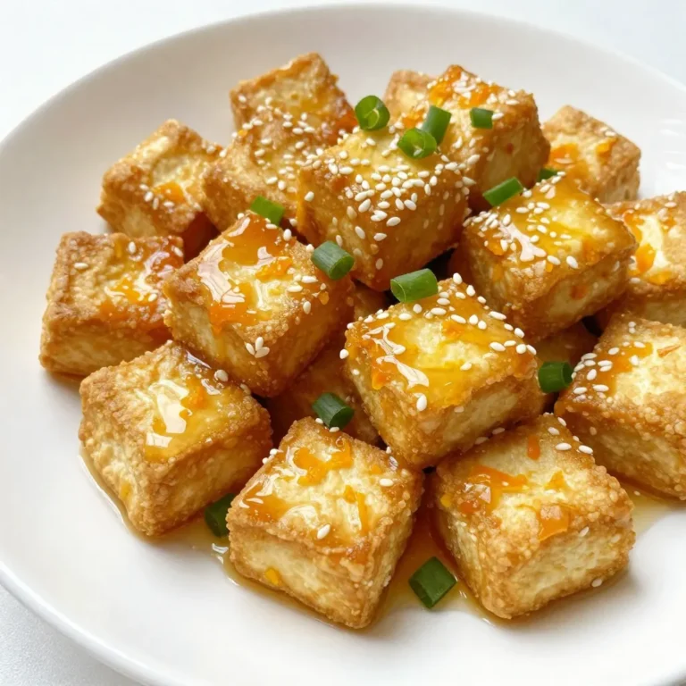 - 1 block firm tofu (14 oz), pressed and drained - 1/2 cup cornstarch - 1/4 cup honey - 1/4 cup fresh orange juice - Zest of 1 orange - 2 tablespoons soy sauce - 1 tablespoon fresh ginger, grated - 2 cloves garlic, minced - 1 tablespoon sesame oil - Salt to taste - Chopped green onions and sesame seeds for garnish In this recipe, firm tofu stands out. It holds its shape and absorbs flavors well. The cornstarch gives the tofu its crispy coating. Honey adds sweetness, while fresh orange juice brightens the dish. For seasonings, orange zest enhances the citrus flavor. Soy sauce adds umami. Fresh ginger and garlic create depth. Sesame oil brings a rich, nutty taste. Finally, garnishes like green onions and sesame seeds add freshness and crunch. {{ingredient_image_1}} To start, we need to press the tofu. This step removes excess water and helps the tofu get crispy. Wrap the tofu in a clean kitchen towel. Place a weight, like a heavy plate, on top. Let it sit for about 30 minutes. This makes a big difference in texture. After pressing, it’s time to cut the tofu. Slice it into bite-sized cubes. Aim for even pieces to ensure they cook at the same rate. Now we need to dredge the tofu in cornstarch. In a shallow dish, add 1/2 cup of cornstarch. Lightly sprinkle some salt for flavor. Take each tofu cube and coat it in cornstarch. Make sure to shake off any extra. This coating gives the tofu its crispy texture. For the best crispy coating, make sure the oil is hot before adding the tofu. This helps create a nice crunch. Next, we will fry the tofu in sesame oil. Heat a large skillet over medium-high heat. Add 1 tablespoon of sesame oil. Once hot, add the tofu cubes in a single layer. Cook them for about 3-4 minutes on each side. You want them golden brown and crispy. When done, move the tofu to paper towels to drain excess oil. Now it’s time for the orange sauce. In a small saucepan, combine the honey, orange zest, orange juice, soy sauce, grated ginger, and minced garlic. Bring this mixture to a simmer over medium heat. Let it cook for about 5 minutes. This will help it thicken slightly and blend the flavors. To finish, we need to coat the tofu in the orange sauce. Add the crispy tofu to the saucepan. Gently toss to coat each piece evenly. Cook for another 2-3 minutes until heated through. Finally, serve the dish immediately. Garnish with chopped green onions and sesame seeds for a touch of flair. Enjoy your crispy honey orange tofu! To get the best crispiness from your tofu, pressing is key. Pressing removes extra moisture. This helps the tofu fry better. Wrap your tofu in a clean towel. Then, place a weight on it for about 30 minutes. This simple step makes a big difference. Frying temperature is also important. Heat your sesame oil to medium-high. This ensures the tofu cooks evenly and gets crispy. If the oil is too cool, the tofu will soak up oil and become soggy. You can adjust the sweetness of the sauce. If you like it sweeter, add more honey. For a less sweet taste, use less honey. Play around with the sweetness to fit your taste. Want a kick? Add red chili flakes to the sauce. This gives your dish a nice heat. Just a pinch can transform the flavors. Pair your crispy honey orange tofu with rice or noodles. Both options soak up the sauce well. This makes each bite even more delicious. For presentation, serve it in a bowl. Sprinkle chopped green onions and sesame seeds on top. This adds color and crunch. You can also add orange slices for a fresh touch. Pro Tips Press Tofu Well: Ensure the tofu is pressed for at least 30 minutes to remove excess moisture, allowing it to absorb flavors better and achieve maximum crispiness. Use Fresh Ingredients: Fresh ginger and garlic elevate the dish's flavor. If possible, always opt for fresh over powdered or jarred alternatives. Control the Heat: Maintain a medium-high heat when cooking the tofu to achieve a perfect golden color without burning it. Adjust the heat as necessary during cooking. Garnish for Flavor: Don't skip the green onions and sesame seeds as they add not only a pop of color but also a delightful crunch and additional flavor to the dish. {{image_2}} You can swap honey for maple syrup or agave nectar. Both add sweetness. You might also try brown rice syrup. For sauces, teriyaki or peanut sauce works well. These add a new layer of flavor. They can change the whole dish. Consider adding bell peppers or broccoli. They add color and crunch. You can also use seasonal vegetables like zucchini or snap peas. This keeps the dish fresh and fun. Mixing in veggies boosts the meal's nutrition too. Get creative with how you serve this dish. You can turn it into a salad bowl. Just add greens, grains, and your crispy tofu on top. It’s a great lunch! You can also use the tofu in wraps or sandwiches. It adds protein and flavor. Try adding some fresh herbs to enhance the taste. To keep your crispy honey orange tofu fresh, store it in the fridge. Place it in an airtight container. This helps prevent moisture loss and keeps the tofu tasty. Use it within three days for the best flavor. If you have extra sauce, store it in a separate container. When it’s time to eat again, you want that crispy texture. The oven is the best choice. Preheat it to 375°F (190°C). Place the tofu on a baking sheet and heat for about 10 minutes. This keeps it crunchy. If you use the microwave, the tofu will get soft. Heat it on low for a short time if you must. You can freeze crispy honey orange tofu, but it changes texture. Freeze uncooked tofu for better results. Cut it into cubes before freezing. When ready to cook, thaw it in the fridge overnight. To prepare it, press it again to remove moisture. Then, cook as directed in the recipe. Yes, you can use extra-firm tofu for this recipe. It holds its shape well. This type has less moisture, which helps achieve that nice crispiness. Just remember to press it too. Pressing will remove any extra water and make it even better. Absolutely! You can use maple syrup or agave nectar instead. Both give a sweet flavor. They will work well in the orange sauce. Just swap them in a 1:1 ratio for the honey. To make this dish gluten-free, use gluten-free soy sauce or tamari. Check the cornstarch too, as most are gluten-free. This way, you can enjoy the dish without worry. Crispy Honey Orange Tofu pairs well with many sides. Try serving it with: - Steamed rice - Quinoa - Stir-fried veggies - Noodles These sides complement the flavors and add to the meal. Tofu is perfectly cooked when it is golden brown and crispy. It should feel firm and have a nice crunch on the outside. If you press it gently, it should spring back. This means it’s ready to enjoy! You now know how to make Crispy Honey Orange Tofu step by step. From selecting main ingredients to cooking methods, each stage is key to tasty results. You can easily adjust flavors with sauces or add veggies. Don't forget these tips for the best texture and taste. Store, reheat, or freeze to enjoy later. This dish is simple, fun, and perfect for everyone. Enjoy your cooking and impress your friends and family with this delicious meal!