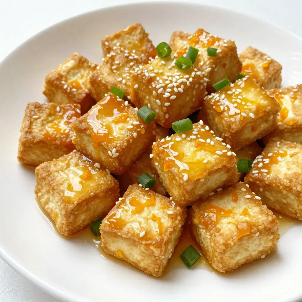 - 1 block firm tofu (14 oz), pressed and drained - 1/2 cup cornstarch - 1/4 cup honey - 1/4 cup fresh orange juice - Zest of 1 orange - 2 tablespoons soy sauce - 1 tablespoon fresh ginger, grated - 2 cloves garlic, minced - 1 tablespoon sesame oil - Salt to taste - Chopped green onions and sesame seeds for garnish In this recipe, firm tofu stands out. It holds its shape and absorbs flavors well. The cornstarch gives the tofu its crispy coating. Honey adds sweetness, while fresh orange juice brightens the dish. For seasonings, orange zest enhances the citrus flavor. Soy sauce adds umami. Fresh ginger and garlic create depth. Sesame oil brings a rich, nutty taste. Finally, garnishes like green onions and sesame seeds add freshness and crunch. {{ingredient_image_1}} To start, we need to press the tofu. This step removes excess water and helps the tofu get crispy. Wrap the tofu in a clean kitchen towel. Place a weight, like a heavy plate, on top. Let it sit for about 30 minutes. This makes a big difference in texture. After pressing, it’s time to cut the tofu. Slice it into bite-sized cubes. Aim for even pieces to ensure they cook at the same rate. Now we need to dredge the tofu in cornstarch. In a shallow dish, add 1/2 cup of cornstarch. Lightly sprinkle some salt for flavor. Take each tofu cube and coat it in cornstarch. Make sure to shake off any extra. This coating gives the tofu its crispy texture. For the best crispy coating, make sure the oil is hot before adding the tofu. This helps create a nice crunch. Next, we will fry the tofu in sesame oil. Heat a large skillet over medium-high heat. Add 1 tablespoon of sesame oil. Once hot, add the tofu cubes in a single layer. Cook them for about 3-4 minutes on each side. You want them golden brown and crispy. When done, move the tofu to paper towels to drain excess oil. Now it’s time for the orange sauce. In a small saucepan, combine the honey, orange zest, orange juice, soy sauce, grated ginger, and minced garlic. Bring this mixture to a simmer over medium heat. Let it cook for about 5 minutes. This will help it thicken slightly and blend the flavors. To finish, we need to coat the tofu in the orange sauce. Add the crispy tofu to the saucepan. Gently toss to coat each piece evenly. Cook for another 2-3 minutes until heated through. Finally, serve the dish immediately. Garnish with chopped green onions and sesame seeds for a touch of flair. Enjoy your crispy honey orange tofu! To get the best crispiness from your tofu, pressing is key. Pressing removes extra moisture. This helps the tofu fry better. Wrap your tofu in a clean towel. Then, place a weight on it for about 30 minutes. This simple step makes a big difference. Frying temperature is also important. Heat your sesame oil to medium-high. This ensures the tofu cooks evenly and gets crispy. If the oil is too cool, the tofu will soak up oil and become soggy. You can adjust the sweetness of the sauce. If you like it sweeter, add more honey. For a less sweet taste, use less honey. Play around with the sweetness to fit your taste. Want a kick? Add red chili flakes to the sauce. This gives your dish a nice heat. Just a pinch can transform the flavors. Pair your crispy honey orange tofu with rice or noodles. Both options soak up the sauce well. This makes each bite even more delicious. For presentation, serve it in a bowl. Sprinkle chopped green onions and sesame seeds on top. This adds color and crunch. You can also add orange slices for a fresh touch. Pro Tips Press Tofu Well: Ensure the tofu is pressed for at least 30 minutes to remove excess moisture, allowing it to absorb flavors better and achieve maximum crispiness. Use Fresh Ingredients: Fresh ginger and garlic elevate the dish's flavor. If possible, always opt for fresh over powdered or jarred alternatives. Control the Heat: Maintain a medium-high heat when cooking the tofu to achieve a perfect golden color without burning it. Adjust the heat as necessary during cooking. Garnish for Flavor: Don't skip the green onions and sesame seeds as they add not only a pop of color but also a delightful crunch and additional flavor to the dish. {{image_2}} You can swap honey for maple syrup or agave nectar. Both add sweetness. You might also try brown rice syrup. For sauces, teriyaki or peanut sauce works well. These add a new layer of flavor. They can change the whole dish. Consider adding bell peppers or broccoli. They add color and crunch. You can also use seasonal vegetables like zucchini or snap peas. This keeps the dish fresh and fun. Mixing in veggies boosts the meal's nutrition too. Get creative with how you serve this dish. You can turn it into a salad bowl. Just add greens, grains, and your crispy tofu on top. It’s a great lunch! You can also use the tofu in wraps or sandwiches. It adds protein and flavor. Try adding some fresh herbs to enhance the taste. To keep your crispy honey orange tofu fresh, store it in the fridge. Place it in an airtight container. This helps prevent moisture loss and keeps the tofu tasty. Use it within three days for the best flavor. If you have extra sauce, store it in a separate container. When it’s time to eat again, you want that crispy texture. The oven is the best choice. Preheat it to 375°F (190°C). Place the tofu on a baking sheet and heat for about 10 minutes. This keeps it crunchy. If you use the microwave, the tofu will get soft. Heat it on low for a short time if you must. You can freeze crispy honey orange tofu, but it changes texture. Freeze uncooked tofu for better results. Cut it into cubes before freezing. When ready to cook, thaw it in the fridge overnight. To prepare it, press it again to remove moisture. Then, cook as directed in the recipe. Yes, you can use extra-firm tofu for this recipe. It holds its shape well. This type has less moisture, which helps achieve that nice crispiness. Just remember to press it too. Pressing will remove any extra water and make it even better. Absolutely! You can use maple syrup or agave nectar instead. Both give a sweet flavor. They will work well in the orange sauce. Just swap them in a 1:1 ratio for the honey. To make this dish gluten-free, use gluten-free soy sauce or tamari. Check the cornstarch too, as most are gluten-free. This way, you can enjoy the dish without worry. Crispy Honey Orange Tofu pairs well with many sides. Try serving it with: - Steamed rice - Quinoa - Stir-fried veggies - Noodles These sides complement the flavors and add to the meal. Tofu is perfectly cooked when it is golden brown and crispy. It should feel firm and have a nice crunch on the outside. If you press it gently, it should spring back. This means it’s ready to enjoy! You now know how to make Crispy Honey Orange Tofu step by step. From selecting main ingredients to cooking methods, each stage is key to tasty results. You can easily adjust flavors with sauces or add veggies. Don't forget these tips for the best texture and taste. Store, reheat, or freeze to enjoy later. This dish is simple, fun, and perfect for everyone. Enjoy your cooking and impress your friends and family with this delicious meal!
