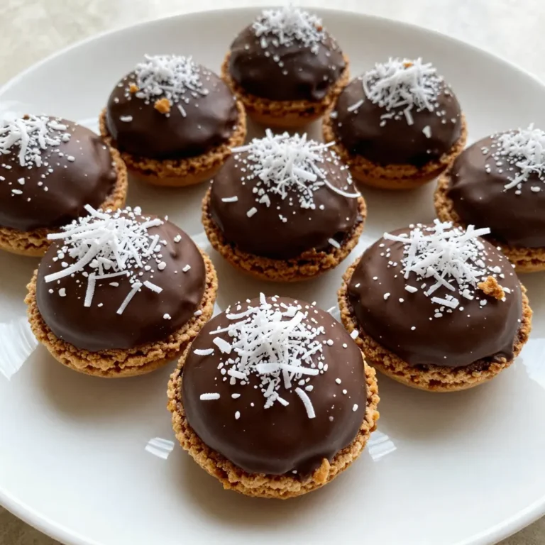 - 3 cups shredded unsweetened coconut - 1 cup sweetened condensed milk - 1 teaspoon vanilla extract - 2 large egg whites - 1/4 teaspoon salt - 6 ounces dark chocolate chips - 1 tablespoon coconut oil What can I use instead of shredded coconut? You can use desiccated coconut or finely grated coconut. Both options will work well. What if I don't have sweetened condensed milk? You can make your own by simmering milk with sugar until it thickens. Or use coconut cream mixed with sugar for a similar taste. Are there vegan alternatives for egg whites? Yes! You can use aquafaba, which is the liquid from canned chickpeas. Three tablespoons of aquafaba equal one egg white. {{ingredient_image_1}} 1. Preheat your oven to 350°F (175°C). This step is key for even baking. 2. Line a baking sheet with parchment paper. This helps prevent sticking later. 3. In a large bowl, mix 3 cups of shredded unsweetened coconut, 1 cup of sweetened condensed milk, 1 teaspoon of vanilla extract, and 1/4 teaspoon of salt. Stir until everything is well combined. 1. In a separate, clean bowl, take 2 large egg whites. 2. Use an electric mixer to beat the egg whites. Beat until soft peaks form. This means the mixture will hold a shape but still be soft. 3. Be careful not to overbeat. You want fluffy egg whites that will add lift to your macaroons. 1. Gently fold the whipped egg whites into the coconut mix. Do this slowly to keep the air in the egg whites. 2. Use a tablespoon or cookie scoop to drop mounds of the mixture onto the prepared baking sheet. Space them about 1 inch apart. 3. Bake in your preheated oven for about 15-20 minutes. Look for the edges to turn golden brown. 4. Once done, take them out and let them cool on the baking sheet for a few minutes. Then, transfer them to a wire rack to cool completely. Following these steps will lead you to delicious, golden-brown chocolate-dipped coconut macaroons! To get the best texture and flavor, follow a few key steps. First, use shredded unsweetened coconut. This gives your macaroons a pure coconut taste. Sweetened condensed milk adds sweetness, so don’t skip it. Make sure to mix the coconut, milk, vanilla, and salt well. This blend is the base of your macaroons. When you whip the egg whites, beat them until soft peaks form. This adds lightness to your macaroons. Gently fold the egg whites into the coconut mix. You want to keep the air in the egg whites. This helps the macaroons rise nicely in the oven. Avoid overmixing the egg whites. If you mix too long, they become flat. Your macaroons will not be fluffy. Also, pay close attention to baking times. If you bake them too long, they can turn hard. Aim for a golden brown edge, about 15 to 20 minutes. If you take them out too soon, they may fall apart. Always let them cool a bit on the baking sheet before moving them. Presentation adds charm to your macaroons. Arrange them on a colorful platter for a pop of color. You can sprinkle shredded coconut or cocoa powder on top for flair. Drizzling extra melted chocolate on top makes them look even better. These small touches can make your macaroons stand out. They will impress your guests and elevate any gathering. Enjoy serving your lovely treats! Pro Tips Use Fresh Coconut: For an even more flavorful macaroon, try using freshly grated coconut instead of packaged shredded coconut. Stiff Peaks for Egg Whites: Ensure your egg whites are beaten to stiff peaks for a light and airy texture in the macaroons. Chocolate Quality Matters: Choose high-quality dark chocolate for dipping to enhance the flavor and ensure a smooth coating. Cooling Time: Allow the macaroons to cool completely before dipping in chocolate to prevent melting and ensure a clean dip. {{image_2}} You can add fun flavors to your macaroons. Try adding almond or mint extract for a twist. Just one teaspoon can change the taste. A hint of almond gives a nutty flavor. Mint extract adds a refreshing touch. Experiment and find your favorite! Change up the chocolate coating to make your macaroons unique. You can use milk or white chocolate instead of dark chocolate. Each type brings a different taste. You can also roll the macaroons in chopped nuts or colorful sprinkles. This adds crunch and visual appeal. Want a healthier version? Make gluten-free macaroons! The main ingredients are already gluten-free. For sugar-free options, use sugar-free sweetened condensed milk. This way, you can enjoy the treat without the sugar. These changes keep the macaroons delicious while fitting different diets. To keep your chocolate dipped coconut macaroons fresh, store them in an airtight container. This helps prevent moisture and keeps them crispy. Layer parchment paper between the macaroons to avoid sticking. You can also refrigerate them. Place them in an airtight container, and they will stay fresh for about a week. If you want to store them longer, freezing is a great option. Wrap each macaroon in plastic wrap, then place them in a freezer bag. This method preserves their taste and texture. How long do macaroons last? When stored properly, chocolate dipped coconut macaroons can last about one week in the fridge. In the freezer, they can last up to three months. Just remember to let them thaw in the fridge before enjoying. This will help keep them soft and tasty. Coconut macaroons are sweet treats made from shredded coconut, egg whites, and sweetened condensed milk. They have a chewy texture and a rich coconut flavor. Coconut macaroons differ from macarons, which are delicate almond meringue cookies filled with cream. Macaroons are denser and more rustic, while macarons are light and airy. Remember, macaroons are often dipped in chocolate for extra joy! Yes, you can make coconut macaroons ahead of time. Once baked and cooled, store them in an airtight container. They stay fresh for about a week at room temperature. If you want to keep them longer, place them in the fridge for up to two weeks. You can also freeze them for up to three months. To reheat, just let them sit at room temperature for a bit before enjoying. You can find chocolate-dipped coconut macaroons at many local bakeries and specialty stores. Look for shops that focus on treats or desserts. If you prefer online shopping, websites like Amazon or specialty dessert shops offer delicious options. Be sure to check reviews to find quality treats that taste great! In this blog post, we explored how to make delicious coconut macaroons. You learned about the key ingredients, step-by-step instructions, and helpful tips. We discussed ingredient swaps and variations to suit your taste. Storing tips ensure you keep them fresh longer. Remember, creating the perfect macaroon takes practice. Avoid common mistakes and experiment with flavors. With these ideas, you can craft treats that impress everyone. Enjoy your baking and have fun sharing your tasty creations!
