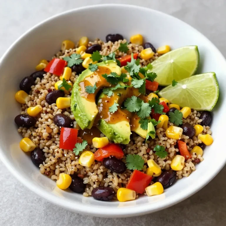 For the Chipotle Lime Quinoa Salad, you will need: - 1 cup quinoa, rinsed - 2 cups vegetable broth - 1 can (15 oz) black beans, rinsed and drained - 1 cup corn kernels (fresh or frozen) - 1 red bell pepper, diced - 1/2 red onion, finely chopped - 1/4 cup cilantro, chopped - 2 avocados, diced - Juice of 2 limes - 2 tablespoons olive oil - 1 tablespoon chipotle pepper in adobo sauce (finely chopped) - Salt and pepper to taste Each ingredient serves a purpose. If you don’t have quinoa, use brown rice. For beans, any type will work. If you want more crunch, add cucumber. Swap lime juice with lemon juice for a different taste. You can use fresh corn or frozen; both are good. Quinoa is a super grain. It has protein and fiber, making it filling. Black beans are great for heart health. They add protein and iron. Corn gives sweetness and vitamins. Bell peppers add crunch and vitamin C. Avocados offer healthy fats and fiber. Cilantro is fresh and adds flavor. This salad is not just tasty; it’s good for your body! {{ingredient_image_1}} First, rinse the quinoa under cold water. This removes the bitter coating. In a medium saucepan, combine the rinsed quinoa and vegetable broth. Bring it to a boil over medium-high heat. Once it boils, lower the heat to low. Cover the pot and let it simmer for about 15 minutes. The liquid should absorb fully. After it’s done, fluff the quinoa with a fork and let it cool. In a small bowl, mix the juice of two limes with olive oil. Next, add the finely chopped chipotle pepper from the adobo sauce. Stir in a pinch of salt and pepper. Whisk everything together until it blends well. This dressing brings a zesty kick to your salad. In a large mixing bowl, combine black beans, corn, diced red bell pepper, finely chopped red onion, and chopped cilantro. Once the quinoa has cooled, add it to this bowl. Drizzle the dressing over the top. Gently mix all the ingredients together until they are well combined. Just before serving, fold in the diced avocados. This keeps them fresh and intact. Taste your salad and adjust the seasoning if you need to. Enjoy your fresh and flavorful Chipotle Lime Quinoa Salad! To fluff quinoa, you need to cook it properly first. After boiling, reduce the heat and cover it. Let it simmer for about 15 minutes. When done, take it off the heat and let it sit. Use a fork to fluff it gently. This helps keep the grains separate and light. To store leftover salad, place it in an airtight container. Make sure to keep it in the fridge. It stays fresh for about 2 to 3 days. If you added avocado, it may brown faster. To slow this down, sprinkle some lime juice on top. This helps keep the color nice and bright. If you want more heat, add extra chipotle pepper. Start with a small amount, then taste the salad. You can always add more, but it’s hard to take it out. For less heat, use less chipotle. You can also mix in some sour cream or yogurt. This cools down the spice while adding creaminess. Pro Tips Use Fresh Herbs: Fresh cilantro adds a vibrant flavor to the salad, but you can also experiment with other herbs like parsley or mint for a different twist. Adjusting Spice Levels: If you're sensitive to heat, start with half the amount of chipotle pepper and gradually add more to find your perfect spice level. Customizable Ingredients: Feel free to add other veggies such as diced cucumber or cherry tomatoes for extra crunch and flavor. Make Ahead: This salad can be made ahead of time and stored in the refrigerator for up to 2 days. Just add the avocados right before serving to keep them fresh. {{image_2}} You can add protein to your Chipotle Lime Quinoa Salad to make it heartier. Chicken is a great choice. Grilled chicken adds a nice flavor and texture. Simply cube cooked chicken and mix it in. If you prefer a plant-based option, try tofu. Firm tofu works best. Press it to remove extra moisture, then cube it. Sauté the tofu until golden brown before adding it to the salad. Both options will boost protein and make the dish more filling. You can also change up the salad with seasonal vegetables. In summer, add fresh tomatoes for sweetness. They bring a burst of color too. In fall, roasted sweet potatoes are a wonderful choice. Their warmth adds depth to the salad. You can even toss in some zucchini or squash during spring. The key is to use what is fresh and in season to enhance flavor and nutrition. If you want to shake things up, try different dressings. A honey-lime dressing adds a sweet twist. Mix honey with lime juice and olive oil for a zesty blend. You can also use a yogurt-based dressing for creaminess. Just mix plain yogurt with lime juice and herbs. For a tangy kick, try a vinaigrette made of balsamic vinegar and olive oil. Each dressing changes the taste, so experiment to find your favorite! To keep your Chipotle Lime Quinoa Salad fresh, store it in an airtight container. Make sure the salad cools before sealing it. This helps keep the flavors intact. If you have leftovers, place them in the fridge right away. The cool temperature slows down spoilage. The salad can last in the fridge for about three to five days. However, some ingredients have shorter lives. For example, the avocados may brown after a day. To keep them fresh, consider adding them just before serving. The other components, like quinoa and beans, hold up well longer. You can freeze the quinoa salad without the avocados. This way, they stay fresh when you serve it later. Use a freezer-safe container or a zip-top bag. When you want to enjoy it again, thaw it in the fridge overnight. Heat it gently if you prefer it warm. Always add fresh avocado before serving for the best taste. Yes, you can make this salad ahead of time. It tastes great cold and stays fresh. Store it in the fridge for up to three days. The flavors blend well as it sits. Just add the avocados right before serving to keep them fresh. If you want to swap quinoa, try brown rice or couscous. Both options work well and have a nice texture. You can also use farro or bulgur for a different flavor. Just adjust the cooking time based on your choice. Absolutely! This salad is perfect for meal prep. It holds up well in the fridge. You can pack it in containers for lunch or dinner. Just keep the dressing separate until you're ready to eat. This keeps everything fresh and crunchy. This salad is already mostly vegan! Just ensure the vegetable broth is vegan. You can also add more veggies or legumes for protein. Consider using chickpeas instead of black beans for a tasty twist. Enjoy your meal with a vegan-friendly dish! This blog explored the key ingredients, cooking steps, and storage tips for a Chipotle Lime Quinoa Salad. You learned how to fluff quinoa and adjust flavors. I shared ideas for protein additions and tips for making the salad ahead of time. Incorporating these steps will help you create a delicious, healthy dish. Enjoy your cooking journey!