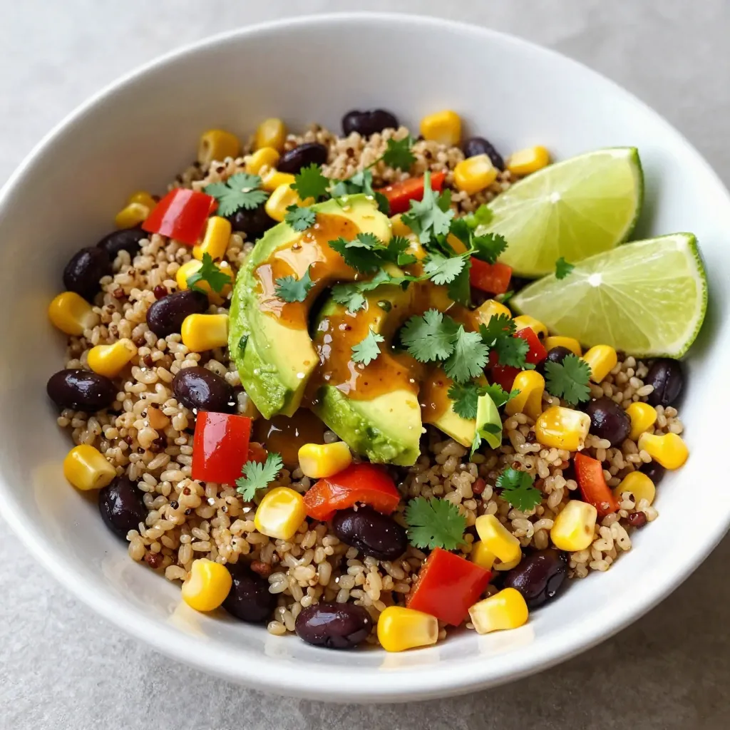 For the Chipotle Lime Quinoa Salad, you will need: - 1 cup quinoa, rinsed - 2 cups vegetable broth - 1 can (15 oz) black beans, rinsed and drained - 1 cup corn kernels (fresh or frozen) - 1 red bell pepper, diced - 1/2 red onion, finely chopped - 1/4 cup cilantro, chopped - 2 avocados, diced - Juice of 2 limes - 2 tablespoons olive oil - 1 tablespoon chipotle pepper in adobo sauce (finely chopped) - Salt and pepper to taste Each ingredient serves a purpose. If you don’t have quinoa, use brown rice. For beans, any type will work. If you want more crunch, add cucumber. Swap lime juice with lemon juice for a different taste. You can use fresh corn or frozen; both are good. Quinoa is a super grain. It has protein and fiber, making it filling. Black beans are great for heart health. They add protein and iron. Corn gives sweetness and vitamins. Bell peppers add crunch and vitamin C. Avocados offer healthy fats and fiber. Cilantro is fresh and adds flavor. This salad is not just tasty; it’s good for your body! {{ingredient_image_1}} First, rinse the quinoa under cold water. This removes the bitter coating. In a medium saucepan, combine the rinsed quinoa and vegetable broth. Bring it to a boil over medium-high heat. Once it boils, lower the heat to low. Cover the pot and let it simmer for about 15 minutes. The liquid should absorb fully. After it’s done, fluff the quinoa with a fork and let it cool. In a small bowl, mix the juice of two limes with olive oil. Next, add the finely chopped chipotle pepper from the adobo sauce. Stir in a pinch of salt and pepper. Whisk everything together until it blends well. This dressing brings a zesty kick to your salad. In a large mixing bowl, combine black beans, corn, diced red bell pepper, finely chopped red onion, and chopped cilantro. Once the quinoa has cooled, add it to this bowl. Drizzle the dressing over the top. Gently mix all the ingredients together until they are well combined. Just before serving, fold in the diced avocados. This keeps them fresh and intact. Taste your salad and adjust the seasoning if you need to. Enjoy your fresh and flavorful Chipotle Lime Quinoa Salad! To fluff quinoa, you need to cook it properly first. After boiling, reduce the heat and cover it. Let it simmer for about 15 minutes. When done, take it off the heat and let it sit. Use a fork to fluff it gently. This helps keep the grains separate and light. To store leftover salad, place it in an airtight container. Make sure to keep it in the fridge. It stays fresh for about 2 to 3 days. If you added avocado, it may brown faster. To slow this down, sprinkle some lime juice on top. This helps keep the color nice and bright. If you want more heat, add extra chipotle pepper. Start with a small amount, then taste the salad. You can always add more, but it’s hard to take it out. For less heat, use less chipotle. You can also mix in some sour cream or yogurt. This cools down the spice while adding creaminess. Pro Tips Use Fresh Herbs: Fresh cilantro adds a vibrant flavor to the salad, but you can also experiment with other herbs like parsley or mint for a different twist. Adjusting Spice Levels: If you're sensitive to heat, start with half the amount of chipotle pepper and gradually add more to find your perfect spice level. Customizable Ingredients: Feel free to add other veggies such as diced cucumber or cherry tomatoes for extra crunch and flavor. Make Ahead: This salad can be made ahead of time and stored in the refrigerator for up to 2 days. Just add the avocados right before serving to keep them fresh. {{image_2}} You can add protein to your Chipotle Lime Quinoa Salad to make it heartier. Chicken is a great choice. Grilled chicken adds a nice flavor and texture. Simply cube cooked chicken and mix it in. If you prefer a plant-based option, try tofu. Firm tofu works best. Press it to remove extra moisture, then cube it. Sauté the tofu until golden brown before adding it to the salad. Both options will boost protein and make the dish more filling. You can also change up the salad with seasonal vegetables. In summer, add fresh tomatoes for sweetness. They bring a burst of color too. In fall, roasted sweet potatoes are a wonderful choice. Their warmth adds depth to the salad. You can even toss in some zucchini or squash during spring. The key is to use what is fresh and in season to enhance flavor and nutrition. If you want to shake things up, try different dressings. A honey-lime dressing adds a sweet twist. Mix honey with lime juice and olive oil for a zesty blend. You can also use a yogurt-based dressing for creaminess. Just mix plain yogurt with lime juice and herbs. For a tangy kick, try a vinaigrette made of balsamic vinegar and olive oil. Each dressing changes the taste, so experiment to find your favorite! To keep your Chipotle Lime Quinoa Salad fresh, store it in an airtight container. Make sure the salad cools before sealing it. This helps keep the flavors intact. If you have leftovers, place them in the fridge right away. The cool temperature slows down spoilage. The salad can last in the fridge for about three to five days. However, some ingredients have shorter lives. For example, the avocados may brown after a day. To keep them fresh, consider adding them just before serving. The other components, like quinoa and beans, hold up well longer. You can freeze the quinoa salad without the avocados. This way, they stay fresh when you serve it later. Use a freezer-safe container or a zip-top bag. When you want to enjoy it again, thaw it in the fridge overnight. Heat it gently if you prefer it warm. Always add fresh avocado before serving for the best taste. Yes, you can make this salad ahead of time. It tastes great cold and stays fresh. Store it in the fridge for up to three days. The flavors blend well as it sits. Just add the avocados right before serving to keep them fresh. If you want to swap quinoa, try brown rice or couscous. Both options work well and have a nice texture. You can also use farro or bulgur for a different flavor. Just adjust the cooking time based on your choice. Absolutely! This salad is perfect for meal prep. It holds up well in the fridge. You can pack it in containers for lunch or dinner. Just keep the dressing separate until you're ready to eat. This keeps everything fresh and crunchy. This salad is already mostly vegan! Just ensure the vegetable broth is vegan. You can also add more veggies or legumes for protein. Consider using chickpeas instead of black beans for a tasty twist. Enjoy your meal with a vegan-friendly dish! This blog explored the key ingredients, cooking steps, and storage tips for a Chipotle Lime Quinoa Salad. You learned how to fluff quinoa and adjust flavors. I shared ideas for protein additions and tips for making the salad ahead of time. Incorporating these steps will help you create a delicious, healthy dish. Enjoy your cooking journey!