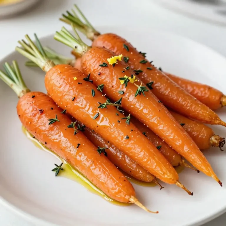 To make garlic herb roasted carrots, you need simple and fresh ingredients. Here’s what you need: - 1 pound baby carrots, peeled - 3 tablespoons olive oil - 4 cloves garlic, minced - 2 teaspoons fresh thyme, chopped - 2 teaspoons fresh rosemary, chopped - 1 teaspoon honey (optional) - Salt and pepper to taste - Zest of 1 lemon These ingredients bring great flavor to the dish. The baby carrots are sweet and tender. Olive oil helps to roast them nicely. Garlic adds a strong, rich taste. Thyme and rosemary bring in fresh herbs that make this dish special. Honey can add a hint of sweetness, but it’s optional. Lastly, lemon zest brightens up the flavors. Gather these ingredients before you start cooking. It makes the cooking process smooth and fun. Enjoy the colorful and tasty meal you will create! {{ingredient_image_1}} Start by preheating your oven to 425°F (220°C). This step is key for crispy, tasty carrots. While the oven warms up, line a baking sheet with parchment paper. This will help with easy cleanup later. Next, take 1 pound of baby carrots and peel them. Put the peeled carrots in a large bowl. Add 3 tablespoons of olive oil, 4 minced garlic cloves, 2 teaspoons of chopped thyme, and 2 teaspoons of chopped rosemary. If you like a touch of sweetness, add 1 teaspoon of honey. Sprinkle in some salt and pepper to taste. Toss everything together until the carrots are well-coated with the mix. Now, spread the coated carrots on the prepared baking sheet. Make sure they sit in a single layer. This helps them roast evenly. Place the baking sheet in the preheated oven. Roast the carrots for 25-30 minutes or until they become tender and slightly caramelized. Halfway through, turn the carrots for even browning. After the carrots are done roasting, take them out of the oven. Sprinkle the zest of 1 lemon over the hot carrots. Toss them gently to mix in the zest. Serve the garlic herb roasted carrots hot. You can add more fresh herbs on top if you want. Enjoy this simple and flavorful dish! Choose baby carrots for this dish. They are sweet and tender. Look for bright, firm carrots without blemishes. Fresh carrots have a rich color and a crisp feel. If you can, buy organic. They often taste better and are better for you. Roasting carrots at 425°F (220°C) gives them a lovely caramelization. This temperature helps to enhance their natural sweetness. Spread the carrots in a single layer on the baking sheet. This ensures even roasting. Turn them halfway through cooking. This helps them cook evenly and get golden brown. You can mix in other herbs to boost flavors. Try parsley or dill for different tastes. If you want a bit more kick, add red pepper flakes. A sprinkle of fresh herbs after roasting brightens the dish. You can also swap lemon zest for orange zest for a sweet twist. Pro Tips Choose Fresh Carrots: For the best flavor and texture, select firm, vibrant baby carrots. Fresh carrots will have a sweeter taste and better caramelization. Don’t Skip the Honey: Adding a touch of honey enhances the natural sweetness of the carrots and helps achieve a beautiful caramelization. Use a Single Layer: Make sure the carrots are spread in a single layer on the baking sheet. This allows for even roasting and prevents steaming. Experiment with Herbs: Feel free to mix different herbs such as parsley or dill to customize the flavor profile to your liking. {{image_2}} You can change the flavor by adjusting the seasonings. Try adding more or less garlic to fit your taste. If you like a bit of sweetness, add a bit more honey. You can also swap the fresh herbs. Use parsley or dill for a different flavor. This dish is not just for carrots. You can roast other veggies, too! Try baby potatoes or Brussels sprouts. Just remember to cut them to the same size as the carrots. This way, they cook evenly. Mix in bell peppers for a pop of color and taste. Want a bit more heat? Add some red pepper flakes to the mix. You can also use smoked paprika for a warm, smoky flavor. For a Mediterranean twist, try cumin or coriander. These spices can take your roasted veggies to a new level! Once you finish your garlic herb roasted carrots, let them cool. Place them in an airtight container. They will stay fresh in the fridge for up to four days. If you want them to last longer, avoid adding lemon zest until you're ready to eat. To reheat, use your oven or microwave. If you choose the oven, preheat it to 350°F. Spread the carrots on a baking sheet. Heat them for about 10 to 15 minutes. This method keeps them crispy. If you use the microwave, warm them for 1 to 2 minutes. Stir halfway to heat evenly. You can freeze roasted carrots, but they may lose some texture. To freeze, let them cool completely. Spread them in a single layer on a baking sheet. Freeze for 1-2 hours until solid. Then, transfer the carrots to a freezer bag. They will stay good for up to three months. When ready to eat, just reheat them from frozen in the oven. Yes, you can use regular carrots. Just cut them into similar sizes. This helps them cook evenly. Baby carrots are sweeter and cook faster. Regular carrots may take a bit longer to roast. Garlic herb roasted carrots pair well with many dishes. You can serve them with roasted chicken or grilled fish. They also work great with rice or quinoa. Add them to a salad for extra flavor. Check for tenderness with a fork. The carrots should be soft and slightly caramelized. They may also have some golden brown spots. If they are still firm, roast them a bit longer. Garlic herb roasted carrots are simple, tasty, and healthy. You learned the ingredients, steps, and tips for this dish. Remember, fresh herbs can boost the flavor. You can also mix in other veggies or spices to change it up. Store leftovers properly and enjoy them later. Cooking should be fun and flexible, so don't be afraid to experiment. Enjoy the delicious taste of your garlic herb roasted carrots!
