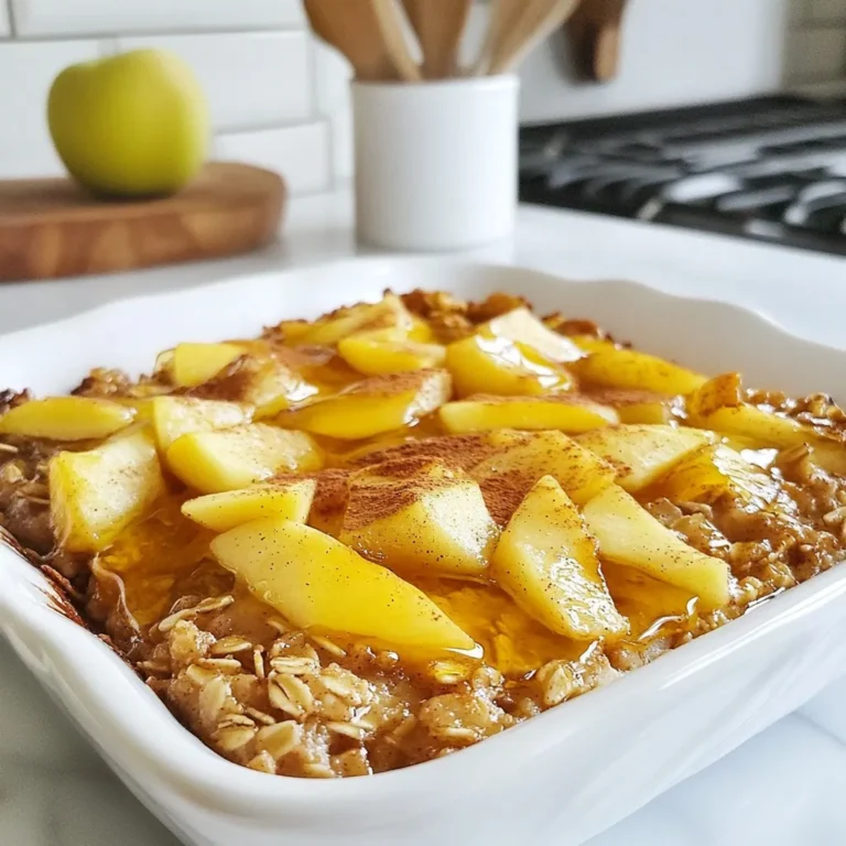 To make Apple Cinnamon Baked Oatmeal, you need some key ingredients. Here’s what you’ll need: - 2 cups rolled oats - 1 ½ cups milk (dairy or plant-based) - 2 medium apples, peeled, cored, and diced - 1/3 cup maple syrup or honey - 1 teaspoon vanilla extract - 1 teaspoon ground cinnamon - 1/2 teaspoon baking powder - 1/4 teaspoon salt These ingredients create a warm and tasty dish. The oats give texture, while the apples add sweetness. You can really customize this recipe with some fun add-ins. Here are some options: - 1/2 cup walnuts or pecans, chopped - 1/4 cup raisins or dried cranberries - Fresh apple slices for topping - A sprinkle of cinnamon for extra flavor These extras can boost taste and crunch. They also make your baked oatmeal more fun! If you have special dietary needs, you can still enjoy this dish. Here are some easy swaps: - For a dairy-free option, use almond milk or oat milk. - If you need gluten-free oats, make sure to buy certified gluten-free rolled oats. - Swap maple syrup with agave syrup for a vegan option. These substitutions keep the dish tasty while fitting your diet. Enjoy creating your perfect Apple Cinnamon Baked Oatmeal! {{ingredient_image_1}} Start by preheating your oven to 350°F (175°C). While the oven warms up, take an 8x8 inch baking dish. Lightly grease it with oil or butter. This helps the oatmeal come out easily later. In a large mixing bowl, combine 2 cups of rolled oats, 1/2 teaspoon of baking powder, 1 teaspoon of ground cinnamon, and 1/4 teaspoon of salt. Stir these ingredients well. Make sure everything mixes evenly. This helps the flavors blend as you cook. In another bowl, pour in 1 ½ cups of milk. You can use dairy or plant-based milk. Then add 1/3 cup of maple syrup or honey. Don’t forget to add 1 teaspoon of vanilla extract. Mix these until they are well combined. This mixture adds sweetness and depth. Now, take 2 medium apples. Peel, core, and dice them into small pieces. Add these apples to the dry mix. Then, pour in the wet mixture. Stir gently, ensuring the oats coat well and the apples spread throughout. If you like, fold in 1/2 cup of chopped walnuts or pecans and 1/4 cup of raisins or dried cranberries for extra flavor. Pour the entire mixture into the prepared baking dish. Spread it out evenly with a spatula. Place it into the oven and bake for about 30 to 35 minutes. You want the top to turn lightly golden. Once it’s done, take it out and let it cool for a few minutes. This makes slicing easier. Serve warm, and enjoy the cozy flavors! To make your Apple Cinnamon Baked Oatmeal even better, add a pinch of nutmeg. This spice pairs well with cinnamon. You can also toast the nuts before mixing. Toasting brings out their natural oils and deepens their flavor. For a creamier texture, use full-fat milk or a rich plant-based milk. If you want more fruit, add an extra apple or some chopped pears. Fresh fruit will make it sweet and juicy. After baking, let the oatmeal cool completely before storing it. Use an airtight container for the best results. It will stay fresh in the fridge for up to five days. When you're ready to eat, you can reheat it in the microwave. Heat for about 30-60 seconds, or until warm. For a crispy top, pop it in the oven at 350°F for about 10 minutes. To make this recipe gluten-free, use certified gluten-free oats. These oats are safe for those with gluten allergies. For a dairy-free option, choose almond milk or coconut milk. Both will keep the dish creamy and delicious. You can also swap maple syrup for agave nectar if you prefer a different sweetener. Pro Tips Choose the Right Apples: For the best flavor and texture, use a mix of sweet and tart apples, such as Granny Smith and Honeycrisp. Customize Your Sweetness: Adjust the amount of maple syrup or honey based on the sweetness of your apples and personal preference. Make It Ahead: Prepare the oatmeal mixture the night before, cover it, and refrigerate. Just bake it in the morning for a quick breakfast! Add Protein: For a heartier dish, consider adding a scoop of protein powder or a dollop of Greek yogurt when serving. {{image_2}} You can change the fruit in this recipe to suit your taste. Try using ripe bananas for a creamy texture. Blueberries add a sweet burst of flavor. You can also use pears for a different twist. All these fruits blend well with oats and spices. Maple syrup and honey are great, but you can try other sweeteners too. Brown sugar gives a rich flavor. Agave nectar is a nice option for a vegan choice. You can even use mashed bananas for natural sweetness. Just adjust the amount to your liking. Mixing in spices can create exciting flavors. Consider adding nutmeg for warmth. A touch of ginger gives a nice kick. You can also add a splash of almond extract for a nutty taste. Experiment with these combinations to find your favorite blend. To keep your Apple Cinnamon Baked Oatmeal fresh, let it cool first. Then, cover it with plastic wrap or foil. You can also put it in an airtight container. Store it in the fridge for up to five days. Make sure to check for any off smells before eating. If you want to freeze it, cut the baked oatmeal into squares. Wrap each piece in plastic wrap, then place them in a freezer-safe bag. You can freeze the oatmeal for up to three months. Label the bag with the date, so you know when you made it. To reheat, you have a couple of options. For the microwave, place a piece on a plate and cover it. Heat it for about 30 seconds to 1 minute. For the oven, preheat it to 350°F (175°C). Place the oatmeal in an oven-safe dish and cover it with foil. Heat it for about 10-15 minutes until warm. You can add a splash of milk for extra moisture if you like. Yes, you can make it ahead. Bake it, let it cool, and store it in the fridge. This dish tastes great the next day. Just reheat it in the oven or microwave. Absolutely! This recipe is perfect for meal prep. You can make a big batch. Portion it into containers for easy grab-and-go breakfasts. It saves time on busy mornings. You can use steel-cut oats, but the texture will change. Steel-cut oats take longer to cook. If you use them, add more liquid and increase bake time. Rolled oats give a softer texture. Check if the top is lightly golden. Insert a toothpick into the center. If it comes out clean, it’s done. The mixture should be set and not too wet. I love topping it with fresh apple slices and a sprinkle of cinnamon. You can also add nuts or a drizzle of maple syrup. Yogurt or whipped cream makes it extra special. Apple Cinnamon Baked Oatmeal is a tasty and easy dish. We covered key ingredients, step-by-step instructions, and helpful tips. You learned about various mix-ins, toppings, and how to store leftovers. This dish can fit many diets and preferences. Use these ideas to make it your own. Enjoy baking and sharing this delightful meal. Keep experimenting with flavors and find what you love. Remember, cooking should be fun and satisfying!