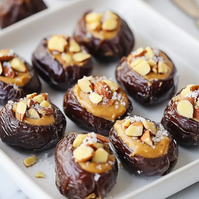 - 12 large Medjool dates, pitted - 1/2 cup creamy or crunchy peanut butter - 1/4 cup chopped roasted almonds (or any nuts of your choice) - 1 tablespoon honey or maple syrup (optional for extra sweetness) - A pinch of sea salt - Dark chocolate chips or cacao nibs for drizzling (optional) You can swap almonds for other nuts like walnuts or pecans. You might even add seeds for more crunch. If you want a sweeter treat, use more honey or maple syrup. Drizzling dark chocolate adds a rich layer, but it's not a must. Peanut Butter Stuffed Dates are tasty and good for you. Each stuffed date has about 120 calories. They give you healthy fats from the peanut butter and nuts. Dates are high in fiber and natural sugars. This snack helps keep your energy up without a sugar crash. Adding honey or chocolate can change the calorie count, but it still stays a nice treat. {{ingredient_image_1}} First, gather your Medjool dates. You will need 12 large ones. Make sure they are pitted. If you see any pits, remove them. Next, slice each date lengthwise. Be careful not to cut all the way through. You want to create a pocket for the filling. This step is key to holding all the yumminess inside. Now, take a small bowl. In it, add 1/2 cup of peanut butter. You can use creamy or crunchy, based on your taste. Then, add 1/4 cup of chopped roasted almonds. If you like, you can choose any nuts you prefer. For a touch of sweetness, mix in 1 tablespoon of honey or maple syrup. This is optional but tasty. Finally, add a pinch of sea salt to boost the flavor. Stir everything until it is well combined and smooth. Next, it’s time to fill those dates. Take a teaspoon and scoop the filling. Gently press the mixture into each date pocket. Make sure to fill them well, but don’t overstuff. If you want warm dates, preheat your oven to 350°F (180°C). Place the stuffed dates on a baking tray lined with parchment paper. Bake them for 5 to 7 minutes. You want them to be warm and soft. If you like, drizzle melted dark chocolate or sprinkle cacao nibs on top. Let them cool before serving. Enjoy your sweet snack! When choosing peanut butter, you have two main types: creamy and crunchy. I love creamy peanut butter for its smooth texture. You can spread it easier in the dates. Crunchy peanut butter adds a fun bite. It gives your stuffed dates a nice texture. For a twist, try natural or organic peanut butter. Just make sure it has no added sugar or oils. The pure taste will shine through. Toppings can take your dates to the next level. I like to drizzle dark chocolate over the top. It adds rich flavor and makes the dates look fancy. You can also sprinkle chopped roasted almonds or other nuts on top. A pinch of sea salt brings out the sweetness. If you want a tropical twist, try shredded coconut. These extras make your dates not just tasty but beautiful too. Serving your peanut butter stuffed dates is all about the look. Use a nice platter to arrange them. You can dust with a little sea salt for flair. If you use coconut, sprinkle it on top for a pop of color. Adding a few whole almonds around the dates makes it feel special. These simple touches make your snack feel like a treat, perfect for sharing! Pro Tips Choose the Right Dates: Opt for large Medjool dates for their natural sweetness and chewy texture, which complement the peanut butter perfectly. Nut Variations: Feel free to experiment with different nuts, such as walnuts or pecans, to customize the flavor and texture of your stuffed dates. Serving Suggestions: Pair these stuffed dates with a cup of tea or coffee for a delightful afternoon snack or serve them as a healthy dessert option. Storage Tips: Store any leftovers in an airtight container in the fridge for up to a week; they make a great grab-and-go snack! {{image_2}} You can swap out peanut butter for other nut butters. Almond butter works well and adds a nice flavor. Cashew butter is creamy and sweet. Sunflower seed butter is a great choice too. It’s nut-free and still tasty. Each nut butter gives a unique taste. Try them all to find your favorite. Adding extra items to your filling can make these dates even better. You can mix in: - Chopped dried fruit like apricots or cranberries - Shredded coconut for a tropical twist - A sprinkle of cinnamon for warmth - Mini chocolate chips for extra sweetness Feel free to get creative! Each add-in changes the flavor and texture. You can find a mix that you love. If you want your stuffed dates sweeter, try different sweeteners. Honey adds a nice touch, but maple syrup is a great choice too. Agave nectar is another sweet option. If you prefer no added sugar, skip the sweetener altogether. The dates are naturally sweet! Choose what you like best to suit your taste. To keep your peanut butter stuffed dates fresh, store them in an airtight container. This helps prevent them from drying out. Place a piece of parchment paper between layers if you have many. Always keep them in the fridge for the best taste and texture. You can freeze these stuffed dates for later. First, place them in a single layer on a baking tray. Freeze them for about an hour, then transfer them to a freezer-safe bag. They will keep well for up to three months. Just let them thaw in the fridge overnight when you want to enjoy them again. These stuffed dates last about a week in the fridge. If you store them well, they stay delicious and fresh. For the best flavor, eat them within a few days. If you notice any changes in taste or smell, it’s best to toss them. Enjoy them often for a sweet snack! Yes, you can make Peanut Butter Stuffed Dates ahead of time. Prepare them and store them in the fridge. They stay fresh for up to five days. If you want them warm, heat them in the oven before serving. This gives them a nice soft texture. Peanut Butter Stuffed Dates are a healthy snack. Dates are full of fiber and natural sugars. Peanut butter adds protein and healthy fats. This snack gives you energy and keeps you full. Just watch how much honey or syrup you add. Too much can make them high in sugar. You can serve Peanut Butter Stuffed Dates with many things. Try pairing them with fresh fruit like apples or bananas. A glass of milk or a smoothie goes well too. For a fun twist, serve them with yogurt or granola for a crunchy texture. Enjoy experimenting with different sides! This blog post covered how to make peanut butter stuffed dates. We listed ingredients and discussed their benefits. You'll find step-by-step instructions for preparing, mixing, and baking these tasty treats. Tips and tricks showed you the best nut butters and flavor enhancements. We also shared storage info and FAQs for your ease. Try this simple recipe to impress your friends and family. Enjoy your delicious, healthy snacks!