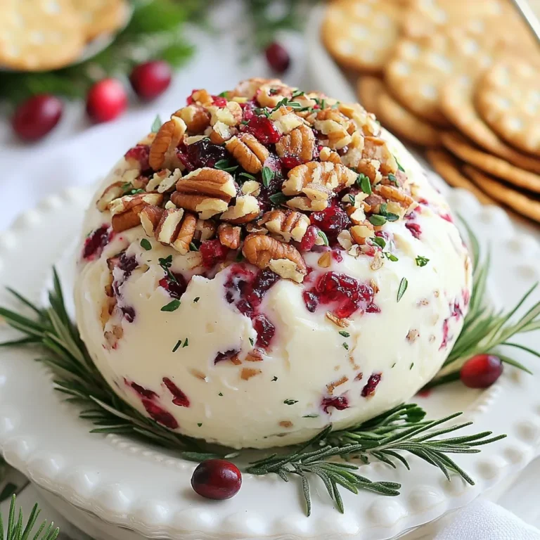 To make a tasty Cranberry Pecan Cheese Ball, gather these key ingredients: - 8 oz cream cheese, softened - 1 cup shredded sharp cheddar cheese - 1/2 cup dried cranberries, chopped - 1/2 cup pecans, finely chopped - 2 tablespoons green onions, finely chopped - 1 teaspoon garlic powder - 1 teaspoon onion powder - 1/2 teaspoon black pepper - 1/4 teaspoon salt - Fresh herbs (like thyme or parsley) for garnish These ingredients work together to create a rich, creamy texture. The dried cranberries add sweetness, while the pecans give a nice crunch. You can change things up based on your taste. Here are some fun options: - Use different nuts like walnuts or almonds. - Swap cheddar for cream cheese or goat cheese. - Add a dash of hot sauce for a spicy kick. - Try fresh herbs like chives or dill for more flavor. Mixing in these optional ingredients can make the cheese ball unique and suited to your palate. You’ll need a few simple tools to make your cheese ball: - Mixing bowl - Spatula or electric mixer - Plastic wrap - Serving platter These tools will help you create and serve your cheese ball easily. Enjoy the process, and don't forget to have fun with it! {{ingredient_image_1}} Start by grabbing a medium bowl. In this bowl, mix the softened cream cheese and the shredded cheddar cheese. Use a spatula or an electric mixer to blend them well. Aim for a smooth and creamy texture. Next, add the chopped dried cranberries, finely chopped pecans, and green onions. Sprinkle in the garlic powder, onion powder, black pepper, and salt. Stir everything together until all the ingredients are well combined. Once the mixture is ready, it’s time to shape it. Use your hands to form the cheese mixture into a ball. If you notice any bits sticking out, gently press them back into the ball. This helps keep the cheese ball neat and tidy. Now, wrap the cheese ball in plastic wrap. Chill it in the fridge for at least two hours. This step is important as it helps the flavors blend together. After chilling, unwrap the cheese ball and roll it in extra chopped pecans. Press lightly to make sure they stick. Finally, place the cheese ball on a serving platter. Garnish it with fresh herbs for a pop of color. This dish looks great and tastes even better! To make your cranberry pecan cheese ball shine, balance is key. The sweetness of cranberries pairs well with sharp cheddar. If you want more zest, add a bit of lemon juice. A touch of honey can enhance sweetness too. Always taste your mix before shaping it. Adjust spices like garlic and onion powder to suit your taste. Presentation brings your dish to life. Serve the cheese ball on a colorful platter. Surround it with an array of crackers, veggie sticks, or apple slices. You can use fresh herbs as a garnish for a pop of color. Adding a small bowl of honey or jam nearby can be a nice touch too. The visual appeal makes it inviting for guests. Avoid these common pitfalls to ensure success. First, don’t rush the chilling time. This step helps the flavors meld. If the mixture is too soft, it may fall apart. Make sure you chop the cranberries and nuts finely. Big pieces can disrupt the texture. Lastly, don’t skip the extra pecan coating. It adds flavor and looks great. Pro Tips Chill It Well: Make sure to refrigerate the cheese ball for at least 2 hours. This not only firms it up but also allows the flavors to meld beautifully. Customize Your Nuts: You can substitute pecans with walnuts or almonds for a different flavor profile. Toasting them lightly before adding can enhance their crunchiness. Add a Kick: For a spicy twist, consider adding some diced jalapeños or a dash of hot sauce to the cheese mixture. Presentation Matters: Roll the cheese ball in a variety of toppings like chopped herbs, seeds, or additional nuts to create a visually appealing appetizer. {{image_2}} You can add sweet and savory flavors to your cheese ball. Try mixing in honey or maple syrup for extra sweetness. A pinch of cayenne pepper adds a nice kick. You can also toss in some dried apricots or figs for a fruity twist. These additions make each bite taste unique and exciting. If you want to change the cheese, you have options! Cream cheese works great, but you can use goat cheese or feta for a tangy flavor. For a sharper taste, add blue cheese or smoked gouda. Mix and match different cheeses to find your perfect blend. It makes the cheese ball more personal and fun. For those who follow a vegan diet, you can still enjoy this cheese ball. Use vegan cream cheese and nutritional yeast instead of cheddar. For a nut-free option, replace pecans with sunflower seeds. This way, you keep the creaminess and flavor while respecting dietary needs. Enjoying this dish is possible for everyone! To store your leftover cheese ball, wrap it tightly in plastic wrap. This keeps it fresh and moist. You can also place it in an airtight container. Be sure to seal it well to avoid air exposure. This helps maintain its taste and texture. You can keep the cheese ball in the fridge for about 5 days. After that, it may lose its flavor and texture. If you freeze it, it can last up to 3 months. Just make sure to wrap it securely before freezing. Cranberry pecan cheese ball is best served cold. So, there is no need to reheat it. If you want to refresh it, take it out of the fridge 30 minutes before serving. This allows it to soften a bit and enhance the flavors. Enjoy it with fresh crackers or veggies for a tasty snack! You can serve your cheese ball with many tasty options. Here are some ideas: - Crackers (various types for texture) - Sliced veggies (carrots, cucumbers, bell peppers) - Apple wedges (for a sweet touch) - Bread slices (to complement the cheese) - Pretzels (for a crunchy bite) These options make a colorful spread. Mix and match to please your guests. Yes, you can make this cheese ball ahead of time. I recommend making it a day before your event. Just shape it, wrap it well, and chill. This allows the flavors to blend nicely. A cheese ball stays fresh in the fridge for about five days. Wrap it well to keep it from drying out. If you notice any change in smell or texture, it’s best to toss it. Enjoy your cheese ball while it’s at its best! You can easily craft a delicious Cranberry Pecan Cheese Ball with the right ingredients and tools. I covered essential and optional ingredients, along with step-by-step instructions for making the cheese mixture, shaping it, and chilling it for serving. I shared tips for flavor, presentation, and avoided common mistakes. You also learned about fun variations and key storage tips. With this knowledge, you can impress friends and family at your next gathering. Enjoy creating your cheese ball masterpiece!
