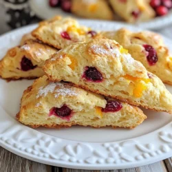 To make cranberry orange scones, you will need the following: - 2 cups all-purpose flour - 1/4 cup granulated sugar - 1 tablespoon baking powder - 1/2 teaspoon baking soda - 1/2 teaspoon salt - 1/2 cup unsalted butter, cold and cubed - 1/2 cup dried cranberries - Zest of 1 orange - 1/2 cup buttermilk - 1 large egg - 1 teaspoon vanilla extract These ingredients create a tasty base for the scones. The dried cranberries add a sweet and tart flavor. The orange zest brightens up the dough and brings a fresh aroma. You can enhance your scones with a sprinkle of turbinado sugar on top. This sugar adds a nice crunch and extra sweetness. Feel free to get creative! You can also drizzle a simple orange glaze for a sweet finish. Each scone has around 200 calories. They contain about 8 grams of fat, 28 grams of carbs, and 4 grams of protein. These scones are a delightful treat but enjoy them in moderation! Pair them with tea or coffee for a perfect snack. {{ingredient_image_1}} Start by preheating your oven to 400°F (200°C). This step is key for perfect scones. While the oven heats, grab a baking sheet and line it with parchment paper. The parchment helps prevent sticking and makes cleanup easy. In a large mixing bowl, combine 2 cups of all-purpose flour, 1/4 cup of granulated sugar, 1 tablespoon of baking powder, 1/2 teaspoon of baking soda, and 1/2 teaspoon of salt. Whisk these dry ingredients well. This mix gives the scones a great rise and flavor. Next, add 1/2 cup of cold, cubed unsalted butter to the dry mix. Use your fingers or a pastry cutter to blend them together until the mix looks like coarse crumbs. This step is crucial as it creates a tender scone. Now, sprinkle in 1/2 cup of dried cranberries and the zest of 1 orange. Stir them in gently to spread out the flavor. In another bowl, whisk together 1/2 cup of buttermilk, 1 large egg, and 1 teaspoon of vanilla extract. Pour this wet mix into the dry mix. Stir just until combined; don’t overmix or your scones will be tough. Turn the dough onto a floured surface. Pat it into a circle about 1 inch thick. Cut this circle into 8 wedges, like a pizza. Place the wedges on your prepared baking sheet. If you want a sweet touch, sprinkle a little turbinado sugar on top. Bake for 15 to 20 minutes, or until they turn a nice golden brown. Let them cool on a wire rack before serving. To get soft and flaky scones, keep your butter cold. Cut it into small pieces before mixing it in the flour. This helps create those tender layers. When you mix, do it gently. Overmixing makes scones tough. You want to see little bits of butter in the dough. This adds to the texture. One common mistake is using warm butter. Warm butter can change the dough's texture. Another mistake is forgetting to measure ingredients carefully. Accurate measurements are key. Lastly, don’t skip the buttermilk. It adds moisture and gives a nice flavor. If you don’t have buttermilk, you can mix milk with vinegar as a substitute. Store leftover scones in an airtight container. Keeping them in a cool, dry place helps them last longer. You can also freeze scones if you want to save some for later. Wrap them tightly in plastic wrap and place them in a freezer bag. To reheat, just pop them in the oven for a few minutes. They will taste fresh again! Pro Tips Use Cold Butter: Ensure your butter is cold and cubed to create flaky layers in your scones. Don’t Overmix: Mix the dough until just combined to prevent tough scones; a few lumps are okay. Adjust for Sweetness: Taste your dough before baking; you can add more sugar if you prefer sweeter scones. Experiment with Flavors: Try adding different dried fruits or citrus zest for a unique twist on these scones. {{image_2}} You can change the flavors of your cranberry orange scones easily. Try adding nuts for crunch. Walnuts or pecans work well. You could also mix in chocolate chips for a sweet twist. If you like spices, add a pinch of cinnamon or ginger. These spices can give your scones a warm flavor. Experiment with your favorites until you find the best combo. If you need a gluten-free option, swap the all-purpose flour. Use a gluten-free flour blend instead. Ensure it has xanthan gum; this helps with texture. The rest of the recipe stays the same. Your scones will still taste great and hold together well. Enjoy your gluten-free treat without worry. You can mix up the fruits in your scones, too. Dried cherries or blueberries are tasty alternatives. For a fresh twist, use lemon or lime zest. These fruits add a bright flavor. Each fruit brings a unique taste, making your scones fun to try. Feel free to explore different fruit pairings to find your favorite! Cranberry orange scones shine with the right drinks. A hot cup of tea brings out their flavors. Choose a light herbal tea or a classic Earl Grey. Coffee lovers can enjoy them with a smooth latte. The creamy milk mixes well with the scone's zest. For something refreshing, try iced tea or lemonade. Both drinks balance the sweetness of the cranberries. These scones fit many events. Serve them at a cozy breakfast or brunch. They are perfect for holiday gatherings and family get-togethers. You can also impress guests at afternoon tea. If you want to celebrate a small win, enjoy them as a treat. They can even be a sweet snack during your workday. How you serve your scones matters a lot. Arrange them on a pretty platter for a nice touch. Add some fresh cranberries or orange slices for color. A dusting of powdered sugar can make them look fancy. If you want something fun, serve them with small jars of jam. This way, everyone can pick their favorite flavor. Simple yet elegant makes for a great display! Yes, you can freeze cranberry orange scones. After baking, let them cool completely. Place them in an airtight container or freezer bag. They will keep well for up to three months. When you're ready to enjoy them, just thaw them at room temperature. Cranberry orange scones last about two days at room temperature. Keep them in an airtight container to maintain freshness. You can also store them in the fridge for up to a week. Just remember that they may dry out a bit. Reheating scones is easy and quick. Preheat your oven to 350°F (175°C). Place the scones on a baking sheet. Heat them for about 5 to 10 minutes. This will make them warm and soft again. You can also use a microwave, but they may become soggy. For the best taste, stick with the oven method. You learned the key ingredients and steps to bake cranberry orange scones. I shared helpful tips for texture and common mistakes. We explored variations, including gluten-free options and fruity add-ins. Lastly, I covered serving ideas and answered FAQs. Baking these scones can be fun and rewarding. With practice, you’ll master it quickly. Enjoy making these tasty treats and impress everyone with your skills!