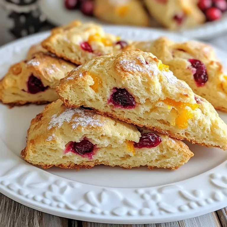 To make cranberry orange scones, you will need the following: - 2 cups all-purpose flour - 1/4 cup granulated sugar - 1 tablespoon baking powder - 1/2 teaspoon baking soda - 1/2 teaspoon salt - 1/2 cup unsalted butter, cold and cubed - 1/2 cup dried cranberries - Zest of 1 orange - 1/2 cup buttermilk - 1 large egg - 1 teaspoon vanilla extract These ingredients create a tasty base for the scones. The dried cranberries add a sweet and tart flavor. The orange zest brightens up the dough and brings a fresh aroma. You can enhance your scones with a sprinkle of turbinado sugar on top. This sugar adds a nice crunch and extra sweetness. Feel free to get creative! You can also drizzle a simple orange glaze for a sweet finish. Each scone has around 200 calories. They contain about 8 grams of fat, 28 grams of carbs, and 4 grams of protein. These scones are a delightful treat but enjoy them in moderation! Pair them with tea or coffee for a perfect snack. {{ingredient_image_1}} Start by preheating your oven to 400°F (200°C). This step is key for perfect scones. While the oven heats, grab a baking sheet and line it with parchment paper. The parchment helps prevent sticking and makes cleanup easy. In a large mixing bowl, combine 2 cups of all-purpose flour, 1/4 cup of granulated sugar, 1 tablespoon of baking powder, 1/2 teaspoon of baking soda, and 1/2 teaspoon of salt. Whisk these dry ingredients well. This mix gives the scones a great rise and flavor. Next, add 1/2 cup of cold, cubed unsalted butter to the dry mix. Use your fingers or a pastry cutter to blend them together until the mix looks like coarse crumbs. This step is crucial as it creates a tender scone. Now, sprinkle in 1/2 cup of dried cranberries and the zest of 1 orange. Stir them in gently to spread out the flavor. In another bowl, whisk together 1/2 cup of buttermilk, 1 large egg, and 1 teaspoon of vanilla extract. Pour this wet mix into the dry mix. Stir just until combined; don’t overmix or your scones will be tough. Turn the dough onto a floured surface. Pat it into a circle about 1 inch thick. Cut this circle into 8 wedges, like a pizza. Place the wedges on your prepared baking sheet. If you want a sweet touch, sprinkle a little turbinado sugar on top. Bake for 15 to 20 minutes, or until they turn a nice golden brown. Let them cool on a wire rack before serving. To get soft and flaky scones, keep your butter cold. Cut it into small pieces before mixing it in the flour. This helps create those tender layers. When you mix, do it gently. Overmixing makes scones tough. You want to see little bits of butter in the dough. This adds to the texture. One common mistake is using warm butter. Warm butter can change the dough's texture. Another mistake is forgetting to measure ingredients carefully. Accurate measurements are key. Lastly, don’t skip the buttermilk. It adds moisture and gives a nice flavor. If you don’t have buttermilk, you can mix milk with vinegar as a substitute. Store leftover scones in an airtight container. Keeping them in a cool, dry place helps them last longer. You can also freeze scones if you want to save some for later. Wrap them tightly in plastic wrap and place them in a freezer bag. To reheat, just pop them in the oven for a few minutes. They will taste fresh again! Pro Tips Use Cold Butter: Ensure your butter is cold and cubed to create flaky layers in your scones. Don’t Overmix: Mix the dough until just combined to prevent tough scones; a few lumps are okay. Adjust for Sweetness: Taste your dough before baking; you can add more sugar if you prefer sweeter scones. Experiment with Flavors: Try adding different dried fruits or citrus zest for a unique twist on these scones. {{image_2}} You can change the flavors of your cranberry orange scones easily. Try adding nuts for crunch. Walnuts or pecans work well. You could also mix in chocolate chips for a sweet twist. If you like spices, add a pinch of cinnamon or ginger. These spices can give your scones a warm flavor. Experiment with your favorites until you find the best combo. If you need a gluten-free option, swap the all-purpose flour. Use a gluten-free flour blend instead. Ensure it has xanthan gum; this helps with texture. The rest of the recipe stays the same. Your scones will still taste great and hold together well. Enjoy your gluten-free treat without worry. You can mix up the fruits in your scones, too. Dried cherries or blueberries are tasty alternatives. For a fresh twist, use lemon or lime zest. These fruits add a bright flavor. Each fruit brings a unique taste, making your scones fun to try. Feel free to explore different fruit pairings to find your favorite! Cranberry orange scones shine with the right drinks. A hot cup of tea brings out their flavors. Choose a light herbal tea or a classic Earl Grey. Coffee lovers can enjoy them with a smooth latte. The creamy milk mixes well with the scone's zest. For something refreshing, try iced tea or lemonade. Both drinks balance the sweetness of the cranberries. These scones fit many events. Serve them at a cozy breakfast or brunch. They are perfect for holiday gatherings and family get-togethers. You can also impress guests at afternoon tea. If you want to celebrate a small win, enjoy them as a treat. They can even be a sweet snack during your workday. How you serve your scones matters a lot. Arrange them on a pretty platter for a nice touch. Add some fresh cranberries or orange slices for color. A dusting of powdered sugar can make them look fancy. If you want something fun, serve them with small jars of jam. This way, everyone can pick their favorite flavor. Simple yet elegant makes for a great display! Yes, you can freeze cranberry orange scones. After baking, let them cool completely. Place them in an airtight container or freezer bag. They will keep well for up to three months. When you're ready to enjoy them, just thaw them at room temperature. Cranberry orange scones last about two days at room temperature. Keep them in an airtight container to maintain freshness. You can also store them in the fridge for up to a week. Just remember that they may dry out a bit. Reheating scones is easy and quick. Preheat your oven to 350°F (175°C). Place the scones on a baking sheet. Heat them for about 5 to 10 minutes. This will make them warm and soft again. You can also use a microwave, but they may become soggy. For the best taste, stick with the oven method. You learned the key ingredients and steps to bake cranberry orange scones. I shared helpful tips for texture and common mistakes. We explored variations, including gluten-free options and fruity add-ins. Lastly, I covered serving ideas and answered FAQs. Baking these scones can be fun and rewarding. With practice, you’ll master it quickly. Enjoy making these tasty treats and impress everyone with your skills!