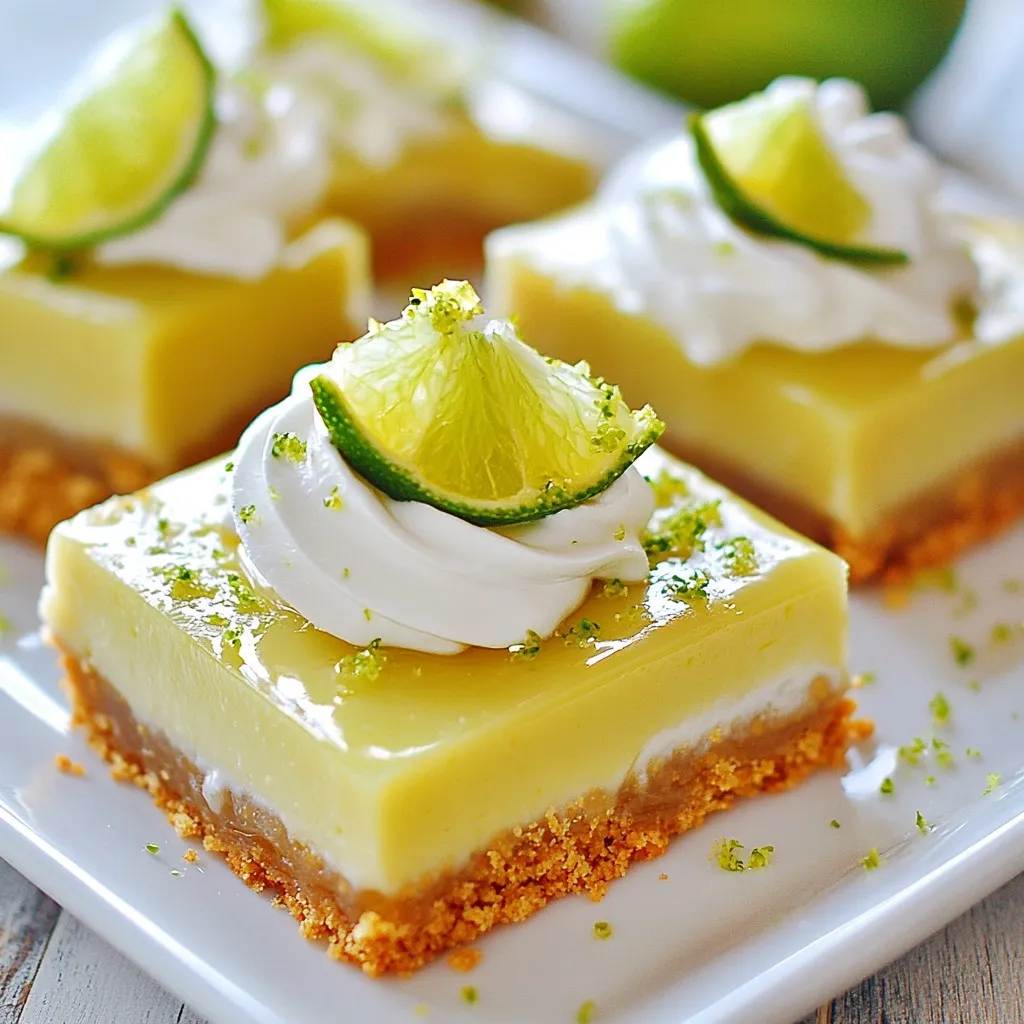 - 1 ½ cups graham cracker crumbs - ¼ cup granulated sugar - ½ cup unsalted butter, melted - 1 (14-ounce) can sweetened condensed milk - ½ cup fresh key lime juice (or regular lime juice) - 2 large eggs - Zest of 2 limes - 1 cup whipped cream (for topping) - Lime slices (for garnish) Gathering the right ingredients is key to making tasty key lime pie bars. The graham cracker crumbs form a crunchy crust. Use unsalted butter for a rich flavor. Sweetened condensed milk provides creaminess and sweetness. Fresh key lime juice gives that bright tangy flavor we love. Make sure to zest two limes for a burst of citrus flavor. The eggs help set the filling, giving it a silky texture. Topping the bars with whipped cream adds a light finish. Finally, garnish with lime slices for a pretty look. As you gather these ingredients, feel free to get creative. You can switch lime juice types or add your favorite toppings. This recipe is versatile, so enjoy making it your own! {{ingredient_image_1}} 1. Preheat the oven and prep the baking pan: First, set your oven to 350°F (175°C). Line a 9x9-inch baking pan with parchment paper. Leave some paper hanging over the sides. This helps you lift the bars out later. 2. Mix graham cracker crumbs, sugar, and butter: In a medium bowl, add 1 ½ cups of graham cracker crumbs, ¼ cup of granulated sugar, and ½ cup of melted unsalted butter. Stir until the crumbs look like wet sand. 3. Press the mixture into the baking pan and bake: Take your crumb mix and press it evenly into the bottom of the prepared pan. Bake it for 8 to 10 minutes. It should be set and lightly golden. Once done, take it out and let it cool a bit. 1. Whisk together sweetened condensed milk, lime juice, eggs, and zest: In a large bowl, whisk together 1 can of sweetened condensed milk, ½ cup of fresh key lime juice, 2 large eggs, and the zest of 2 limes. Mix until it is smooth. 2. Pour the filling over the crust and bake: Pour this lime mixture over your cooled crust. Spread it evenly. Bake again for 15 to 18 minutes. It should be set but still slightly jiggly in the center. 1. Cool, refrigerate, and cut into squares: Let the bars cool completely at room temperature. Once cooled, place them in the fridge for at least 2 hours. This makes them firm. 2. Top with whipped cream and garnish: After chilling, lift the bars out using the parchment paper. Cut them into squares. Top each square with 1 cup of whipped cream and a slice of lime for a fresh touch. To get the best texture for your key lime pie bars, remember a few key points. First, do not overbake the crust. Bake it just until it becomes lightly golden, around 8 to 10 minutes. This keeps the crust crisp and sets the stage for a great bar. When it comes to the filling, aim for a smooth texture. Whisk the sweetened condensed milk, lime juice, eggs, and zest until you see no lumps. This makes sure each bite is creamy and full of flavor. If the filling is too thick, it may not set properly. Presentation makes a big difference. For garnishing, add lime slices on each bar. This adds a pop of color and a fresh touch. You can also sprinkle a little lime zest over the whipped cream for extra flair. For serving, arrange the bars on a nice platter. You could use a colorful plate to make the green and white colors stand out. Place a dollop of whipped cream on each bar. This not only looks good but adds a creamy texture that everyone will love. Pro Tips Use Fresh Limes: For the best flavor, opt for fresh key limes or regular limes instead of bottled juice. Fresh juice gives the bars a bright and zesty taste. Chill Thoroughly: After baking, ensure you chill the bars for at least 2 hours. This allows the filling to set properly, making it easier to cut into neat squares. Perfect Crust: Press the graham cracker crust firmly into the pan for a sturdy base. This helps prevent the crust from crumbling when you cut the bars. Garnish Elegantly: Top each bar with a generous dollop of whipped cream and a slice of lime. This not only enhances the presentation but also adds a refreshing touch. {{image_2}} You can play with flavors in your key lime pie bars. Using regular lime juice gives a different taste than key lime juice. Key limes are small and tart, while regular limes are a bit sweeter. If you want a more intense lime flavor, stick with key lime juice. You can also add toppings like coconut or berries. Coconut gives a tropical twist. Sprinkle toasted coconut on top of the whipped cream for extra crunch. Fresh berries like raspberries or blueberries add color and a burst of flavor. Mix and match to find your favorite topping! If you need gluten-free options, make the crust with gluten-free graham cracker crumbs. These work just like regular crumbs. You can also try almond flour for a nutty taste. For dairy-free alternatives, use coconut cream instead of sweetened condensed milk. This gives a creamy texture without dairy. Make sure to check labels for any hidden dairy ingredients when choosing your products. These swaps help everyone enjoy this treat! To keep your key lime pie bars fresh, store them in the fridge. Place them in an airtight container. This helps prevent them from drying out. You can also cover the dish with plastic wrap. They will stay fresh for up to five days in the fridge. Freezing key lime pie bars is easy. First, let the bars cool completely after baking. Then, cut them into squares. Wrap each square in plastic wrap. Place the wrapped bars in a freezer-safe bag or container. This helps to keep them fresh. You can freeze them for up to three months. To thaw, simply remove them from the freezer. Place them in the fridge for a few hours. You can also thaw them at room temperature for about 30 minutes. Enjoy the bars as a quick treat any time! What is the difference between key lime and regular lime? Key limes are smaller and have a stronger flavor. They are more tart than regular limes. Key limes are often used for pies due to their unique taste. Regular limes are larger and milder. Both can be used, but key limes give the best flavor for this recipe. Can I make this recipe ahead of time? Yes, you can make these bars ahead of time. Just cool and refrigerate them. They taste better after chilling for at least two hours. Make them a day in advance for a great treat. This saves time on the day you want to serve them. How do I know when the bars are done baking? The bars are done when the filling is set but still slightly jiggly in the center. They will firm up as they cool. Keep an eye on them during the last few minutes of baking. A toothpick should come out clean when inserted near the edge. Key lime pie bars are a delightful treat that's simple to make. You learned about the key ingredients, step-by-step instructions, and essential tips for perfect results. The variations allow you to customize your bars to suit any taste. Lastly, proper storage ensures they stay fresh longer. Enjoy making these bars, share them with friends, and savor the bright lime flavor!