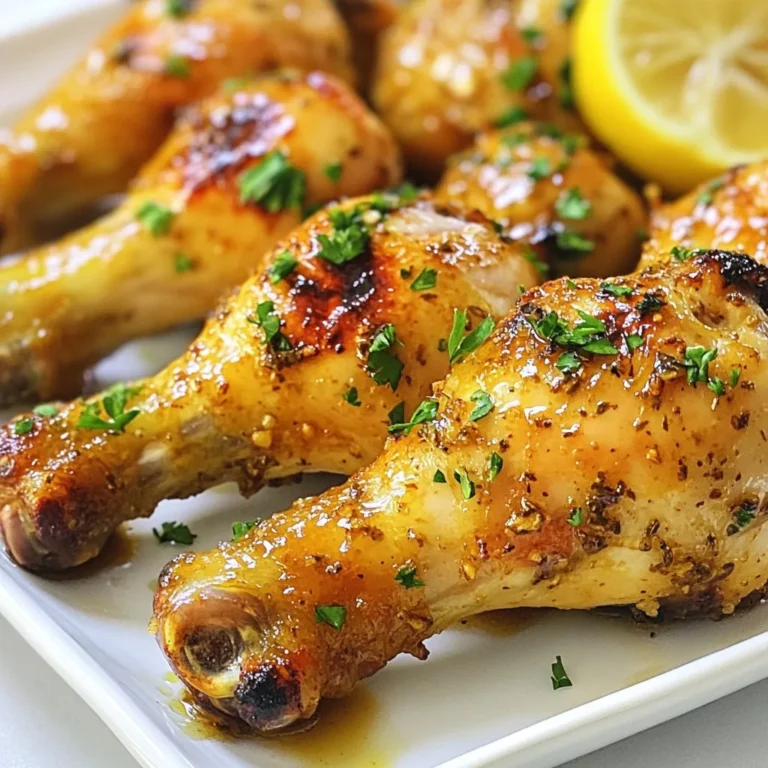 You need basic chicken and marinade items for this dish. Here’s what you will need: - 8 chicken drumsticks - 4 cloves garlic, minced - Zest of 1 lemon - Juice of 2 lemons These drumsticks are the stars of the show. They are juicy and hold flavor well. The minced garlic gives a strong taste. The lemon zest adds brightness. The lemon juice keeps the chicken moist. Adding zesty ingredients makes this dish shine. Here are the zesty components: - 3 tablespoons olive oil - 1 tablespoon honey The olive oil helps the chicken cook without sticking. It also adds a rich flavor. Honey provides a touch of sweetness. This balance creates a great taste. Seasoning is key to making your chicken drumsticks tasty. Gather these seasoning essentials: - 1 teaspoon dried thyme - 1 teaspoon paprika - Salt and pepper to taste - Fresh parsley, chopped (for garnish) Dried thyme gives a warm, herbal flavor. Paprika adds a hint of smokiness. Salt and pepper enhance all the flavors. Garnishing with parsley adds a fresh touch. These seasonings create a delicious, well-rounded dish. {{ingredient_image_1}} Start by gathering your ingredients. You will need garlic, lemon, olive oil, honey, thyme, and paprika. In a large bowl, mix these together. Add four minced garlic cloves, the zest of one lemon, and the juice from two lemons. Next, pour in three tablespoons of olive oil and one tablespoon of honey. Finally, sprinkle in one teaspoon of dried thyme, one teaspoon of paprika, and some salt and pepper. This mixture will make a tasty marinade. Take your eight chicken drumsticks and place them in the bowl with the marinade. Toss them well to ensure each drumstick gets coated. Let the chicken sit for at least 30 minutes. If you have more time, marinate it for up to two hours in the fridge. This step helps the flavors soak in, making the chicken extra tasty. Preheat your oven to 425°F (220°C). Line a baking sheet with parchment paper. This helps with cleanup later. After marinating, place the drumsticks in a single layer on the baking sheet. Make sure they are not crowded. Bake the chicken for 35-40 minutes. Flip them halfway through for even cooking. Check the internal temperature; it should reach 165°F (74°C). When done, take them out and let them rest for five minutes. Sprinkle chopped parsley on top before serving. Enjoy your meal! To get that crispy skin, start by drying the chicken drumsticks. Pat them with paper towels before marinating. This helps remove any moisture. Also, bake them at a high heat of 425°F. This temperature promotes browning. Flip the drumsticks halfway through cooking for even crispiness. Marinating chicken drumsticks is key for flavor. I recommend at least 30 minutes. For the best taste, aim for 2 hours in the fridge. The lemon juice and garlic soak into the meat. This adds a bright and tasty punch. If you have time, the longer, the better! Using a meat thermometer ensures your chicken is safe to eat. Insert it into the thickest part of the drumstick. It should read at least 165°F. This step prevents undercooked chicken. Trust me; it’s worth the extra check. A perfectly cooked drumstick is juicy and safe! Pro Tips Marinate Longer for Flavor: Allowing the chicken to marinate for up to 2 hours in the refrigerator can significantly enhance the flavor, making the drumsticks more succulent. Crispy Skin Technique: For extra crispy skin, pat the drumsticks dry with paper towels before applying the marinade to remove excess moisture. Use a Meat Thermometer: Always use a meat thermometer to check that the chicken reaches an internal temperature of 165°F (74°C) for safe consumption. Garnish Just Before Serving: Sprinkle fresh parsley over the drumsticks right before serving to maintain its vibrant color and fresh flavor. {{image_2}} You can change the flavor of your lemon garlic roasted chicken drumsticks easily. Try adding herbs like rosemary or basil for a different taste. If you want more heat, add red pepper flakes. You can also use lime juice instead of lemon for a twist. Experiment with different spices, like cumin or coriander, to find your favorite blend. You can cook these drumsticks in ways other than baking. Try grilling them for a smoky flavor. Just marinate and cook them on medium heat for about 20-25 minutes. Air frying is another great option. It gives you crispy skin with less oil. Cook them at 380°F for about 25 minutes, flipping halfway through for even cooking. If you have dietary needs, you can swap some ingredients. Use coconut oil if you want a dairy-free option. Honey can be replaced with maple syrup for a vegan choice. If you're gluten-free, check your spices and marinades for any hidden gluten. You can also use skinless drumsticks if you want a lower-fat meal. You can store leftover lemon garlic chicken drumsticks in the fridge. Place them in an airtight container. They will stay fresh for up to 4 days. Make sure the chicken cools down before you seal it. This helps keep the skin crispy longer. If you want to keep drumsticks longer, freezing is a great option. Wrap each drumstick tightly in plastic wrap. Then place them in a freezer bag. They will stay good for up to 3 months. When you’re ready to eat, thaw them in the fridge overnight. To reheat chicken, use your oven for best results. Preheat your oven to 350°F (175°C). Place the drumsticks on a baking sheet. Heat them for about 15-20 minutes until warm. This helps the skin stay nice and crispy. You can also use a microwave for quick reheating, but the skin may get soft. You should marinate chicken drumsticks for at least 30 minutes. This allows the flavors to soak in. If you have more time, marinate them for up to 2 hours. Longer marination gives a deeper flavor. Just remember to keep them in the fridge while marinating. The garlic and lemon will work their magic, making the chicken tender and tasty. Yes, you can use other types of chicken. Chicken thighs or breasts will also taste great. Just adjust the cooking time. Thighs may take longer, while breasts cook faster. Make sure to check that the internal temperature reaches 165°F (74°C) to ensure safety. The marinade works well with all chicken parts, bringing that zesty flavor you want. Many side dishes pair well with roasted chicken drumsticks. Here are some tasty options: - Roasted vegetables: Carrots, potatoes, and broccoli add color and nutrients. - Rice: A lemon or herb rice complements the chicken's flavor. - Salad: A fresh green salad gives a nice crunch and balance. - Bread: Crusty bread or garlic bread soaks up the delicious juices. Feel free to mix and match these sides to create your perfect meal. Enjoy your tasty chicken drumsticks with your favorite sides for a complete feast! Lemon garlic roasted chicken drumsticks offer a flavorful and easy meal option. We covered ingredients, marinade prep, cooking steps, and tips for crispy skin. You can adjust flavors and explore different cooking methods too. For storage, remember how to refrigerate, freeze, and reheat leftovers. Making this dish is straightforward. With these steps and tips, you can enjoy tasty chicken drumsticks anytime. Now, it’s your turn to try this recipe and impress everyone at the table. Enjoy the cooking journey!