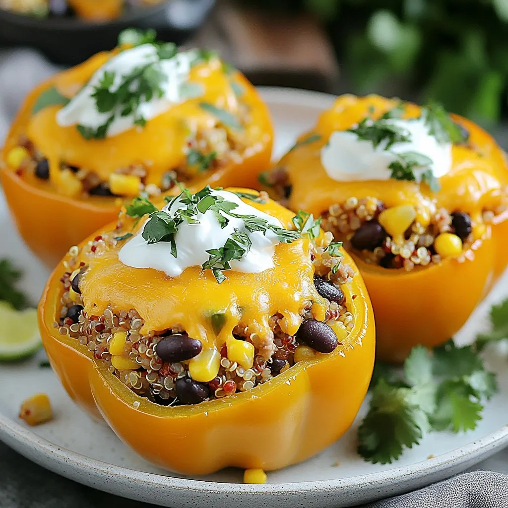 To make delicious taco stuffed bell peppers, gather these simple ingredients: - 4 large bell peppers (any color) - 1 lb ground turkey or beef - 1 cup cooked quinoa or rice - 1 can (15 oz) black beans, drained and rinsed - 1 cup corn (frozen or canned) - 1 cup diced tomatoes (with juices) - 1 packet taco seasoning - 1 cup shredded cheese (cheddar or Mexican blend) - Fresh cilantro (for garnish) - Sour cream or Greek yogurt (for topping) These ingredients come together to create a flavorful meal that is easy to prepare. Each component adds its own taste and texture. The bell peppers serve as a tasty vessel, while the ground meat offers protein. Quinoa or rice provides substance, and the beans and corn add fiber and sweetness. The taco seasoning gives everything that classic bold flavor we all love. Finally, the cheese melts on top, making it a truly satisfying dish. You can even customize the toppings with fresh cilantro and creamy sour cream for added flair. Enjoy the fresh taste and vibrant colors in every bite! {{ingredient_image_1}} - Preheat your oven to 375°F (190°C). - Slice the tops off the bell peppers. Remove seeds and membranes. Set them aside. - In a skillet over medium heat, cook 1 pound of ground turkey or beef. Stir well to break it apart. Drain any excess fat if needed. - Add 1 packet of taco seasoning to the meat. - Mix in 1 cup of cooked quinoa or rice, 1 can of black beans (drained and rinsed), 1 cup of corn, and 1 cup of diced tomatoes with their juices. - Stir until everything is mixed well and heated through. - Take each bell pepper and stuff it with the taco mixture. Press it down gently to fit more filling. - Place the stuffed peppers upright in a baking dish. If they wobble, slice a bit off the bottom. - Sprinkle 1 cup of shredded cheese on top of each pepper. - Cover the dish with foil and bake for 25 minutes. - Remove the foil and bake for another 15 minutes, until the peppers are tender and the cheese is bubbly. - Let the peppers cool for a few minutes before serving. Garnish with fresh cilantro and a dollop of sour cream or Greek yogurt if you like. - How to avoid soggy peppers To keep peppers firm, remove seeds and membranes well. You can also bake them for a shorter time. Pre-baking the peppers for 10 minutes helps. - Adjusting cooking times Oven times can vary. If your peppers are large, add 5-10 minutes to bake. Always check if the cheese is golden and bubbly. - Best toppings and garnishes I love to top my peppers with fresh cilantro and a dollop of sour cream. You can also use Greek yogurt for a healthier twist. Chopped green onions add a nice touch too. - Side dish pairings Serve with a simple salad or tortilla chips. A fresh guacamole side will enhance the meal. You can also try some spicy salsa for a kick. - Alternatives for ground meat If you want a lighter option, use ground chicken. For a richer flavor, try chorizo. - Vegetarian options and additions You can use lentils or black beans instead of meat. Adding chopped zucchini or mushrooms boosts flavor and texture. Pro Tips Choose Your Peppers: Opt for a mix of colors for a vibrant presentation and varied flavor. Make It Ahead: Prepare the filling and stuff the peppers a day in advance. Just bake them when you're ready to serve! Customize the Filling: Feel free to add more veggies like zucchini or mushrooms to the filling for extra nutrition. Leftover Ideas: Use any leftover filling in tacos, burritos, or as a topping for nachos! {{image_2}} You can make these peppers without meat. Use lentils or plant-based meat instead. Both options pack a great taste. Adding extra veggies makes them even better. Consider bell peppers, zucchini, or spinach for a healthy twist. You can also mix in black beans or chickpeas for added protein. Want more heat? Add jalapeños to your meat mix for a spicy kick. You can also change the seasoning blend. Try adding cumin, paprika, or even chili powder to spice things up. Each choice brings new flavors that keep it fun and tasty. Try serving taco stuffed peppers taco lasagna style. Layer tortillas between the stuffed peppers for a fun twist. You can also create deconstructed taco bowls. Just scoop out the filling and serve it over rice or lettuce. This way, you can enjoy the flavors in a new way. After you enjoy your taco stuffed bell peppers, store the leftovers right away. Place them in an airtight container. This keeps them fresh and tasty. You can store them in the fridge for up to 4 days. If you want to enjoy them later, try not to leave them out for more than 2 hours. Bacteria can grow quickly in that time. If you want to keep your stuffed peppers longer, freezing is a great option. First, let them cool completely. Then, wrap each pepper in plastic wrap. Place the wrapped peppers in a freezer-safe bag. You can freeze them for up to 3 months. When you're ready to eat them, take them out of the freezer. Thaw them overnight in the fridge. To reheat, place them in a baking dish. Cover with foil and bake at 375°F (190°C) for about 30 minutes. Check if they're heated through before serving. Enjoy your delicious meal! To make taco stuffed bell peppers vegetarian, swap out the ground turkey or beef for lentils, black beans, or a plant-based meat. Use the same seasoning and ingredients. You can add extra veggies like zucchini or corn for more flavor. This change keeps the dish hearty and satisfying without meat. Yes, you can prepare taco stuffed bell peppers ahead of time. Stuff the bell peppers and place them in a baking dish. Cover them with foil and refrigerate for up to 24 hours. When you're ready to eat, bake them directly from the fridge. Just add a few extra minutes to the cooking time. If you want to replace quinoa or rice, try using cauliflower rice or bulgur. Both options add nice texture and flavor. You can also use couscous for a quick alternative. Just ensure whatever you choose is cooked before mixing it into the filling. - Other common questions regarding preparation and serving include: - Can I use frozen bell peppers? - What toppings work best? - How do I know the peppers are cooked? In this post, we explored how to make tasty taco stuffed peppers. We covered essential ingredients, preparation steps, and helpful tips. You learned about different variations and how to store your leftovers. These stuffed peppers are fun to make and great for any meal. My final thoughts? Don't hesitate to try your own twists. Have fun with it and enjoy your delicious creations!
