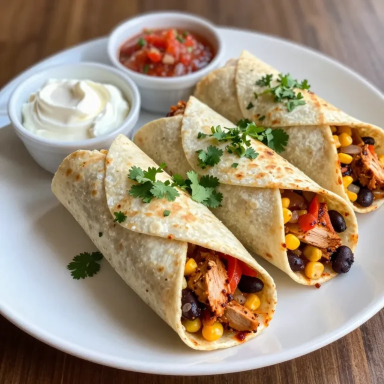 - 2 boneless, skinless chicken breasts, diced - 2 tablespoons chipotle in adobo sauce, minced - 1 teaspoon cumin - 1 teaspoon smoked paprika - 1 tablespoon olive oil - 1 onion, chopped - 1 bell pepper, diced (red or green) - 1 can (15 oz) black beans, rinsed and drained - 1 cup corn (fresh or frozen) - 1 cup cooked rice (white or brown) - 1 cup shredded cheese (cheddar or a Mexican blend) - 4 large flour tortillas - Fresh cilantro, chopped (for garnish) - Sour cream and salsa (for serving on the side) - Avocado slices for creaminess - Jalapeños for more heat - Lime wedges for brightness - Extra cheese for a cheesy bite - Chopped green onions for freshness {{ingredient_image_1}} To start, take your diced chicken and place it in a bowl. Add 2 tablespoons of chipotle in adobo sauce. This sauce packs a punch! Mix in 1 teaspoon of cumin and 1 teaspoon of smoked paprika. These spices bring great flavor. Stir well to coat all the chicken pieces evenly. Let it marinate for at least 10 minutes. This time allows the flavors to soak in. Next, heat 1 tablespoon of olive oil in a large skillet over medium heat. Once hot, add 1 chopped onion and 1 diced bell pepper. Sauté them until they soften, which takes about 4-5 minutes. You want them to be tender and fragrant. Then, add the marinated chicken to the skillet. Cook it for 6-8 minutes or until the chicken turns white and is no longer pink. After that, stir in 1 can of rinsed and drained black beans and 1 cup of corn. This adds texture and fiber. Cook for 2-3 minutes more until everything is hot. Finally, remove the skillet from heat. Mix in 1 cup of cooked rice and half of your shredded cheese. Let it sit for a minute so the cheese melts slightly. Now, take a large flour tortilla and lay it flat on a clean surface. Spoon a generous amount of the chicken mixture into the center. Don’t forget to sprinkle the remaining cheese on top! To roll the burrito, fold in the sides first. Then, start rolling from the bottom. Make sure to roll tightly to keep everything inside. Repeat this process with the rest of your tortillas and filling. If you want a crispy outside, toast the burritos in a dry skillet for 2-3 minutes on each side. It adds a nice crunch! Serve them cut in half, garnished with chopped cilantro, and with small bowls of sour cream and salsa on the side for dipping. To make crispy burritos, toast them in a dry skillet. This adds a nice crunch. Heat the skillet on medium heat. Place the burrito seam-side down. Cook for 2-3 minutes until golden brown. Flip and repeat. You can also use a grill for added flavor. Just be careful not to burn them. You can prepare these burritos ahead of time. Make the filling in advance and store it. Once cool, place it in an airtight container. You can refrigerate for 3-4 days. To assemble, just warm the filling. Wrap the burritos and toast them before serving. You can also freeze them for longer storage. Just thaw them in the fridge before reheating. Serve your burritos with fresh sides. Sour cream and salsa are great choices. You can also add guacamole for a creamy touch. Chopped cilantro adds freshness on top. A simple green salad pairs well, too. It balances the spice and adds color to your plate. Enjoy with a side of tortilla chips for crunch! Pro Tips Marinate for Flavor: For an even deeper flavor, marinate the diced chicken in the chipotle mixture for at least 30 minutes or up to overnight in the refrigerator. Customize Your Heat: Adjust the amount of chipotle in adobo sauce based on your spice preference. Start with less if you’re unsure, as it can pack a punch! Cheese Choices: Experiment with different types of cheese, such as pepper jack for extra spice or queso fresco for a milder taste. Make Ahead: Prepare the chicken filling in advance and store it in the fridge. Just reheat it when you're ready to assemble the burritos for a quick meal. {{image_2}} If you want to change the chicken, you can use turkey or tofu. Both options work well. For a vegetarian twist, try black beans or lentils. You can also replace the tortillas with lettuce wraps for a low-carb choice. Add more spices for extra heat or flavor. Consider using garlic powder or onion powder. You can mix in some lime juice for brightness. Try adding jalapeños for a fresh kick. Fresh herbs like oregano or thyme can also enhance the taste. To make these burritos gluten-free, swap the flour tortillas for corn tortillas. For a vegetarian version, just leave out the chicken and increase the beans or add more veggies. You can also use dairy-free cheese if you're avoiding dairy. To store your spicy chipotle chicken burritos, let them cool first. Wrap each burrito in foil or plastic wrap. Place them in an airtight container or a zip-top bag. This keeps them fresh for up to three days. When you're ready to eat, reheat them in the microwave for about 1-2 minutes. You can also use an oven at 350°F for about 10-15 minutes. This method helps keep the tortilla crispy. If you want to freeze your burritos, wrap them tightly in foil or plastic wrap. Then, place them in a freezer-safe bag. This way, they can last up to three months. When you want one, take it out and thaw in the fridge overnight. Reheat in the microwave for 2-3 minutes or in a 350°F oven for 20-25 minutes. This keeps the flavors fresh and tasty. To reduce the heat in your burritos, you can try these tips: - Use less chipotle in adobo sauce. Start with one tablespoon. - Add more rice or beans to the filling to balance the spice. - Substitute a milder cheese, like mozzarella, instead of cheddar. - Serve with a generous dollop of sour cream to cool down the heat. Absolutely! You can swap the chicken for other proteins. Here are some tasty options: - Ground beef works great if you want a heartier flavor. - Tofu is a good choice for a vegetarian option. - Shrimp adds a nice twist and cooks quickly. - Pork can also bring a savory depth to your burritos. Here’s a quick breakdown of the nutritional values per serving: - Calories: About 600 calories per burrito. - Protein: Approximately 30 grams from chicken and beans. - Carbs: Around 70 grams from tortillas and rice. - Fat: Roughly 20 grams, depending on the cheese used. These burritos offer a good mix of protein and carbs while packing flavor. Adjust the ingredients for your dietary needs. In this post, we explored how to make delicious burritos. You learned about key ingredients, from chicken to spices and vegetables. I shared step-by-step instructions, tips for perfecting texture, and variations for different diets. Remember, you can customize your burrito to fit your tastes. Enjoy experimenting with flavors and fillings to find your ideal burrito. Whether you make them fresh or for meal prep, burritos are always a great choice.