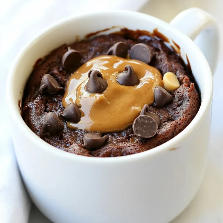 - 4 tablespoons all-purpose flour - 2 tablespoons cocoa powder - 4 tablespoons granulated sugar - 1/8 teaspoon baking powder - 1/8 teaspoon salt I love using all-purpose flour for this mug cake. It makes the cake soft and fluffy. Cocoa powder gives it a rich chocolate flavor. Granulated sugar adds sweetness, while baking powder helps the cake rise. A pinch of salt balances all those flavors. - 3 tablespoons milk (dairy or non-dairy) - 2 tablespoons peanut butter (smooth or crunchy) - 1 tablespoon vegetable oil - 1/2 teaspoon vanilla extract For the wet ingredients, I like to use milk. You can choose dairy or non-dairy, like almond milk. Peanut butter is key for that creamy texture and nutty taste. Vegetable oil keeps the cake moist, and vanilla extract adds a lovely aroma. - 1 tablespoon chocolate chips If you want extra gooeyness, add chocolate chips. They melt and create pockets of chocolatey goodness in your cake. You can use milk or dark chocolate chips, depending on your taste. {{ingredient_image_1}} First, grab a large microwave-safe mug. In this mug, add the following dry ingredients: - 4 tablespoons all-purpose flour - 2 tablespoons cocoa powder - 4 tablespoons granulated sugar - 1/8 teaspoon baking powder - 1/8 teaspoon salt Use a fork to mix these well. Make sure there are no lumps. This step is key for a smooth mug cake. Now, let’s bring in the wet stuff. Pour in: - 3 tablespoons milk (dairy or non-dairy) - 2 tablespoons peanut butter (smooth or crunchy) - 1 tablespoon vegetable oil - 1/2 teaspoon vanilla extract Stir these together until you get a smooth batter. Don’t forget to scrape the sides of the mug. This helps mix all the dry bits in. Time to cook! Place your mug in the microwave. Cook it on high for about 1 minute and 30 seconds. Cooking time can change based on your microwave. Keep an eye on it! The cake should be set but soft in the center. After it cooks, let it cool for one minute. You can add a dollop of peanut butter on top for extra flavor. Enjoy your delicious treat! Cooking time can change based on your microwave. Most microwaves cook fast. Start with 1 minute and 30 seconds. If your cake is not set, add 10 seconds. Check the center for softness. It should not be liquid. A few seconds can make a big difference. Want to make it even better? Here are some ideas. Top with whipped cream or a scoop of ice cream. You can also add fruits like bananas or strawberries. For a nutty crunch, sprinkle some chopped nuts on top. Try adding a pinch of sea salt for a sweet-salty mix. Feel free to get creative with toppings! When it's time to enjoy, think about what to serve with it. Ice cream adds a creamy touch. Whipped cream gives a light finish. You can also add a dollop of peanut butter on top. This adds more flavor and fun. Pairing these treats makes every bite special! Pro Tips Use High-Quality Cocoa Powder: The chocolate flavor of your mug cake greatly depends on the quality of the cocoa powder. Opt for a premium brand for the best taste. Experiment with Nut Butters: While peanut butter is delicious, try substituting with almond or cashew butter for a different flavor profile. Adjust Cooking Time: Every microwave is different, so start with a lower time and add more seconds as needed to avoid overcooking the cake. Top with Whipped Cream: For an extra indulgent treat, add a dollop of whipped cream or a scoop of your favorite ice cream on top of the mug cake. {{image_2}} If you need a gluten-free version, swap all-purpose flour with gluten-free flour. Look for blends that work well in baking. Check the package for the right amount to use. This change keeps the cake tasty and light. Mix things up by using almond butter or cashew butter. Each nut butter adds its unique flavor. You can also try adding other fun mix-ins like shredded coconut or chopped nuts. These tweaks will change the taste and make your mug cake special. Want to share? Just double or triple the recipe. Use a larger bowl to mix everything at once. You can also make smaller servings. Use smaller mugs or bowls for individual treats. This way, everyone gets their own cake! Store leftover mug cake in the fridge. Use an airtight container to keep it fresh. This helps maintain its soft texture. You can enjoy it cold or warm. Keep it for up to two days for the best taste. To reheat, place the mug cake back in the microwave. Heat it for about 20 to 30 seconds. Check it often to avoid overcooking. It should be warm but not dry. You might want to add a teaspoon of milk for moisture. Most ingredients last a while. All-purpose flour can last for 6 to 12 months. Cocoa powder stays good for about 2 to 3 years. Granulated sugar has an indefinite shelf life. Baking powder lasts about 6 months if unopened. Peanut butter keeps for a year or more when stored correctly. You can tell when the mug cake is done by checking its center. Look for a soft, set texture. The edges should pull away slightly from the mug. If it's too wet in the middle, it needs more time. Microwave it for 10-second bursts until it's just right. Don't overcook it, or it might get dry. Yes, you can make this mug cake vegan! Use non-dairy milk like almond or soy. Swap the peanut butter for a nut butter without added milk. You can also replace the vegetable oil with coconut oil or applesauce. This will keep it moist and tasty. Just make sure the chocolate chips are dairy-free if you add them. A standard 12-ounce mug works best for this recipe. It gives the batter enough room to rise. Avoid small mugs, as they may overflow during cooking. A larger mug ensures even cooking and makes cleanup easier. If you use a smaller mug, just reduce the recipe. This blog post showed you how to make a tasty mug cake. You learned about the dry and wet ingredients, plus fun add-ins. I shared step-by-step instructions for mixing and cooking. Tips and tricks helped you get the best texture and flavor. I also covered variations for diets and flavors. Lastly, I explained storage and answers to your top questions. Now you can enjoy a delicious mug cake any time! Experiment and have fun with different flavors and toppings. The possibilities are endless!