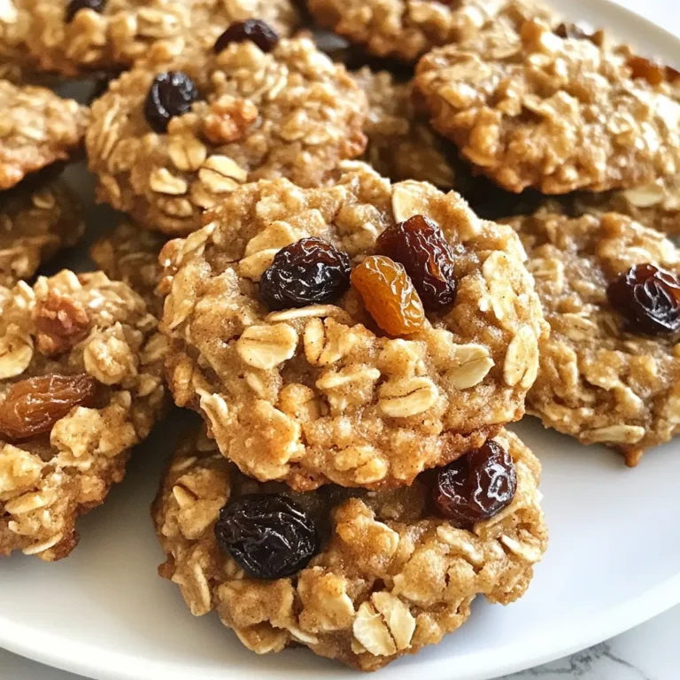 - 1 cup rolled oats - 1/2 cup all-purpose flour - 1/2 teaspoon baking soda - 1/2 teaspoon cinnamon - 1/4 teaspoon salt - 1/4 cup coconut oil, melted - 1/4 cup honey or maple syrup - 1 large egg - 1 teaspoon vanilla extract - 1/2 cup raisins - 1/4 cup chopped walnuts (optional) - 1/4 cup dark chocolate chips (optional) Each ingredient plays a key role in the flavor and texture of the cookies. Rolled oats give a hearty chew, while flour binds everything together. Baking soda helps the cookies rise, making them light and fluffy. Cinnamon adds warmth and a cozy aroma. Salt balances the sweetness and enhances all flavors. Coconut oil provides a unique richness. Honey or maple syrup adds natural sweetness. A large egg acts as a binder and gives moisture. Vanilla extract boosts the overall flavor profile. Raisins provide a sweet, chewy bite. If you want extra crunch or richness, add walnuts or dark chocolate chips. These optional ingredients can elevate your cookie experience. With this blend of simple ingredients, you can create a tasty breakfast treat. Each cookie is packed with nutrition and flavor. Enjoy them warm or at room temperature. They are perfect for busy mornings or afternoon snacks. {{ingredient_image_1}} First, set your oven to 350°F (175°C). This temperature helps the cookies bake evenly. While the oven heats, line a baking sheet with parchment paper. This step keeps the cookies from sticking. It also makes for easy cleanup later. In a mixing bowl, add 1 cup of rolled oats, 1/2 cup of all-purpose flour, 1/2 teaspoon of baking soda, 1/2 teaspoon of cinnamon, and 1/4 teaspoon of salt. Stir these ingredients well. This mix forms the base of your cookie. Make sure all ingredients blend nicely together. In another bowl, combine 1/4 cup of melted coconut oil, 1/4 cup of honey or maple syrup, 1 large egg, and 1 teaspoon of vanilla extract. Whisk these together until smooth. This mixture adds moisture and flavor to the cookies. Now, pour the wet ingredients into the dry mix. Stir gently until just combined. Do not overmix, as this can make the cookies tough. Next, fold in 1/2 cup of raisins and any optional ingredients like 1/4 cup of chopped walnuts or dark chocolate chips. Make sure they are evenly mixed throughout the dough. Scoop tablespoon-sized portions of dough onto the prepared baking sheet. Space them a few inches apart, as they will spread when baking. Bake in the preheated oven for 10-12 minutes. The edges should look golden, while the centers stay soft. Once baked, take the cookies out of the oven. Let them cool on the baking sheet for 5 minutes. This cooling time helps them set. After that, transfer the cookies to a wire rack to cool completely. Enjoy your chewy and tasty oatmeal raisin breakfast cookies! To make your cookies chewier, use more coconut oil. You can also add an extra egg yolk. This change gives a nice, moist texture. For crunchier cookies, bake them a bit longer. Just watch them closely to avoid burning. A higher oven temperature can also help crisp them up. You can swap some ingredients for healthier choices. Try whole wheat flour instead of all-purpose flour. It adds fiber and nutrients. You could also use applesauce in place of coconut oil. This will lower the fat but still keep cookies moist. For a lower sugar option, use mashed bananas instead of honey or maple syrup. Add a twist to your cookies with extra spices. A pinch of nutmeg or ginger pairs well with cinnamon. You can also try a splash of almond extract for a new flavor. If you want a chocolatey touch, add cocoa powder. Just remember to adjust the flour amount if you do! Pro Tips Use Fresh Ingredients: Ensure your oats and spices are fresh for the best flavor and texture in your cookies. Customize Your Add-ins: Feel free to swap raisins for other dried fruits or add nuts and seeds according to your preference. Don’t Overbake: The cookies should be soft in the center when you take them out of the oven; they will continue to firm up as they cool. Storage Tips: Store cookies in an airtight container for up to a week, or freeze them for longer shelf life. {{image_2}} To make these cookies gluten-free, swap all-purpose flour for a gluten-free flour blend. Look for a blend that includes xanthan gum. This ingredient helps bind the dough. You can still enjoy the chewy texture and fantastic flavor. Just mix in the gluten-free flour as you would with regular flour. You can customize these cookies with many add-ins. Try dried cranberries or apricots for a fruity twist. Chopped pecans or almonds add a nice crunch. If you love chocolate, dark chocolate chips are a great choice. Mix and match to find your favorite combinations. Just remember to maintain the total amount of add-ins to keep the texture right. To make these cookies vegan, replace the egg with a flaxseed egg. Mix one tablespoon of ground flaxseed with two and a half tablespoons of water. Let it sit for five minutes until it thickens. Also, use maple syrup instead of honey. These simple swaps keep the cookies moist and delicious while fitting a vegan diet. Enjoy the same great taste with these easy changes. To keep your oatmeal raisin breakfast cookies fresh, store them in an airtight container. This helps prevent them from getting dry. You can place parchment paper between layers of cookies to avoid sticking. Store the cookies at room temperature for up to five days. If you want them to last longer, consider refrigerating them. You can freeze these cookies for up to three months. First, let the cookies cool completely. Then, wrap each cookie in plastic wrap. Place the wrapped cookies in a freezer-safe bag or container. Make sure to label them with the date. When you want a cookie, just take one out and let it thaw at room temperature. To enjoy warm cookies, you can reheat them in the oven. Set your oven to 350°F (175°C). Place the cookies on a baking sheet and heat for about 5 minutes. If you prefer a microwave, warm them for about 10-15 seconds. This helps to keep them soft and chewy. For added flavor, a drizzle of honey or maple syrup can make them even better! Yes, you can make these cookies ahead of time. You can store the dough in the fridge for up to three days. When you are ready to bake, simply scoop the dough onto a baking sheet. This saves time on busy mornings. You can also bake a batch and store the cookies in an airtight container. You can use quick oats, but the texture will change. Quick oats absorb more liquid and may make the cookies softer. If you prefer a chewier cookie, stick with rolled oats. They give the best texture and hold up well during baking. Oatmeal raisin cookies have several benefits. They provide fiber from oats and raisins, which helps digestion. Oats also give energy, keeping you full longer. Using coconut oil adds healthy fats, while honey or maple syrup offers natural sweetness. You can enjoy these cookies guilt-free for breakfast! If you make larger cookies, you will need to adjust the baking time. For cookies that are about twice the size, bake them for 15-18 minutes. Keep an eye on them and look for a golden edge. The center should still feel soft. Let them cool a bit before eating. You learned how to make oatmeal raisin cookies from scratch. We covered key ingredients and easy steps to bake them perfectly. I also shared tips to adjust texture and flavor. You can even try healthier options, variations, and storage tips to keep your cookies fresh. Now, you have all the tools to bake great cookies. Enjoy the process and the tasty results!