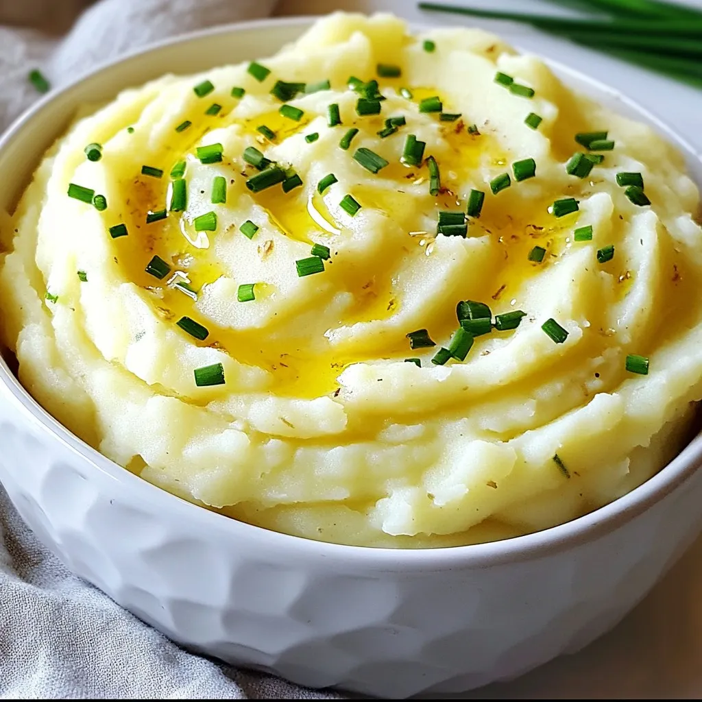 - 2 pounds Yukon Gold potatoes, peeled and cubed - 1 bulb of garlic - 4 tablespoons unsalted butter - 1/2 cup heavy cream (or milk for a lighter option) - 1/2 cup sour cream - Salt and pepper to taste - Fresh chives or parsley, chopped (for garnish) Roasted garlic mashed potatoes need just a few simple ingredients. First, I choose Yukon Gold potatoes. They are creamy and buttery, perfect for mashing. I peel and cube about two pounds for this recipe. Next, I grab a bulb of garlic. Roasting the garlic gives it a sweet flavor. I also use four tablespoons of unsalted butter. This adds richness and smoothness to the mash. For creaminess, I include half a cup of heavy cream. If you want a lighter dish, milk works well too. I also add half a cup of sour cream for tang. Don’t forget salt and pepper! They help bring all the flavors together. Finally, I like to sprinkle fresh chives or parsley on top. This adds a pop of color and fresh taste. With these ingredients, you can make a creamy and flavorful dish that everyone will love. {{ingredient_image_1}} First, preheat your oven to 400°F (200°C). Take your bulb of garlic and slice the top off. This exposes the cloves. Drizzle a little olive oil on top. Wrap the garlic in aluminum foil. Place it in the oven for 30-35 minutes. This roasting makes the garlic soft and golden. Next, fill a large pot with salted water and bring it to a boil. Peel and cube 2 pounds of Yukon Gold potatoes. Add the cubed potatoes to the boiling water. Cook them until fork-tender, which takes about 15-20 minutes. Once tender, drain the potatoes. Return them to the pot and keep on low heat for a minute to let any extra moisture evaporate. Now it’s time to mash! Squeeze the roasted garlic cloves from their skins into the potatoes. Add 4 tablespoons of unsalted butter, 1/2 cup of heavy cream, and 1/2 cup of sour cream. Use a potato masher to mix everything until smooth and creamy. If you want it creamier, add more heavy cream as needed. Season your mashed potatoes with salt and pepper to taste. Mix well to incorporate the seasoning. Finally, transfer the mash to a serving bowl. Garnish with fresh chives or parsley for an extra pop of color. I love using Yukon Gold potatoes for mashed potatoes. They have a smooth texture and a rich flavor. Yukon Golds are naturally creamy, which makes them ideal for this dish. Other potatoes, like Russets, can be too starchy and fluffy. While they work, they lack the buttery taste of Yukon Golds. If you want a perfect mash, stick with Yukons. To get the best creamy texture, balance is key. I often start with 4 tablespoons of butter and 1/2 cup of heavy cream. But feel free to adjust these amounts. If your mash feels too thick, add more cream. You can swap heavy cream for milk if you want a lighter version. The goal is a smooth, silky mash that melts in your mouth. Want to add a twist? Try mixing in some sour cream for tang. You could also stir in roasted garlic for depth. Fresh herbs like chives or parsley add brightness. For a cheesy kick, mix in some grated Parmesan. Each of these options can change your mashed potatoes into something special. Experiment and find your favorite combination! Pro Tips Use Yukon Gold Potatoes: Their natural buttery flavor and creamy texture make them perfect for mashing. Don’t Skip the Garlic: Roasting the garlic enhances its sweetness and mellows its sharpness, adding depth to your mashed potatoes. Heat the Dairy: Warming the butter and cream before adding them to the potatoes helps create a smoother, creamier texture. Adjust to Taste: Always taste and adjust seasoning after mashing, as some potatoes might need more salt or pepper than others. {{image_2}} To make a vegan version, swap out the butter, cream, and sour cream. Use plant-based butter and unsweetened almond milk instead of cream. For sour cream, try coconut yogurt. This keeps the dish creamy and tasty without dairy. Adding herbs can boost the flavor. Try fresh rosemary, thyme, or basil. Chop the herbs finely and mix them in with the garlic and potatoes. This adds a burst of freshness and makes your mash special. If you love cheese, this is for you. Stir in shredded cheddar or cream cheese for a rich taste. You can also try parmesan for a nutty flavor. Mix the cheese when you add the butter and cream for a gooey texture. To store leftover roasted garlic mashed potatoes, let them cool first. Place the mashed potatoes in an airtight container. Make sure to cover it tightly. Store them in the fridge for up to three days. When ready to eat, check for any signs of spoilage before reheating. You can freeze roasted garlic mashed potatoes for longer storage. Use a freezer-safe container or a heavy-duty freezer bag. Make sure to leave some space for expansion. They can last up to three months in the freezer. To freeze, label the container with the date. This helps you keep track of how long they’ve been stored. When reheating, aim for gentle heat to keep the texture smooth. You can use the microwave or a pot on the stove. If using a microwave, heat in short bursts, stirring often. For stovetop reheating, add a splash of cream or milk to regain creaminess. Stir frequently and heat until warm. Always taste and adjust seasoning after reheating. Yes, you can use different kinds of potatoes. While Yukon Gold potatoes shine, russet potatoes work well too. Russets are starchy and fluffy, giving a nice texture. Red potatoes can add a creamy feel but are waxy. You might want to mix types for extra flavor. Each kind brings its own taste and texture to your dish. To make your mash creamier, add more butter and cream. You can also use milk for a lighter touch. Warm the cream before mixing; this helps it blend in better. If you want a richer flavor, use sour cream or cream cheese. Don't forget to mash well. A potato ricer can help achieve that smooth feel. Adjust the amount until you get your desired creaminess. Yes, you can prepare mashed potatoes ahead of time. Cook and mash them as usual, then store in an airtight container. Keep them in the fridge for up to two days. When ready to serve, reheat gently on the stove. Add a splash of cream to keep them moist. You can also warm them in the oven, covered with foil. In this article, we explored how to make delicious roasted garlic mashed potatoes using simple ingredients like Yukon Gold potatoes, garlic, and butter. I shared tips for perfecting the creamy texture and variations to suit different diets, including vegan options. Proper storage and reheating can keep your leftovers just as tasty. Enjoy your cooking journey, and remember that small changes can make a big difference in taste!