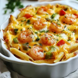 To make a delicious Cajun shrimp pasta bake, you need these simple ingredients: - 8 oz penne pasta - 1 lb large shrimp, peeled and deveined - 1 red bell pepper, diced - 1 green bell pepper, diced - 1 small onion, chopped - 3 cloves garlic, minced - 1 cup heavy cream - 1 cup shredded cheddar cheese - 1 cup shredded mozzarella cheese - 2 tablespoons Cajun seasoning - 1 tablespoon olive oil - Salt and pepper to taste - Fresh parsley, chopped (for garnish) Each ingredient plays a key role in making this dish hearty and flavorful. The penne pasta serves as the base, holding all the tasty bits together. The shrimp adds protein and a nice texture. The bell peppers and onion bring color and sweetness, while garlic gives a rich flavor. The heavy cream binds it all, making it creamy and rich. The cheeses add a gooey, melty topping that everyone loves. Cajun seasoning provides the signature kick that makes this dish unique. Finally, olive oil is essential for sautéing and bringing out the flavors. For the best flavor, season your shrimp and vegetables well. Adjust the Cajun seasoning to your taste. If you want more heat, add a pinch of cayenne pepper or hot sauce. Salt and pepper enhance every bite, so don't skip those. You can also experiment with herbs like thyme or oregano for added depth. These simple ingredients and seasoning tips will lead you to a satisfying meal, perfect for any night of the week. {{ingredient_image_1}} 1. Preheat the oven and boil the pasta First, set your oven to 375°F (190°C). This will get it ready for baking. While it heats up, boil a large pot of salted water. Cook the penne pasta according to the package directions until it is al dente. This means it should be firm but cooked through. Drain the pasta and set it aside. 2. Sauté the onion and garlic In a large skillet, heat 1 tablespoon of olive oil over medium heat. Add the chopped onion and minced garlic. Cook these for about 3-4 minutes until they feel soft and smell great. This step builds a strong base for flavor. 3. Cook the shrimp and vegetables Next, toss in the diced red and green bell peppers. Sauté these for another 3-5 minutes until they become tender. After that, add the shrimp. Cook them for about 3-4 minutes, until they turn pink and opaque. Sprinkle in 2 tablespoons of Cajun seasoning, making sure to coat the shrimp and veggies well. Season with salt and pepper to taste. 4. Combine the pasta and sauce Pour in 1 cup of heavy cream. Stir it all together and let it simmer for 2-3 minutes. This will create a rich and creamy sauce. In a large mixing bowl, combine the cooked penne pasta with the shrimp mixture. Make sure everything mixes well. 5. Bake and final touches Transfer the combined mixture to a greased 9x13 inch baking dish. Top it with 1 cup each of shredded cheddar and mozzarella cheese. Bake in your preheated oven for 20-25 minutes, or until the cheese is melted and bubbly. Once done, take it out of the oven and let it cool for a few minutes. Garnish with fresh parsley before serving. - To ensure shrimp are cooked perfectly, pay close attention. Cook them just until they turn pink and opaque, about 3-4 minutes. Overcooking makes shrimp tough. - For flavor enhancement, add a pinch of cayenne for heat or a squeeze of lemon juice for brightness. Fresh herbs like thyme or basil can also boost taste. - When storing leftovers, keep them in an airtight container. They can last up to three days in the fridge. If you want to save it longer, freeze it for up to three months. - For reheating, use the oven or stovetop. This keeps the dish from getting soggy. Avoid the microwave if possible, as it may make the pasta chewy. - Serve the pasta bake in individual bowls for a nice touch. This makes it easy for guests to enjoy their portions. - Drizzle with a little extra cream for a rich finish. Garnish with fresh parsley and a sprinkle of Cajun seasoning for color and flair. This adds a lovely visual appeal and enhances the dish's flavor. Pro Tips Perfect Pasta: Cook the penne pasta just until al dente, as it will continue to cook in the oven. This helps prevent mushy pasta in the final dish. Fresh Shrimp: Use fresh shrimp if possible for the best flavor. If using frozen, ensure they are fully thawed and patted dry before cooking. Cajun Kick: Feel free to adjust the Cajun seasoning to your taste. If you like it spicier, add a bit more or include some cayenne pepper. Cheese Blend: Experiment with different cheese blends. Adding pepper jack or gouda can give your pasta bake an extra layer of flavor. {{image_2}} - Alternative pasta options: You can swap penne for rotini, fusilli, or even gluten-free pasta. Each shape holds sauce well and adds a fun twist. - Different seafood choices: If shrimp isn’t your thing, try scallops, crab, or even cooked chicken. These options bring new flavors while keeping it hearty. - Vegetarian version ideas: For a meatless meal, use sautéed mushrooms or chickpeas. Add more bell peppers and zucchini for extra nutrition and color. - Adjusting spice levels: If you like spice, add more Cajun seasoning or a dash of hot sauce. For less heat, use mild seasoning or skip it altogether. - Adding additional vegetables or protein: Toss in spinach, kale, or broccoli for a veggie boost. For more protein, consider adding cooked sausage or white beans to make it even heartier. After enjoying your Cajun shrimp pasta bake, store leftovers in the fridge. Use an airtight container. This keeps moisture in and prevents drying out. Your dish will stay fresh for about three to four days. If you want to keep it longer, try freezing. Let the bake cool completely. Then, cut it into portions and wrap each piece tightly. You can also place it in a freezer-safe container. It will last for up to three months in the freezer. Just remember to label your container with the date! When it’s time to enjoy leftovers, you have a few options. The best way is to reheat in the oven. Preheat your oven to 350°F (175°C). Place the pasta bake in an oven-safe dish. Cover it with foil to keep it moist. Heat for about 20-25 minutes, or until hot. If you're in a hurry, you can use the microwave. Place a portion on a microwave-safe plate. Heat it for 1-2 minutes, checking to make sure it doesn’t overcook. Stir it halfway through to heat evenly. Avoid overcooking, as this can make the shrimp tough. Enjoy your tasty meal again! Can I use frozen shrimp? Yes, you can use frozen shrimp. Just thaw them first. This saves time and keeps it easy. If you use frozen shrimp, cook them a bit longer. Check they turn pink and opaque. How can I make it spicy? To add heat, try more Cajun seasoning. You can also add red pepper flakes. If you like it really spicy, use hot sauce. Start with a little and taste as you go. Is this recipe suitable for meal prep? Absolutely! This dish works great for meal prep. You can store it in airtight containers. It lasts about 3-4 days in the fridge. Just reheat when you are ready to eat. Can I make it in advance? Yes, you can prepare it ahead of time. Just assemble the dish and refrigerate it. Bake it when you are ready to serve. This keeps the flavors fresh and delicious. This blog post covered a delicious shrimp pasta recipe. I shared essential ingredients, clear cooking steps, and tips for perfect results. You learned how to store leftovers and reheat them well. Experiment with ingredient variations to suit your taste. Don’t hesitate to adjust the spice or try different proteins. Cooking should be fun and tasty! Now, you can impress family and friends with a delightful dish. Enjoy your cooking journey!