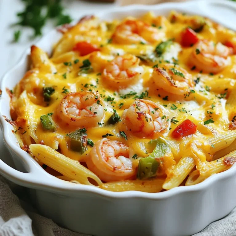 To make a delicious Cajun shrimp pasta bake, you need these simple ingredients: - 8 oz penne pasta - 1 lb large shrimp, peeled and deveined - 1 red bell pepper, diced - 1 green bell pepper, diced - 1 small onion, chopped - 3 cloves garlic, minced - 1 cup heavy cream - 1 cup shredded cheddar cheese - 1 cup shredded mozzarella cheese - 2 tablespoons Cajun seasoning - 1 tablespoon olive oil - Salt and pepper to taste - Fresh parsley, chopped (for garnish) Each ingredient plays a key role in making this dish hearty and flavorful. The penne pasta serves as the base, holding all the tasty bits together. The shrimp adds protein and a nice texture. The bell peppers and onion bring color and sweetness, while garlic gives a rich flavor. The heavy cream binds it all, making it creamy and rich. The cheeses add a gooey, melty topping that everyone loves. Cajun seasoning provides the signature kick that makes this dish unique. Finally, olive oil is essential for sautéing and bringing out the flavors. For the best flavor, season your shrimp and vegetables well. Adjust the Cajun seasoning to your taste. If you want more heat, add a pinch of cayenne pepper or hot sauce. Salt and pepper enhance every bite, so don't skip those. You can also experiment with herbs like thyme or oregano for added depth. These simple ingredients and seasoning tips will lead you to a satisfying meal, perfect for any night of the week. {{ingredient_image_1}} 1. Preheat the oven and boil the pasta First, set your oven to 375°F (190°C). This will get it ready for baking. While it heats up, boil a large pot of salted water. Cook the penne pasta according to the package directions until it is al dente. This means it should be firm but cooked through. Drain the pasta and set it aside. 2. Sauté the onion and garlic In a large skillet, heat 1 tablespoon of olive oil over medium heat. Add the chopped onion and minced garlic. Cook these for about 3-4 minutes until they feel soft and smell great. This step builds a strong base for flavor. 3. Cook the shrimp and vegetables Next, toss in the diced red and green bell peppers. Sauté these for another 3-5 minutes until they become tender. After that, add the shrimp. Cook them for about 3-4 minutes, until they turn pink and opaque. Sprinkle in 2 tablespoons of Cajun seasoning, making sure to coat the shrimp and veggies well. Season with salt and pepper to taste. 4. Combine the pasta and sauce Pour in 1 cup of heavy cream. Stir it all together and let it simmer for 2-3 minutes. This will create a rich and creamy sauce. In a large mixing bowl, combine the cooked penne pasta with the shrimp mixture. Make sure everything mixes well. 5. Bake and final touches Transfer the combined mixture to a greased 9x13 inch baking dish. Top it with 1 cup each of shredded cheddar and mozzarella cheese. Bake in your preheated oven for 20-25 minutes, or until the cheese is melted and bubbly. Once done, take it out of the oven and let it cool for a few minutes. Garnish with fresh parsley before serving. - To ensure shrimp are cooked perfectly, pay close attention. Cook them just until they turn pink and opaque, about 3-4 minutes. Overcooking makes shrimp tough. - For flavor enhancement, add a pinch of cayenne for heat or a squeeze of lemon juice for brightness. Fresh herbs like thyme or basil can also boost taste. - When storing leftovers, keep them in an airtight container. They can last up to three days in the fridge. If you want to save it longer, freeze it for up to three months. - For reheating, use the oven or stovetop. This keeps the dish from getting soggy. Avoid the microwave if possible, as it may make the pasta chewy. - Serve the pasta bake in individual bowls for a nice touch. This makes it easy for guests to enjoy their portions. - Drizzle with a little extra cream for a rich finish. Garnish with fresh parsley and a sprinkle of Cajun seasoning for color and flair. This adds a lovely visual appeal and enhances the dish's flavor. Pro Tips Perfect Pasta: Cook the penne pasta just until al dente, as it will continue to cook in the oven. This helps prevent mushy pasta in the final dish. Fresh Shrimp: Use fresh shrimp if possible for the best flavor. If using frozen, ensure they are fully thawed and patted dry before cooking. Cajun Kick: Feel free to adjust the Cajun seasoning to your taste. If you like it spicier, add a bit more or include some cayenne pepper. Cheese Blend: Experiment with different cheese blends. Adding pepper jack or gouda can give your pasta bake an extra layer of flavor. {{image_2}} - Alternative pasta options: You can swap penne for rotini, fusilli, or even gluten-free pasta. Each shape holds sauce well and adds a fun twist. - Different seafood choices: If shrimp isn’t your thing, try scallops, crab, or even cooked chicken. These options bring new flavors while keeping it hearty. - Vegetarian version ideas: For a meatless meal, use sautéed mushrooms or chickpeas. Add more bell peppers and zucchini for extra nutrition and color. - Adjusting spice levels: If you like spice, add more Cajun seasoning or a dash of hot sauce. For less heat, use mild seasoning or skip it altogether. - Adding additional vegetables or protein: Toss in spinach, kale, or broccoli for a veggie boost. For more protein, consider adding cooked sausage or white beans to make it even heartier. After enjoying your Cajun shrimp pasta bake, store leftovers in the fridge. Use an airtight container. This keeps moisture in and prevents drying out. Your dish will stay fresh for about three to four days. If you want to keep it longer, try freezing. Let the bake cool completely. Then, cut it into portions and wrap each piece tightly. You can also place it in a freezer-safe container. It will last for up to three months in the freezer. Just remember to label your container with the date! When it’s time to enjoy leftovers, you have a few options. The best way is to reheat in the oven. Preheat your oven to 350°F (175°C). Place the pasta bake in an oven-safe dish. Cover it with foil to keep it moist. Heat for about 20-25 minutes, or until hot. If you're in a hurry, you can use the microwave. Place a portion on a microwave-safe plate. Heat it for 1-2 minutes, checking to make sure it doesn’t overcook. Stir it halfway through to heat evenly. Avoid overcooking, as this can make the shrimp tough. Enjoy your tasty meal again! Can I use frozen shrimp? Yes, you can use frozen shrimp. Just thaw them first. This saves time and keeps it easy. If you use frozen shrimp, cook them a bit longer. Check they turn pink and opaque. How can I make it spicy? To add heat, try more Cajun seasoning. You can also add red pepper flakes. If you like it really spicy, use hot sauce. Start with a little and taste as you go. Is this recipe suitable for meal prep? Absolutely! This dish works great for meal prep. You can store it in airtight containers. It lasts about 3-4 days in the fridge. Just reheat when you are ready to eat. Can I make it in advance? Yes, you can prepare it ahead of time. Just assemble the dish and refrigerate it. Bake it when you are ready to serve. This keeps the flavors fresh and delicious. This blog post covered a delicious shrimp pasta recipe. I shared essential ingredients, clear cooking steps, and tips for perfect results. You learned how to store leftovers and reheat them well. Experiment with ingredient variations to suit your taste. Don’t hesitate to adjust the spice or try different proteins. Cooking should be fun and tasty! Now, you can impress family and friends with a delightful dish. Enjoy your cooking journey!