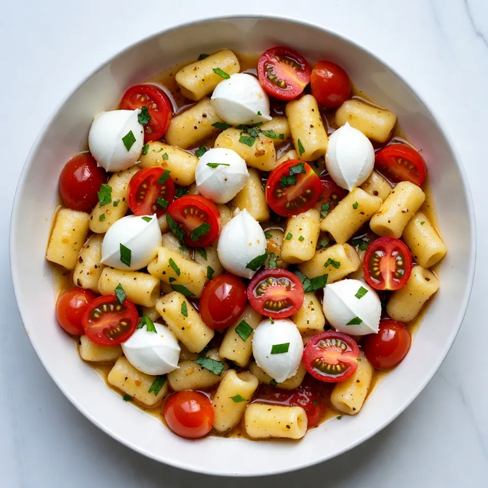 - 1 pound potato gnocchi - 4 tablespoons unsalted butter - 4 cloves garlic, minced - 1 cup cherry tomatoes, halved - 1 cup fresh mozzarella balls (bocconcini) - 1/4 cup fresh basil leaves, chopped - Salt and pepper to taste - 1 tablespoon balsamic glaze (for drizzling) Alternative for Gnocchi You can use store-bought or homemade gnocchi. If you want a lighter option, try cauliflower gnocchi. Dairy-Free Options Swap the butter for olive oil or vegan butter. You can use a dairy-free cheese for the mozzarella. Seasonal Variations In summer, add zucchini or bell peppers. In fall, use roasted butternut squash for a sweet twist. {{ingredient_image_1}} How to Boil Gnocchi Start by filling a large pot with water. Add a good amount of salt to the water. Bring the water to a boil. Once boiling, add the gnocchi. Cook them until they float, which usually takes about 2-3 minutes. Floating means they are ready! Drain the gnocchi and set them aside. Cooking Time and Tips Keep an eye on the gnocchi while they cook. If you cook them too long, they can become mushy. Remember, once they float, they are done. It’s best to drain them right away to avoid overcooking. Sautéing Garlic Properly Take a large skillet and place it over medium heat. Add the unsalted butter and let it melt. Once melted, add the minced garlic. Sauté the garlic for about 1-2 minutes. You want it fragrant but not burnt. Stir it gently to keep it from sticking. Ideal Temperature for Butter The butter should melt slowly. If the heat is too high, it can burn. Keep it at medium heat so the garlic cooks evenly. You want a nice golden color on the garlic for the best flavor. Tossing Gnocchi with Sauce Now, add the halved cherry tomatoes to the skillet. Cook them for 3-4 minutes until they soften. Then, gently toss the cooked gnocchi into the skillet. Make sure to coat the gnocchi well with the garlic butter and tomatoes. Let them cook together for another 2-3 minutes. This helps the gnocchi get a bit crispy. Serving Suggestions Once done, remove the skillet from the heat. Add the fresh mozzarella balls and chopped basil. Season with salt and pepper to your liking. Toss everything together until it’s mixed well. Serve the dish hot, and drizzle balsamic glaze over the top for a sweet touch. Enjoy your beautiful, tasty meal! To get a great texture with your gnocchi, start by boiling them well. Boil the gnocchi in salted water until they float. This shows they are done. After boiling, drain them well and let them sit for a minute. This helps them dry a bit. To achieve a crispy finish, heat your skillet before adding the butter. A hot skillet helps the gnocchi get a nice brown color. Cook them in a single layer for the best result. If you crowd the pan, they may steam instead of crisp. Using the right heat levels is key. Medium heat works well for the garlic and butter. Too high, and the garlic can burn. You want it to be fragrant and golden, not dark. You can boost the flavor by adding herbs and spices. Fresh oregano or thyme works great with this dish. Just add them when you toss in the tomatoes. You can also sprinkle some red pepper flakes for a hint of heat. For richer flavors, try adding a splash of cream to the butter sauce. It gives a nice, creamy texture. Another fun option is to mix in some grated Parmesan cheese before serving. It adds depth and a savory touch. For a beautiful presentation, use a large, shallow bowl. This allows the colors to pop. Arrange the gnocchi in the center. Scatter cherry tomatoes and mozzarella on top for a vibrant look. Garnishing ideas include fresh basil leaves or whole mozzarella balls. You could even drizzle some balsamic glaze over the dish for a sweet finish. This adds both flavor and elegance to your meal. Pro Tips Use Fresh Ingredients: Always opt for the freshest cherry tomatoes and basil for the best flavor and vibrant presentation. Don’t Overcook the Gnocchi: Cook the gnocchi just until they float to ensure they remain soft and pillowy. Adjust Garlic to Taste: If you love garlic, feel free to add an extra clove for a stronger flavor. Perfect Balsamic Glaze Drizzle: Warm the balsamic glaze slightly before drizzling for a more fluid application. {{image_2}} Chicken or Shrimp Options You can easily add chicken or shrimp to your gnocchi dish. For chicken, cook bite-sized pieces in the skillet until golden. Add them after the garlic and tomatoes. For shrimp, toss them in when the tomatoes start to burst. Cook until they turn pink and are just done. Both options boost protein and flavor. Vegan Alternatives If you prefer a vegan option, use sautéed mushrooms or chickpeas. These add texture and protein. Cook them in the garlic butter with the tomatoes. You can also swap the mozzarella for a vegan cheese. This keeps the dish tasty while fitting a plant-based diet. Suggestions for Seasonal Vegetables Seasonal vegetables can make your dish vibrant. Try zucchini, bell peppers, or asparagus. Chop them and sauté with the garlic. This adds color and nutrients. You can mix in whatever is fresh at the market. How to Incorporate Leafy Greens Leafy greens like spinach or arugula work great, too. Add them at the end of cooking. They will wilt quickly and blend with the gnocchi. This adds a healthy twist and a pop of green. Mediterranean Twist For a Mediterranean twist, add olives and sun-dried tomatoes. These ingredients bring bold flavors. Toss them in with the garlic and tomatoes. You can also sprinkle feta cheese on top at serving. Italian Seasoning Variations Change the herbs to create different tastes. Try oregano, thyme, or rosemary instead of basil. Each brings a unique flavor. Adjust the amounts to your liking for a new take on this dish. - Use an airtight container for best results. - Glass or plastic containers work well too. - Keep leftovers in the fridge for up to 3 days. - Gnocchi tastes best reheated in a skillet. - Heat over low to medium heat. - Add a bit of butter or oil to avoid sticking. - Stir gently to keep the texture nice. - Yes, you can freeze gnocchi. - Freeze them on a baking sheet first. - After they freeze, pack them in a container. - To cook, simply boil them from frozen. - No need to thaw before cooking. Making Caprese Garlic Butter Gnocchi takes about 20 minutes. You need 10 minutes to prep and 10 minutes to cook. This quick dish is perfect for busy nights. You can enjoy a tasty meal in less time than it takes to watch an episode of your favorite show. Yes, you can use homemade gnocchi! Homemade gnocchi may have a different taste. It often has a fresher flavor than store-bought. Cooking time may vary too. You might need to adjust the boiling time to ensure they cook through. Enjoy the richness of your homemade creation in this dish! Pair your gnocchi with a simple side salad. A fresh green salad with lemon vinaigrette works well. You could also add some garlic bread for a nice crunch. For protein, grilled chicken or shrimp fits nicely too. These sides complement the flavors without overpowering them. In this blog post, we explored how to make Caprese Garlic Butter Gnocchi. We covered the key ingredients, with tips for substitutes and variations. I shared step-by-step instructions for cooking the gnocchi and making the garlic butter sauce. You learned how to enhance flavors and present the dish beautifully. Remember, cooking should be fun! Use fresh ingredients and feel free to experiment. Enjoy your tasty creation!
