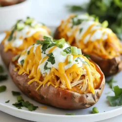 - 4 medium sweet potatoes - 2 cups cooked shredded chicken - ½ cup buffalo sauce (adjust for spice preference) - 1 cup shredded cheddar cheese - ½ cup plain Greek yogurt - 1 tablespoon lime juice - 2 green onions, sliced - Salt and pepper to taste - Fresh parsley for garnish You can change some ingredients if you need to. Here are some swaps: - For the sweet potatoes, you can use regular potatoes. - Use rotisserie chicken if you want a quicker option. - Swap buffalo sauce for BBQ sauce for a milder flavor. - Use any type of cheese you like, such as mozzarella or pepper jack. - For a dairy-free option, use cashew yogurt instead of Greek yogurt. When picking sweet potatoes, look for firm ones. They should feel heavy for their size. Avoid any with soft spots or wrinkles. The skin should be smooth and free of blemishes. Always choose sweet potatoes that are medium-sized for even cooking. If you plan to store them, keep them in a cool, dark place. Do not put them in the fridge, as cold can change their taste. {{ingredient_image_1}} Start by washing four medium sweet potatoes. Make sure to scrub them well. Then, pierce each potato several times with a fork. This helps steam escape. Place the potatoes on a baking sheet lined with parchment paper. Preheat your oven to 400°F (200°C). Once the oven is ready, bake the sweet potatoes for about 45 minutes. They should be soft when you poke them with a fork. Cooking time may change based on their size. While the sweet potatoes bake, prepare the buffalo chicken filling. In a medium bowl, combine two cups of cooked shredded chicken with half a cup of buffalo sauce. If you like it spicier, add more sauce. Mix well, so every piece of chicken gets coated. This step brings flavor to the dish. When the sweet potatoes finish baking, take them out and let them cool for a few minutes. Slice each potato lengthwise, but don’t cut all the way through. Gently fluff the inside with a fork. Add salt and pepper for taste. Spoon the buffalo chicken mixture into each potato generously. Top with one cup of shredded cheddar cheese. Return them to the oven for another 10 minutes, until the cheese melts. While they bake, mix half a cup of plain Greek yogurt with one tablespoon of lime juice in a small bowl. This adds a fresh twist. Once the potatoes are ready, drizzle the yogurt-lime sauce on top. Finish by garnishing with sliced green onions and fresh parsley. Serve and enjoy your meal! To get the best sweet potato, start with the right size. Medium sweet potatoes cook evenly. Wash them well to remove dirt. Use a fork to pierce them multiple times. This helps steam escape while baking. Bake them at 400°F for about 45 minutes. Check for doneness by poking them with a fork. They should feel soft inside. If they are not soft, bake a little longer. This step gives you a nice, fluffy texture to hold your filling. Your buffalo chicken needs flavor! Use shredded chicken cooked with a good buffalo sauce. I suggest starting with ½ cup. If you love spice, add more sauce to taste. Mix the chicken and sauce in a bowl until well coated. This ensures every bite has a kick. You can also add other spices. A dash of garlic powder or onion powder can boost the flavor. Experiment with your favorite spices to make it your own. Cheese makes these sweet potatoes extra special! For the best melt, use shredded cheddar cheese. Spread it generously on top of each stuffed potato. Return the sweet potatoes to the oven for about 10 minutes. Bake until the cheese is bubbly and golden. If you like a crispy top, broil for a minute or two. Keep an eye on it to avoid burning. This adds a delicious layer of flavor and texture to your dish. Pro Tips Choose the Right Sweet Potatoes: Opt for medium-sized sweet potatoes for even cooking and the perfect stuffing capacity. Customize Your Heat Level: Adjust the amount of buffalo sauce based on your spice preference to ensure everyone enjoys the dish. Use Rotisserie Chicken: For a quicker option, use store-bought rotisserie chicken to save time on prep. Experiment with Toppings: Feel free to add other toppings like diced avocado or crumbled blue cheese for extra flavor. {{image_2}} You can make this dish meat-free and still super tasty. Start with roasted chickpeas or lentils. Mix them with buffalo sauce just like the chicken. This gives you the same spicy kick. Add your favorite veggies, like bell peppers or zucchini, for more flavor. You can also use plant-based cheese for a cheesy touch. Get creative with your toppings! Instead of Greek yogurt, try guacamole or ranch dressing. Both add a creamy element. You can also top with diced tomatoes, jalapeños, or even avocado slices. Fresh herbs, like cilantro or basil, bring a nice touch too. Experiment to find your favorite combo! If you want to switch up the protein, don't worry! You can use turkey or shredded beef. Tofu is another great choice for a tasty, plant-based option. Just make sure to season it well with buffalo sauce and spices. This keeps the dish flavorful, no matter what protein you choose. To keep your Buffalo Chicken Stuffed Sweet Potatoes fresh, place them in an airtight container. This helps lock in moisture and flavor. You can store them in the fridge for up to three days. Make sure to let them cool before sealing. When you’re ready to enjoy your leftovers, reheat them in the oven for the best taste. Preheat your oven to 350°F (175°C). Place the stuffed sweet potatoes on a baking sheet. Heat for about 15 to 20 minutes, or until warm. You can also use a microwave if you're in a hurry. Just cover them with a damp paper towel and heat for about 2 to 3 minutes. If you want to freeze your stuffed sweet potatoes, it's easy! First, let them cool completely. Wrap each potato tightly in plastic wrap, then place them in a freezer bag. They can last for up to three months in the freezer. When you’re ready to eat, thaw them overnight in the fridge before reheating. This way, you keep the great taste and texture! Yes, you can use other potatoes. However, sweet potatoes add a nice sweetness. Regular potatoes work too, but they lack that sweetness and creaminess. If you choose to use russets or Yukon golds, adjust cooking times. Russets usually need more time to bake. The spice level depends on the brand and type of buffalo sauce. Some sauces are very hot, while others are mild. You can control the heat by adding less sauce or choosing a milder one. For less spice, try mixing the buffalo sauce with Greek yogurt. This adds creaminess and reduces heat. Absolutely! You can prepare the buffalo chicken filling ahead of time. Store it in the fridge for up to three days. Bake the sweet potatoes fresh when you're ready to eat. Just remember to warm the filling before stuffing the potatoes. This keeps everything hot and tasty. In this blog post, I shared how to make delicious buffalo chicken stuffed sweet potatoes. We covered key ingredients and shared smart substitutions. You learned how to prepare the sweet potatoes, create the filling, and bake them to perfection. I also offered tips for texture and spice, along with tasty variations for vegetarians or different proteins. For leftovers, I explained proper storage, reheating, and freezing. Now, you are ready to enjoy this tasty dish anytime!