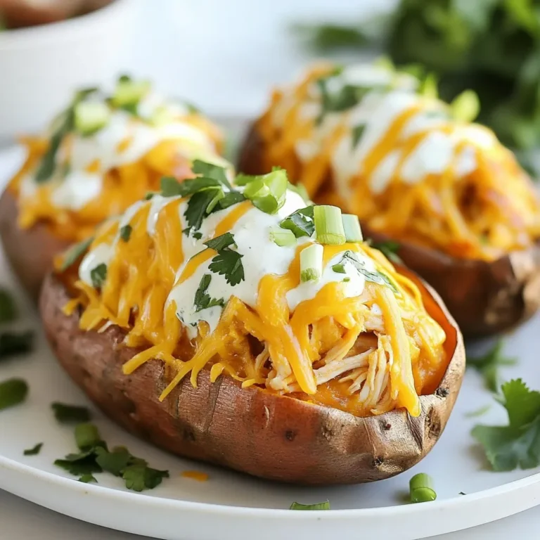 - 4 medium sweet potatoes - 2 cups cooked shredded chicken - ½ cup buffalo sauce (adjust for spice preference) - 1 cup shredded cheddar cheese - ½ cup plain Greek yogurt - 1 tablespoon lime juice - 2 green onions, sliced - Salt and pepper to taste - Fresh parsley for garnish You can change some ingredients if you need to. Here are some swaps: - For the sweet potatoes, you can use regular potatoes. - Use rotisserie chicken if you want a quicker option. - Swap buffalo sauce for BBQ sauce for a milder flavor. - Use any type of cheese you like, such as mozzarella or pepper jack. - For a dairy-free option, use cashew yogurt instead of Greek yogurt. When picking sweet potatoes, look for firm ones. They should feel heavy for their size. Avoid any with soft spots or wrinkles. The skin should be smooth and free of blemishes. Always choose sweet potatoes that are medium-sized for even cooking. If you plan to store them, keep them in a cool, dark place. Do not put them in the fridge, as cold can change their taste. {{ingredient_image_1}} Start by washing four medium sweet potatoes. Make sure to scrub them well. Then, pierce each potato several times with a fork. This helps steam escape. Place the potatoes on a baking sheet lined with parchment paper. Preheat your oven to 400°F (200°C). Once the oven is ready, bake the sweet potatoes for about 45 minutes. They should be soft when you poke them with a fork. Cooking time may change based on their size. While the sweet potatoes bake, prepare the buffalo chicken filling. In a medium bowl, combine two cups of cooked shredded chicken with half a cup of buffalo sauce. If you like it spicier, add more sauce. Mix well, so every piece of chicken gets coated. This step brings flavor to the dish. When the sweet potatoes finish baking, take them out and let them cool for a few minutes. Slice each potato lengthwise, but don’t cut all the way through. Gently fluff the inside with a fork. Add salt and pepper for taste. Spoon the buffalo chicken mixture into each potato generously. Top with one cup of shredded cheddar cheese. Return them to the oven for another 10 minutes, until the cheese melts. While they bake, mix half a cup of plain Greek yogurt with one tablespoon of lime juice in a small bowl. This adds a fresh twist. Once the potatoes are ready, drizzle the yogurt-lime sauce on top. Finish by garnishing with sliced green onions and fresh parsley. Serve and enjoy your meal! To get the best sweet potato, start with the right size. Medium sweet potatoes cook evenly. Wash them well to remove dirt. Use a fork to pierce them multiple times. This helps steam escape while baking. Bake them at 400°F for about 45 minutes. Check for doneness by poking them with a fork. They should feel soft inside. If they are not soft, bake a little longer. This step gives you a nice, fluffy texture to hold your filling. Your buffalo chicken needs flavor! Use shredded chicken cooked with a good buffalo sauce. I suggest starting with ½ cup. If you love spice, add more sauce to taste. Mix the chicken and sauce in a bowl until well coated. This ensures every bite has a kick. You can also add other spices. A dash of garlic powder or onion powder can boost the flavor. Experiment with your favorite spices to make it your own. Cheese makes these sweet potatoes extra special! For the best melt, use shredded cheddar cheese. Spread it generously on top of each stuffed potato. Return the sweet potatoes to the oven for about 10 minutes. Bake until the cheese is bubbly and golden. If you like a crispy top, broil for a minute or two. Keep an eye on it to avoid burning. This adds a delicious layer of flavor and texture to your dish. Pro Tips Choose the Right Sweet Potatoes: Opt for medium-sized sweet potatoes for even cooking and the perfect stuffing capacity. Customize Your Heat Level: Adjust the amount of buffalo sauce based on your spice preference to ensure everyone enjoys the dish. Use Rotisserie Chicken: For a quicker option, use store-bought rotisserie chicken to save time on prep. Experiment with Toppings: Feel free to add other toppings like diced avocado or crumbled blue cheese for extra flavor. {{image_2}} You can make this dish meat-free and still super tasty. Start with roasted chickpeas or lentils. Mix them with buffalo sauce just like the chicken. This gives you the same spicy kick. Add your favorite veggies, like bell peppers or zucchini, for more flavor. You can also use plant-based cheese for a cheesy touch. Get creative with your toppings! Instead of Greek yogurt, try guacamole or ranch dressing. Both add a creamy element. You can also top with diced tomatoes, jalapeños, or even avocado slices. Fresh herbs, like cilantro or basil, bring a nice touch too. Experiment to find your favorite combo! If you want to switch up the protein, don't worry! You can use turkey or shredded beef. Tofu is another great choice for a tasty, plant-based option. Just make sure to season it well with buffalo sauce and spices. This keeps the dish flavorful, no matter what protein you choose. To keep your Buffalo Chicken Stuffed Sweet Potatoes fresh, place them in an airtight container. This helps lock in moisture and flavor. You can store them in the fridge for up to three days. Make sure to let them cool before sealing. When you’re ready to enjoy your leftovers, reheat them in the oven for the best taste. Preheat your oven to 350°F (175°C). Place the stuffed sweet potatoes on a baking sheet. Heat for about 15 to 20 minutes, or until warm. You can also use a microwave if you're in a hurry. Just cover them with a damp paper towel and heat for about 2 to 3 minutes. If you want to freeze your stuffed sweet potatoes, it's easy! First, let them cool completely. Wrap each potato tightly in plastic wrap, then place them in a freezer bag. They can last for up to three months in the freezer. When you’re ready to eat, thaw them overnight in the fridge before reheating. This way, you keep the great taste and texture! Yes, you can use other potatoes. However, sweet potatoes add a nice sweetness. Regular potatoes work too, but they lack that sweetness and creaminess. If you choose to use russets or Yukon golds, adjust cooking times. Russets usually need more time to bake. The spice level depends on the brand and type of buffalo sauce. Some sauces are very hot, while others are mild. You can control the heat by adding less sauce or choosing a milder one. For less spice, try mixing the buffalo sauce with Greek yogurt. This adds creaminess and reduces heat. Absolutely! You can prepare the buffalo chicken filling ahead of time. Store it in the fridge for up to three days. Bake the sweet potatoes fresh when you're ready to eat. Just remember to warm the filling before stuffing the potatoes. This keeps everything hot and tasty. In this blog post, I shared how to make delicious buffalo chicken stuffed sweet potatoes. We covered key ingredients and shared smart substitutions. You learned how to prepare the sweet potatoes, create the filling, and bake them to perfection. I also offered tips for texture and spice, along with tasty variations for vegetarians or different proteins. For leftovers, I explained proper storage, reheating, and freezing. Now, you are ready to enjoy this tasty dish anytime!