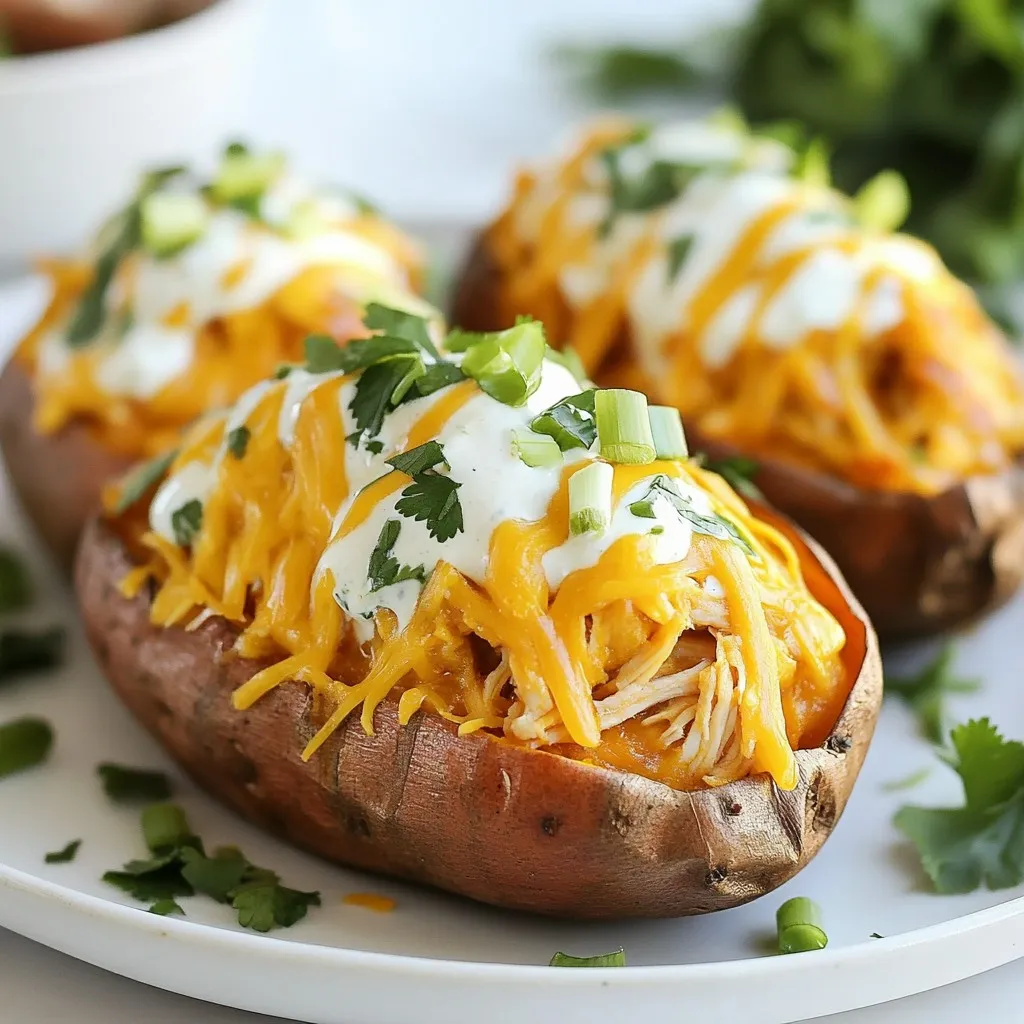 - 4 medium sweet potatoes - 2 cups cooked shredded chicken - ½ cup buffalo sauce (adjust for spice preference) - 1 cup shredded cheddar cheese - ½ cup plain Greek yogurt - 1 tablespoon lime juice - 2 green onions, sliced - Salt and pepper to taste - Fresh parsley for garnish You can change some ingredients if you need to. Here are some swaps: - For the sweet potatoes, you can use regular potatoes. - Use rotisserie chicken if you want a quicker option. - Swap buffalo sauce for BBQ sauce for a milder flavor. - Use any type of cheese you like, such as mozzarella or pepper jack. - For a dairy-free option, use cashew yogurt instead of Greek yogurt. When picking sweet potatoes, look for firm ones. They should feel heavy for their size. Avoid any with soft spots or wrinkles. The skin should be smooth and free of blemishes. Always choose sweet potatoes that are medium-sized for even cooking. If you plan to store them, keep them in a cool, dark place. Do not put them in the fridge, as cold can change their taste. {{ingredient_image_1}} Start by washing four medium sweet potatoes. Make sure to scrub them well. Then, pierce each potato several times with a fork. This helps steam escape. Place the potatoes on a baking sheet lined with parchment paper. Preheat your oven to 400°F (200°C). Once the oven is ready, bake the sweet potatoes for about 45 minutes. They should be soft when you poke them with a fork. Cooking time may change based on their size. While the sweet potatoes bake, prepare the buffalo chicken filling. In a medium bowl, combine two cups of cooked shredded chicken with half a cup of buffalo sauce. If you like it spicier, add more sauce. Mix well, so every piece of chicken gets coated. This step brings flavor to the dish. When the sweet potatoes finish baking, take them out and let them cool for a few minutes. Slice each potato lengthwise, but don’t cut all the way through. Gently fluff the inside with a fork. Add salt and pepper for taste. Spoon the buffalo chicken mixture into each potato generously. Top with one cup of shredded cheddar cheese. Return them to the oven for another 10 minutes, until the cheese melts. While they bake, mix half a cup of plain Greek yogurt with one tablespoon of lime juice in a small bowl. This adds a fresh twist. Once the potatoes are ready, drizzle the yogurt-lime sauce on top. Finish by garnishing with sliced green onions and fresh parsley. Serve and enjoy your meal! To get the best sweet potato, start with the right size. Medium sweet potatoes cook evenly. Wash them well to remove dirt. Use a fork to pierce them multiple times. This helps steam escape while baking. Bake them at 400°F for about 45 minutes. Check for doneness by poking them with a fork. They should feel soft inside. If they are not soft, bake a little longer. This step gives you a nice, fluffy texture to hold your filling. Your buffalo chicken needs flavor! Use shredded chicken cooked with a good buffalo sauce. I suggest starting with ½ cup. If you love spice, add more sauce to taste. Mix the chicken and sauce in a bowl until well coated. This ensures every bite has a kick. You can also add other spices. A dash of garlic powder or onion powder can boost the flavor. Experiment with your favorite spices to make it your own. Cheese makes these sweet potatoes extra special! For the best melt, use shredded cheddar cheese. Spread it generously on top of each stuffed potato. Return the sweet potatoes to the oven for about 10 minutes. Bake until the cheese is bubbly and golden. If you like a crispy top, broil for a minute or two. Keep an eye on it to avoid burning. This adds a delicious layer of flavor and texture to your dish. Pro Tips Choose the Right Sweet Potatoes: Opt for medium-sized sweet potatoes for even cooking and the perfect stuffing capacity. Customize Your Heat Level: Adjust the amount of buffalo sauce based on your spice preference to ensure everyone enjoys the dish. Use Rotisserie Chicken: For a quicker option, use store-bought rotisserie chicken to save time on prep. Experiment with Toppings: Feel free to add other toppings like diced avocado or crumbled blue cheese for extra flavor. {{image_2}} You can make this dish meat-free and still super tasty. Start with roasted chickpeas or lentils. Mix them with buffalo sauce just like the chicken. This gives you the same spicy kick. Add your favorite veggies, like bell peppers or zucchini, for more flavor. You can also use plant-based cheese for a cheesy touch. Get creative with your toppings! Instead of Greek yogurt, try guacamole or ranch dressing. Both add a creamy element. You can also top with diced tomatoes, jalapeños, or even avocado slices. Fresh herbs, like cilantro or basil, bring a nice touch too. Experiment to find your favorite combo! If you want to switch up the protein, don't worry! You can use turkey or shredded beef. Tofu is another great choice for a tasty, plant-based option. Just make sure to season it well with buffalo sauce and spices. This keeps the dish flavorful, no matter what protein you choose. To keep your Buffalo Chicken Stuffed Sweet Potatoes fresh, place them in an airtight container. This helps lock in moisture and flavor. You can store them in the fridge for up to three days. Make sure to let them cool before sealing. When you’re ready to enjoy your leftovers, reheat them in the oven for the best taste. Preheat your oven to 350°F (175°C). Place the stuffed sweet potatoes on a baking sheet. Heat for about 15 to 20 minutes, or until warm. You can also use a microwave if you're in a hurry. Just cover them with a damp paper towel and heat for about 2 to 3 minutes. If you want to freeze your stuffed sweet potatoes, it's easy! First, let them cool completely. Wrap each potato tightly in plastic wrap, then place them in a freezer bag. They can last for up to three months in the freezer. When you’re ready to eat, thaw them overnight in the fridge before reheating. This way, you keep the great taste and texture! Yes, you can use other potatoes. However, sweet potatoes add a nice sweetness. Regular potatoes work too, but they lack that sweetness and creaminess. If you choose to use russets or Yukon golds, adjust cooking times. Russets usually need more time to bake. The spice level depends on the brand and type of buffalo sauce. Some sauces are very hot, while others are mild. You can control the heat by adding less sauce or choosing a milder one. For less spice, try mixing the buffalo sauce with Greek yogurt. This adds creaminess and reduces heat. Absolutely! You can prepare the buffalo chicken filling ahead of time. Store it in the fridge for up to three days. Bake the sweet potatoes fresh when you're ready to eat. Just remember to warm the filling before stuffing the potatoes. This keeps everything hot and tasty. In this blog post, I shared how to make delicious buffalo chicken stuffed sweet potatoes. We covered key ingredients and shared smart substitutions. You learned how to prepare the sweet potatoes, create the filling, and bake them to perfection. I also offered tips for texture and spice, along with tasty variations for vegetarians or different proteins. For leftovers, I explained proper storage, reheating, and freezing. Now, you are ready to enjoy this tasty dish anytime!