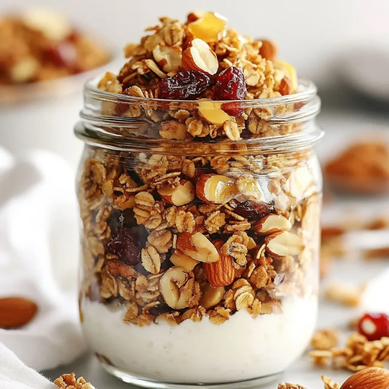- 2 cups rolled oats - 1 cup walnuts, roughly chopped - 1/2 cup almond slices - 1/2 cup unsweetened shredded coconut - 1/3 cup maple syrup - 1/4 cup coconut oil, melted - 1/2 teaspoon vanilla extract - 1/2 teaspoon cinnamon - 1/4 teaspoon salt - 1/2 cup dried cranberries or cherries (optional) This recipe makes about eight servings. Each serving has roughly: - Calories: 200 - Protein: 4g - Fat: 10g - Carbohydrates: 25g - Fiber: 3g - Sugar: 5g - Rolled oats are great for heart health. They help lower cholesterol and provide energy. - Walnuts are rich in omega-3 fatty acids. They support brain health and reduce inflammation. - Almonds add protein and vitamin E. They help with skin health and keep you full. - Coconut contains healthy fats. It may boost energy and support weight loss. - Maple syrup is a natural sweetener. It has antioxidants and can boost your mood. - Cinnamon helps regulate blood sugar. It also adds a warm flavor that many love. - Dried fruits add sweetness and fiber. They are good for digestion and add nutrients. These ingredients not only taste great but also support your health. Enjoy your tasty snack! {{ingredient_image_1}} Start by preheating your oven to 325°F (160°C). This helps the granola bake evenly. Next, line a baking sheet with parchment paper. This makes cleanup easy later. In a large bowl, mix the rolled oats, chopped walnuts, almond slices, shredded coconut, cinnamon, and salt. Stir until everything is combined. In another bowl, whisk the melted coconut oil, maple syrup, and vanilla extract. Make sure these ingredients mix well. Pour this wet mixture over the dry ingredients. Stir gently until every piece is coated in the sweet mix. Now, press the mixture firmly onto the prepared baking sheet. You want a flat, compact layer. This helps form nice clusters later. Bake in your preheated oven for 20 to 25 minutes. Watch closely for golden edges. You don’t want it to burn, so check it often. Take the baking sheet out of the oven and let the granola cool completely. This step is key for forming clusters. Once cool, break the granola into clusters with your hands. If you want, toss in dried cranberries or cherries for added flavor. Store your granola in an airtight container. It stays fresh for up to two weeks. To make perfect clusters, press the granola mix firmly. This step is key. When you press the mixture down on the baking sheet, it helps the granola stick together. Aim for a flat, compact layer. This ensures the clusters hold their shape after baking. Let the granola cool completely on the sheet. Cooling is essential for forming those crunchy pieces. To boost flavors, add a pinch of nutmeg or ginger. These spices give your granola a warm kick. You can also swap maple syrup for honey or agave syrup for a twist. If you enjoy extra sweetness, toss in a bit of brown sugar. For a nutty taste, try adding a splash of almond extract. This gives your clusters a lovely depth of flavor. One mistake is not mixing the wet and dry ingredients well. Make sure everything is coated evenly. Another pitfall is opening the oven too often. This can lead to uneven baking. Also, don't skip the cooling step. If you break the granola too soon, it won't form clusters. Lastly, keep an eye on the baking time. Overbaking can make your clusters hard and dry. Pro Tips Use Fresh Ingredients: Ensure that your nuts and oats are fresh for the best flavor and texture. Experiment with Add-Ins: Feel free to add other nuts, seeds, or dried fruits to customize your granola clusters. Press Firmly: Pressing the mixture firmly into the baking sheet will help form larger clusters once baked. Store Properly: Keep granola in an airtight container to maintain its crunch and freshness for longer. {{image_2}} You can switch up the nuts in your clusters. If you want more crunch, try pecans or hazelnuts. Cashews add a creamier taste. Each nut brings a new flavor. You can mix and match for fun. Just keep the total nut amount the same. Dried fruit adds sweetness and texture. Instead of cranberries, use raisins or chopped dates. For a tropical twist, try dried mango or pineapple. You can even skip the fruit if you prefer a nut-only granola. The choice is yours! Feel free to get creative with flavors. Add cocoa powder for a chocolatey touch. A dash of nutmeg or ginger can spice things up. You could also mix in seeds like pumpkin or sunflower seeds. This adds extra crunch and nutrition. Explore different combinations to find your favorite! To keep your Maple Walnut Granola Clusters fresh, use an airtight container. Glass jars work well for this. Make sure to store them in a cool, dry place. Avoid heat and moisture, as they can make your clusters soggy. Your granola can last up to two weeks when stored properly. To check for freshness, look for any signs of moisture or changes in smell. If they start to feel soft, it’s best to toss them. For extra crunch, you can toast them in the oven for a few minutes. Freezing is a great way to keep your granola longer. Place the clusters in a freezer-safe bag. Make sure to remove as much air as possible before sealing. They can last up to three months in the freezer. When you’re ready, just let them thaw at room temperature. Enjoy your tasty snack anytime! Granola clusters are tasty bites made from oats, nuts, and sweeteners. They stick together to form crunchy bites. In this recipe, I use oats, walnuts, and maple syrup to create delicious clusters. The magic happens when you bake the mixture, helping it bond. You get a blend of flavors and textures that is hard to resist. Yes, you can make this recipe vegan! The main ingredients are already plant-based. Just ensure you use maple syrup, which is vegan-friendly. The coconut oil also fits well in a vegan diet. You can skip the optional dried cranberries if they contain any animal products. Enjoy your vegan snack! Customizing the recipe for allergies is simple. First, check for common allergens in the ingredients. If you have a nut allergy, you can swap walnuts for seeds, like sunflower seeds or pumpkin seeds. If gluten is a concern, use gluten-free oats. Always read labels to ensure safety. You can adjust flavors too, adding your favorite spices or sweeteners. This blog post covered everything you need to know about making granola clusters. We discussed the ingredients and their health benefits. You learned the proper steps for preparation, baking, and cooling. Also, I shared tips for making perfect clusters and avoiding common mistakes. You got ideas for variations and the best ways to store your clusters, too. Now, you can enjoy your tasty, homemade granola clusters. Have fun experimenting with flavors and ingredients!