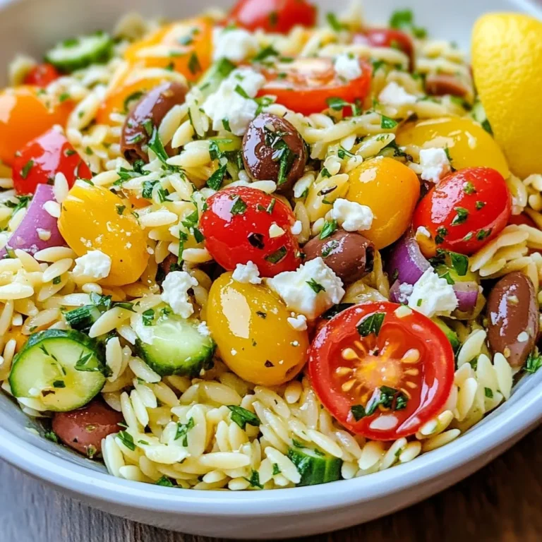 - 1 cup orzo pasta - 2 cups water - 1 cup cherry tomatoes, halved - 1 cucumber, diced - 1/2 red onion, finely chopped - 1/2 cup Kalamata olives, pitted and sliced - 1/4 cup fresh parsley, chopped - 1/4 cup feta cheese, crumbled - 1/4 cup olive oil - 2 tablespoons lemon juice - 1 teaspoon dried oregano - Salt and pepper to taste Gathering these ingredients is key to a great Greek orzo pasta salad. First, orzo pasta is the star. It’s a small, rice-shaped pasta that cooks quickly and soaks up flavors well. You can find it in most grocery stores. Next, fresh vegetables add crunch and color. Cherry tomatoes bring sweetness. Use ripe ones for the best taste. The cucumber cools the dish and adds freshness. Red onion adds a bit of bite, but be careful not to overpower the salad. Kalamata olives bring a bold, briny flavor. They also add a nice texture. Feta cheese is a must for creaminess and tang. It crumbles beautifully and gives each bite a salty kick. For the dressing, use olive oil, lemon juice, and dried oregano. This mix creates a bright and zesty flavor. Salt and pepper enhance everything, tying the dish together. Make sure to have all these ingredients ready. You will love how they come together in a fresh and flavorful delight. {{ingredient_image_1}} First, take a medium pot and fill it with 2 cups of water. Bring the water to a rolling boil. Once it boils, add 1 cup of orzo pasta. Cook the orzo for about 8 to 10 minutes. You want it to be al dente, which means it should have a slight bite. After cooking, drain the orzo in a colander. Rinse it under cold water to stop the cooking. This helps keep the orzo firm. Set it aside to cool while you prepare the other ingredients. Now, grab a large mixing bowl. In this bowl, combine 1 cup of halved cherry tomatoes, 1 diced cucumber, ½ of a finely chopped red onion, and ½ cup of sliced Kalamata olives. Also, add in ¼ cup of chopped fresh parsley. Give a gentle stir to mix these fresh ingredients well. Next, add the cooled orzo to your bowl. Fold it in gently so all the veggies and orzo mix evenly. For the dressing, take a small bowl. Whisk together ¼ cup of olive oil and 2 tablespoons of lemon juice. Then, add 1 teaspoon of dried oregano, salt, and pepper to taste. Make sure to whisk until the ingredients blend well. Pour this dressing over the salad. Toss everything together to coat all the ingredients. Finally, sprinkle ¼ cup of crumbled feta cheese on top. Give it one last gentle toss. Now, your Greek Orzo Pasta Salad is ready to shine! To cook orzo pasta perfectly, boil 2 cups of water. Add 1 cup of orzo and stir it well. Cook until it is al dente, about 8 to 10 minutes. Al dente means the pasta is firm but not hard. After cooking, drain the orzo and rinse it with cold water. This stops the cooking process and keeps it from getting mushy. Set the pasta aside so it can cool. You can enhance the flavor of your orzo salad easily. For a bolder taste, add more lemon juice or olive oil. You might also try adding a pinch of red pepper flakes for heat. If you want extra toppings, consider adding roasted red peppers or artichoke hearts. These will give your salad a nice twist and more texture. For a lovely presentation, serve the salad in a large, shallow bowl. Garnish it with fresh parsley and whole cherry tomatoes. This adds color and makes it eye-catching. You can also place a lemon wedge on the side. It gives a bright touch and is perfect for those who want more zest. Use colorful bowls to make your dish stand out even more. Pro Tips Cook Orzo Al Dente: Ensure that your orzo is cooked al dente for the best texture. This will prevent the pasta from becoming mushy when mixed with the other ingredients. Use Fresh Ingredients: Whenever possible, opt for fresh vegetables and herbs. They enhance the flavor and nutritional value of your salad. Chill Before Serving: For a refreshing experience, let your salad chill in the refrigerator for at least 30 minutes before serving. This allows the flavors to meld beautifully. Customize Your Olives: Feel free to experiment with different types of olives, such as green or stuffed olives, to give your salad a unique twist. {{image_2}} You can change orzo pasta with any small pasta. Try farro or quinoa for a twist. For vegetables, use bell peppers, zucchini, or spinach. Each adds a fresh touch. If you’re looking for dairy-free options, skip the feta and use avocado. Nutritional yeast can give a cheesy flavor without dairy. For a vegan option, leave out the feta and use olive oil as a dressing base. Mediterranean dishes shine with local flavors. Use sun-dried tomatoes for a fruity kick or artichokes for a unique taste. You can add roasted red peppers for a smoky flavor. Try adding spices like sumac or harissa for a new twist. Each region offers fresh herbs like basil or mint, enhancing your salad's taste. This salad pairs well with grilled chicken or shrimp. It makes a great side for barbecues or picnics. Serve it at parties or family gatherings for a refreshing dish. For a complete meal, add a protein like chickpeas or beans. This adds heartiness and makes it more filling. Enjoy this salad chilled for the best flavor. To keep your Greek Orzo Pasta Salad fresh, use an airtight container. Glass or plastic containers work well. Make sure to let the salad cool before sealing it up. This way, it won’t sweat inside the container. Store it in the fridge. It stays good for about three to five days. Remember to keep it away from strong-smelling foods. If you notice any wilted veggies, remove them before storing. You can freeze Greek Orzo Pasta Salad, but it may change texture. To freeze, place the salad in a freezer-safe bag or container. Remove as much air as possible to prevent freezer burn. It can last up to three months in the freezer. When you’re ready to eat it, take it out and let it thaw in the fridge overnight. To reheat, try warming it on low heat in a pan. You can also eat it cold. Just mix in some fresh veggies and dressing for a boost in flavor. This helps bring back some of the original tastes. Can I make this recipe in advance? Yes, you can make Greek Orzo Pasta Salad a day ahead. This helps the flavors blend. Just store it in an airtight container in the fridge. Remember to add feta cheese just before serving for the best taste. What is the best way to serve Greek Orzo Pasta Salad? Serve the salad in a large, shallow bowl. Garnish with extra parsley and whole cherry tomatoes for color. A lemon wedge on the side adds a nice touch. This dish is great for picnics or as a side for grilled meats. How long does Greek Orzo Pasta Salad last in the fridge? The salad lasts about 3 to 4 days in the fridge. Make sure to keep it in a sealed container. If you notice any sogginess, it’s best to eat it sooner. Can I use another type of pasta? Absolutely! You can use any small pasta, like penne or farfalle. Just cook it according to the package instructions. This gives you a new twist on the salad. What can I use instead of feta cheese? If you want a different cheese, try goat cheese or ricotta. For a dairy-free option, use tofu or a vegan cheese. Each choice adds a unique flavor to the salad. Estimated calories per serving Each serving of Greek Orzo Pasta Salad has about 250 calories. This is a healthy option packed with nutrients. Dietary information for various diets This salad is vegetarian and can be made vegan by skipping feta cheese. It is also low in gluten if you choose gluten-free pasta. Enjoy it as part of a balanced diet! In summary, we explored how to make a delicious Greek Orzo Pasta Salad. You learned about the key ingredients, step-by-step cooking methods, and storage tips. I also shared thoughtful variations and answers to common questions. This salad is fresh, simple, and full of flavor. It’s perfect for any occasion and easy to modify. Enjoy making this dish and impressing your friends and family with your cooking skills!