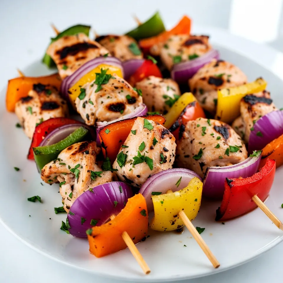 - 1.5 lbs boneless, skinless chicken thighs, cut into 1-inch cubes - 4 cloves garlic, minced - 1 teaspoon dried oregano - 1 teaspoon dried thyme - 1 tablespoon fresh parsley, chopped - 1 tablespoon fresh lemon juice - 3 tablespoons olive oil - Salt and pepper to taste - 1 bell pepper (any color), cut into 1-inch squares - 1 red onion, cut into wedges - Skewers (wooden or metal) The main star of our kabobs is the chicken thighs. I prefer thighs because they stay juicy and tender. Cut them into 1-inch cubes for even cooking. The garlic adds a strong flavor, while the fresh herbs brighten the dish. Use bell peppers and onions for color and crunch. The marinade is key. It includes garlic, olive oil, lemon juice, and seasonings. Mix these well to coat the chicken evenly. Marinate the chicken for at least 30 minutes. If you have time, let it sit for up to 2 hours. This helps the flavors soak in deeply. You can use either wooden or metal skewers. For wooden skewers, soak them in water for about 30 minutes before grilling. This keeps them from burning on the grill. Metal skewers do not need soaking, but they can get very hot, so handle them with care. {{ingredient_image_1}} To start, I mix the marinade in a large bowl. I add the minced garlic, dried oregano, dried thyme, fresh parsley, lemon juice, olive oil, salt, and pepper. Stir well to blend all the flavors. This mix is key for juicy kabobs. To ensure even coverage, make sure every piece of chicken is well-coated. You can use a whisk or a spoon to help blend the ingredients nicely. Next, I add the chicken cubes to the marinade. It's best to let the chicken soak for at least 30 minutes. If you have time, marinate it for up to 2 hours. This longer time lets the flavors sink in deeper. To tell if the chicken is properly marinated, check if it looks shiny and has absorbed the marinade. It should smell amazing too! Now, it's time to assemble the kabobs. I take the marinated chicken and thread it onto skewers. I alternate between chicken, bell pepper squares, and onion wedges. This mix adds great flavor and color. If I'm using wooden skewers, I soak them in water for about 30 minutes. This keeps them from burning on the grill. I preheat my grill to medium heat. Once hot, I place the kabobs on the grill. I cook them for about 10-15 minutes. I turn them occasionally until the chicken is cooked through and has nice grill marks. This gives a tasty char. Once done, I let them rest for a few minutes before serving. Enjoy the juicy, flavorful kabobs! To grill chicken kabobs, aim for medium heat. This helps cook the chicken evenly. I suggest grilling for about 10-15 minutes. Flip them often to avoid burning. To check if the chicken is done, use a meat thermometer. The safe internal temperature is 165°F. For extra flavor, try adding fresh basil or rosemary. These herbs pair well with chicken. You can also add a pinch of smoked paprika for a smoky taste. To make the kabobs even more exciting, grill them over wood chips. This adds a rich, smoky flavor that is hard to beat. Serve your kabobs with fluffy rice or a fresh salad. Grilled veggies like zucchini or corn also work well. For a nice touch, drizzle some lemon juice over the kabobs before serving. Arrange them on a platter with colorful veggies for a beautiful presentation. Enjoy your meal! Pro Tips Marination Time: For the best flavor, marinate the chicken for at least 2 hours or overnight if possible. Vegetable Variety: Feel free to mix and match vegetables like zucchini, cherry tomatoes, or mushrooms for added color and taste. Grilling Temperature: Ensure your grill is preheated to medium heat to achieve nice grill marks without drying out the chicken. Resting Period: Allow the kabobs to rest for a few minutes after grilling to let the juices redistribute for a juicier bite. {{image_2}} You can swap chicken for other meats. Turkey works well and stays juicy. Beef can also shine in these kabobs. Use tender cuts, like sirloin or flank steak. For a vegetarian twist, try using firm tofu or mushrooms. They soak up flavors and grill nicely. Change up the marinade for new tastes. Teriyaki sauce adds a sweet and savory kick. For heat, mix in chili sauce or crushed red pepper. Seasonal veggies make great additions too. Think zucchini in summer or butternut squash in fall. These flavors bring freshness to your kabobs. Grilling is a classic method, giving a nice char. You can also bake or broil kabobs in the oven. Set your oven to broil and keep an eye on them. An air fryer is another fun option. It cooks them quickly and keeps them crispy. Each method brings out different flavors, so try them all! To keep your garlic herb chicken kabobs fresh, follow these steps: - Cool before storing: Let the kabobs cool to room temperature. - Use airtight containers: Place the kabobs in a container that seals well. - Label your containers: Write the date on the container for easy tracking. You can safely store leftover kabobs in the fridge for about 3 to 4 days. If you want to keep them longer, consider freezing them. Frozen kabobs can last up to 3 months. Just make sure to wrap them tightly to avoid freezer burn. When reheating your kabobs, keep the taste and texture in mind. Here are some great methods: - Oven reheating: Preheat your oven to 350°F (175°C). Place the kabobs on a baking sheet and cover them with foil. Heat for about 10 to 15 minutes, or until warmed through. - Grill reheating: Heat your grill to medium. Place the kabobs on the grill for about 5 minutes, turning occasionally. This method revives the grilled flavor. These methods help maintain the juicy texture and delicious flavor of your kabobs. Enjoy them as if they were freshly made! To check if the chicken is done, use a meat thermometer. The safe internal temperature for chicken is 165°F (75°C). Insert the thermometer into the thickest part of the chicken. If it reads 165°F, your chicken is safe to eat. If you don't have a thermometer, look for clear juices running from the chicken. If the juices are pink, keep cooking. Ensure the chicken pieces are no longer pink inside. This step is key for safety and taste. Yes, you can marinate chicken overnight. Marinating longer helps the flavor soak in deeply. It can make the chicken more tender, too. However, if you use acidic ingredients like lemon juice, be cautious. Too much acid can make the chicken mushy. If you marinate overnight, keep the chicken in the fridge. This keeps it safe and fresh. Aim for at least 30 minutes, but a few hours can work wonders. Garlic Herb Chicken Kabobs pair well with many sides. Here are some popular choices: - Rice: Fluffy white or brown rice complements the kabobs nicely. - Salad: A fresh green salad adds crunch and balance. - Grilled veggies: Extra grilled vegetables make a great side. - Pita bread: Soft pita bread is perfect for wrapping. - Dips: Serve with tzatziki or hummus for extra flavor. For beverages, consider serving chilled white wine or lemonade. These drinks enhance the meal's refreshing vibe. Enjoy your kabobs with these tasty sides! In this post, we covered how to make flavorful Garlic Herb Chicken Kabobs. We explored the key ingredients, from chicken thighs to fresh herbs. We detailed how to prepare the marinade and properly marinate the chicken. You learned how to assemble and grill the kabobs for perfect results. For a tasty meal, remember to mix things up with different proteins and herbs. Enjoy your grilling and impress your friends and family with these delicious kabobs!