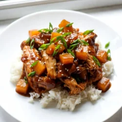 - 1.5 lbs chicken thighs, boneless and skinless - 1/2 cup soy sauce (low sodium) - 1/4 cup honey - 1/4 cup rice vinegar - 1 tablespoon sesame oil - 3 cloves garlic, minced - 1 tablespoon fresh ginger, grated - 1 cup pineapple chunks (fresh or canned) - 1/4 cup green onions, chopped - Sesame seeds - Cooked rice When I make this teriyaki chicken, I love using chicken thighs. They stay juicy and tender as they cook. The low-sodium soy sauce adds flavor without making the dish too salty. Honey brings a nice sweetness, which balances the salty soy. For an extra zing, I add rice vinegar and sesame oil. These ingredients give depth to the sauce. Minced garlic and grated ginger add a fresh, warm flavor that makes the dish special. Don’t forget the pineapple! It adds sweetness and a tropical touch. When serving, I like to top the chicken with green onions and sesame seeds. This makes the dish look beautiful and adds a nice crunch. Serve it over cooked rice to soak up all that yummy sauce. You’ll have a tasty meal that everyone will love! {{ingredient_image_1}} To start, grab a medium bowl. In this bowl, whisk together key ingredients: 1/2 cup low sodium soy sauce, 1/4 cup honey, 1/4 cup rice vinegar, and 1 tablespoon sesame oil. Add in 3 minced garlic cloves and 1 tablespoon grated ginger. Mix well until everything blends smoothly. This marinade gives the dish its sweet and savory flavor. Now it's time to layer the chicken. Take 1.5 lbs of boneless, skinless chicken thighs and place them at the bottom of your slow cooker. Make sure the chicken is in a single layer for even cooking. Pour the marinade over the chicken, ensuring each piece is well coated. This step is key for great taste. Next, gently add 1 cup of pineapple chunks on top. The pineapple adds a nice sweetness and brightness to the dish. Cover the slow cooker and set it to low for 4-6 hours or high for 2-3 hours. Cooking on low is best for tender chicken. About 30 minutes before serving, thicken the sauce. Scoop out 1 cup of the sauce and mix it with 1 teaspoon cornstarch and 2 tablespoons water. Return this mixture to the slow cooker and stir gently. This will make your sauce rich and thick. When the cooking time is up, shred the chicken with two forks. Mix it well with the sauce before serving. Enjoy your savory slow cooker teriyaki chicken! To make sure your chicken turns out tender, start with quality chicken thighs. Choose boneless and skinless thighs for the best results. These have more fat than chicken breast, making them juicy. When slow cooking, the low heat helps break down the meat, making it soft and flavorful. Cook on low for 4-6 hours or high for 2-3 hours. Always check for doneness by ensuring the chicken reaches 165°F. To boost the flavor of your teriyaki chicken, consider adding spices and fresh ingredients. Try adding crushed red pepper for heat or a splash of orange juice for extra sweetness. You can also mix in chopped bell peppers or snap peas for a fresh crunch. Fresh herbs like cilantro can add a fresh twist at the end. Don’t forget to taste the sauce before serving and adjust as needed! Many people make mistakes when preparing slow cooker meals. Avoid overcrowding the slow cooker. If there is too much chicken, it won’t cook evenly. Also, don’t skip the cornstarch-thickening step. This will give your sauce the right texture. Lastly, resist the urge to lift the lid too often. Each time you open it, heat escapes, and this can affect cooking time. Pro Tips Marinade Time: For even more flavor, marinate the chicken in the sauce for at least 30 minutes before cooking. This allows the flavors to penetrate the meat more deeply. Pineapple Choice: Fresh pineapple will give a brighter flavor and texture compared to canned. If using canned, choose pineapple in juice rather than syrup for a lighter taste. Thickening Options: If you prefer a thicker sauce, increase the cornstarch mixture or let the sauce reduce longer in the slow cooker after adding the cornstarch mixture. Serving Suggestions: This teriyaki chicken pairs well with steamed vegetables or a side of stir-fried greens for a complete meal. {{image_2}} You can switch up the protein in this dish. Chicken thighs are great, but you can try other meats. Pork tenderloin works well too. If you want a plant-based option, use firm tofu. Cut the tofu into cubes and marinate it like chicken. You can also use tempeh for a nutty flavor. Just adjust the cooking time if you use a different protein. If you need a gluten-free dish, it's easy to modify. Use gluten-free soy sauce or tamari instead of regular soy sauce. This keeps the taste while avoiding gluten. Make sure all your other ingredients are also gluten-free. Honey and rice vinegar are naturally gluten-free. This way, everyone can enjoy the meal! Adding vegetables boosts nutrition and flavor. You can toss in bell peppers, carrots, or snap peas. Slice them thin so they cook well. Add these veggies in the last hour of cooking. This keeps them crisp and tasty. Broccoli is another great choice. Just chop it into small florets. Enjoy a colorful and healthy meal! To store leftovers, let the teriyaki chicken cool first. Place it in an airtight container. Make sure to cover it tightly. This keeps the chicken fresh and safe to eat. Store it in the fridge for up to four days. When you're ready to enjoy it again, just reheat it on the stove or microwave. If you want to save more for later, freezing is a great option. Place the cooled chicken in a freezer-safe bag. Squeeze out as much air as possible before sealing. You can freeze it for up to three months. When you're ready to eat, thaw it in the fridge overnight. Reheat it on the stove for best results. This keeps the flavors intact. To keep your teriyaki chicken fresh, follow these best practices. Always store it in airtight containers. Check for any signs of spoilage before eating. If it smells off or looks strange, throw it away. Proper storage helps maintain its great taste and texture. Enjoy your meal without worry! Yes, you can cook this dish on high. If you set your slow cooker to high, cook the chicken for 2 to 3 hours. The chicken will be tender, but the flavors may not meld as well. Cooking on low for 4 to 6 hours allows the sauce to soak into the meat more. To serve more people, simply double the ingredients. Use 3 pounds of chicken thighs and increase the sauce ingredients proportionally. Make sure your slow cooker can hold the extra food. You may need to cook it a bit longer to ensure even cooking. This dish pairs well with several sides. Here are some suggestions: - Steamed broccoli adds a nice crunch. - Fried rice complements the teriyaki flavor. - A fresh green salad balances the meal. - Roasted vegetables bring extra color and taste. In this blog post, we explored how to make Slow Cooker Teriyaki Chicken. You learned about key ingredients, like chicken thighs, soy sauce, and honey. We discussed step-by-step instructions for marinating and cooking. I shared tips for tender chicken and avoiding common mistakes. You also discovered tasty variations and how to store leftovers safely. Cooking is all about experimenting and having fun. Don’t hesitate to make this dish your own! Enjoy your cooking journey!
