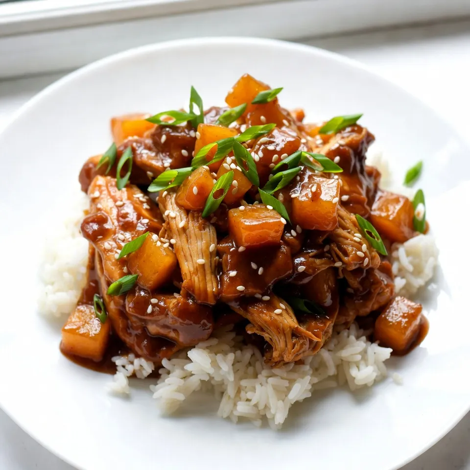 - 1.5 lbs chicken thighs, boneless and skinless - 1/2 cup soy sauce (low sodium) - 1/4 cup honey - 1/4 cup rice vinegar - 1 tablespoon sesame oil - 3 cloves garlic, minced - 1 tablespoon fresh ginger, grated - 1 cup pineapple chunks (fresh or canned) - 1/4 cup green onions, chopped - Sesame seeds - Cooked rice When I make this teriyaki chicken, I love using chicken thighs. They stay juicy and tender as they cook. The low-sodium soy sauce adds flavor without making the dish too salty. Honey brings a nice sweetness, which balances the salty soy. For an extra zing, I add rice vinegar and sesame oil. These ingredients give depth to the sauce. Minced garlic and grated ginger add a fresh, warm flavor that makes the dish special. Don’t forget the pineapple! It adds sweetness and a tropical touch. When serving, I like to top the chicken with green onions and sesame seeds. This makes the dish look beautiful and adds a nice crunch. Serve it over cooked rice to soak up all that yummy sauce. You’ll have a tasty meal that everyone will love! {{ingredient_image_1}} To start, grab a medium bowl. In this bowl, whisk together key ingredients: 1/2 cup low sodium soy sauce, 1/4 cup honey, 1/4 cup rice vinegar, and 1 tablespoon sesame oil. Add in 3 minced garlic cloves and 1 tablespoon grated ginger. Mix well until everything blends smoothly. This marinade gives the dish its sweet and savory flavor. Now it's time to layer the chicken. Take 1.5 lbs of boneless, skinless chicken thighs and place them at the bottom of your slow cooker. Make sure the chicken is in a single layer for even cooking. Pour the marinade over the chicken, ensuring each piece is well coated. This step is key for great taste. Next, gently add 1 cup of pineapple chunks on top. The pineapple adds a nice sweetness and brightness to the dish. Cover the slow cooker and set it to low for 4-6 hours or high for 2-3 hours. Cooking on low is best for tender chicken. About 30 minutes before serving, thicken the sauce. Scoop out 1 cup of the sauce and mix it with 1 teaspoon cornstarch and 2 tablespoons water. Return this mixture to the slow cooker and stir gently. This will make your sauce rich and thick. When the cooking time is up, shred the chicken with two forks. Mix it well with the sauce before serving. Enjoy your savory slow cooker teriyaki chicken! To make sure your chicken turns out tender, start with quality chicken thighs. Choose boneless and skinless thighs for the best results. These have more fat than chicken breast, making them juicy. When slow cooking, the low heat helps break down the meat, making it soft and flavorful. Cook on low for 4-6 hours or high for 2-3 hours. Always check for doneness by ensuring the chicken reaches 165°F. To boost the flavor of your teriyaki chicken, consider adding spices and fresh ingredients. Try adding crushed red pepper for heat or a splash of orange juice for extra sweetness. You can also mix in chopped bell peppers or snap peas for a fresh crunch. Fresh herbs like cilantro can add a fresh twist at the end. Don’t forget to taste the sauce before serving and adjust as needed! Many people make mistakes when preparing slow cooker meals. Avoid overcrowding the slow cooker. If there is too much chicken, it won’t cook evenly. Also, don’t skip the cornstarch-thickening step. This will give your sauce the right texture. Lastly, resist the urge to lift the lid too often. Each time you open it, heat escapes, and this can affect cooking time. Pro Tips Marinade Time: For even more flavor, marinate the chicken in the sauce for at least 30 minutes before cooking. This allows the flavors to penetrate the meat more deeply. Pineapple Choice: Fresh pineapple will give a brighter flavor and texture compared to canned. If using canned, choose pineapple in juice rather than syrup for a lighter taste. Thickening Options: If you prefer a thicker sauce, increase the cornstarch mixture or let the sauce reduce longer in the slow cooker after adding the cornstarch mixture. Serving Suggestions: This teriyaki chicken pairs well with steamed vegetables or a side of stir-fried greens for a complete meal. {{image_2}} You can switch up the protein in this dish. Chicken thighs are great, but you can try other meats. Pork tenderloin works well too. If you want a plant-based option, use firm tofu. Cut the tofu into cubes and marinate it like chicken. You can also use tempeh for a nutty flavor. Just adjust the cooking time if you use a different protein. If you need a gluten-free dish, it's easy to modify. Use gluten-free soy sauce or tamari instead of regular soy sauce. This keeps the taste while avoiding gluten. Make sure all your other ingredients are also gluten-free. Honey and rice vinegar are naturally gluten-free. This way, everyone can enjoy the meal! Adding vegetables boosts nutrition and flavor. You can toss in bell peppers, carrots, or snap peas. Slice them thin so they cook well. Add these veggies in the last hour of cooking. This keeps them crisp and tasty. Broccoli is another great choice. Just chop it into small florets. Enjoy a colorful and healthy meal! To store leftovers, let the teriyaki chicken cool first. Place it in an airtight container. Make sure to cover it tightly. This keeps the chicken fresh and safe to eat. Store it in the fridge for up to four days. When you're ready to enjoy it again, just reheat it on the stove or microwave. If you want to save more for later, freezing is a great option. Place the cooled chicken in a freezer-safe bag. Squeeze out as much air as possible before sealing. You can freeze it for up to three months. When you're ready to eat, thaw it in the fridge overnight. Reheat it on the stove for best results. This keeps the flavors intact. To keep your teriyaki chicken fresh, follow these best practices. Always store it in airtight containers. Check for any signs of spoilage before eating. If it smells off or looks strange, throw it away. Proper storage helps maintain its great taste and texture. Enjoy your meal without worry! Yes, you can cook this dish on high. If you set your slow cooker to high, cook the chicken for 2 to 3 hours. The chicken will be tender, but the flavors may not meld as well. Cooking on low for 4 to 6 hours allows the sauce to soak into the meat more. To serve more people, simply double the ingredients. Use 3 pounds of chicken thighs and increase the sauce ingredients proportionally. Make sure your slow cooker can hold the extra food. You may need to cook it a bit longer to ensure even cooking. This dish pairs well with several sides. Here are some suggestions: - Steamed broccoli adds a nice crunch. - Fried rice complements the teriyaki flavor. - A fresh green salad balances the meal. - Roasted vegetables bring extra color and taste. In this blog post, we explored how to make Slow Cooker Teriyaki Chicken. You learned about key ingredients, like chicken thighs, soy sauce, and honey. We discussed step-by-step instructions for marinating and cooking. I shared tips for tender chicken and avoiding common mistakes. You also discovered tasty variations and how to store leftovers safely. Cooking is all about experimenting and having fun. Don’t hesitate to make this dish your own! Enjoy your cooking journey!