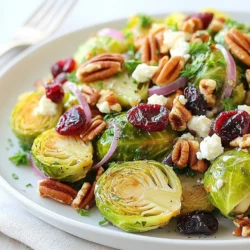 - 1 lb Brussels sprouts, trimmed and halved - 1/2 cup dried cranberries - 1/2 cup pecans, roughly chopped Brussels sprouts are the star of this salad. They have a mild, nutty taste. When you roast them, they become sweet and tender. Dried cranberries add a touch of sweetness. Their chewy texture contrasts nicely with the sprouts. Pecans bring a crunchy element. They also add healthy fats and protein. - 1/4 cup feta cheese, crumbled - 1/4 cup fresh parsley, chopped for garnish Feta cheese adds a creamy and salty burst to the salad. It pairs well with the nuts and fruit. Fresh parsley brightens the dish with its green color and fresh flavor. You can leave it out if you want a lighter salad. - 2 tablespoons olive oil - 1 tablespoon balsamic vinegar - 1 tablespoon honey or maple syrup - Salt and pepper to taste The dressing ties all the flavors together. Olive oil adds richness. Balsamic vinegar brings a tangy note. Honey or maple syrup gives a hint of sweetness. This balance of flavors makes the salad shine. A pinch of salt and pepper enhances everything. Use the ingredients as a guide. Feel free to adjust based on your taste. Enjoy your fresh and vibrant salad! {{ingredient_image_1}} 1. Preheat the oven to 400°F (200°C). This helps cook the Brussels sprouts evenly. 2. Halve and season Brussels sprouts. Take 1 pound of Brussels sprouts, trim the ends, and cut them in half. Place them in a bowl. Add 1 tablespoon of olive oil, salt, and pepper. Toss until they are well coated. 1. Spread Brussels sprouts on a baking sheet. Make sure they are in a single layer. This helps them roast well and get crispy. 2. Roast time and temperature. Place the baking sheet in the oven. Roast for 20-25 minutes. Toss the sprouts halfway through. They should be golden brown and tender when done. 1. Whisk dressing ingredients. In a small bowl, combine 1 tablespoon of olive oil, 1 tablespoon of balsamic vinegar, and 1 tablespoon of honey or maple syrup. Add a pinch of salt and pepper. Whisk until smooth and set aside. 1. Mix roasted Brussels sprouts with additional salad components. In a large bowl, combine the roasted Brussels sprouts, 1/2 cup of dried cranberries, 1/2 cup of roughly chopped pecans, and 1/4 cup of thinly sliced red onion. If you like, add 1/4 cup of crumbled feta cheese. 2. Drizzle the dressing over the salad mixture. Toss gently to mix all the ingredients. Let the salad sit for 5-10 minutes. This allows the flavors to blend well. 3. Garnish with fresh chopped parsley before serving. This adds color and a fresh taste. Roasting Brussels sprouts brings out their natural sweetness. To get them just right, coat them evenly in oil, salt, and pepper. This helps them roast evenly. Spread the sprouts on a baking sheet in a single layer. Make sure they have space between them. If they are crowded, they will steam instead of roast. Toss them halfway through cooking to ensure all sides get golden brown. This perfect roasting time is about 20-25 minutes at 400°F (200°C). You can change the dressing to suit your taste. For a sweeter touch, try maple syrup instead of honey. You can also use different oils, like avocado oil or walnut oil. Each adds a unique flavor to the salad. If you want a tangy twist, add a squeeze of lemon juice. Don’t be afraid to mix and match these flavors to find your favorite. This salad pairs well with many main dishes. Serve it alongside roasted chicken or grilled salmon for a balanced meal. It also works great with vegetarian options, like stuffed peppers or quinoa bowls. You can enjoy it warm or cold, making it a versatile dish for any occasion. Consider adding fresh bread on the side for a hearty meal. Pro Tips Freshness Matters: Use fresh Brussels sprouts for the best flavor and texture. Look for bright green, firm sprouts that are tightly closed. Optimal Roasting: Ensure the Brussels sprouts are spread out in a single layer on the baking sheet to achieve even roasting and crispiness. Flavor Boost: Add a pinch of red pepper flakes to the dressing for a subtle kick that complements the sweetness of the cranberries and honey. Make Ahead: You can roast the Brussels sprouts and prepare the dressing in advance. Just combine everything right before serving for the freshest taste. {{image_2}} You can make this salad even better with some fun extras. Consider adding other nuts or seeds. Walnuts and sunflower seeds work great. They add crunch and flavor. You can also try pumpkin seeds for a unique twist. Mixing different nuts makes the salad extra special. Feel free to swap out ingredients based on what you have. You can use different greens instead of Brussels sprouts. Spinach or kale can give a nice change. Seasonal fruits like apples or pears also add a fresh taste. They bring sweetness and a burst of color to the dish. If you want a vegan version, it’s easy to adjust. Just leave out the feta cheese. The salad still tastes great without it. You can replace the honey with maple syrup for sweetness. This keeps it plant-based while adding a nice flavor. To keep your Cranberry Pecan Brussels Sprout Salad fresh, store leftovers in an airtight container. This helps prevent moisture loss. Place it in the fridge right after serving. Use it within three days for the best taste. If you notice any wilted ingredients, remove them before eating. This keeps the salad crisp and tasty. You can freeze the salad, but it may change texture. The Brussels sprouts might become mushy. If you want to freeze it, do not add the dressing yet. Store the salad in a freezer-safe container. It can last up to three months. When ready to eat, thaw it in the fridge overnight. Reheat the salad carefully to avoid losing its crunch. Use a skillet on low heat for best results. Add a splash of olive oil to help it warm up. Stir gently to keep the Brussels sprouts from getting too soft. Heat just until warm, then enjoy! Yes, you can make this salad ahead of time. To do this well, keep the dressing separate until you are ready to serve. This helps the salad stay fresh and crisp. You can roast the Brussels sprouts and mix the other ingredients earlier in the day. Just remember to add the dressing right before you eat. This keeps the salad tasty and bright. If you want to replace pecans, try walnuts or almonds. Both nuts add a nice crunch. You can also use sunflower seeds for a nut-free option. Each choice will give a different taste but still work well in the salad. Feel free to experiment and find what you like best. Yes, this salad is gluten-free. All the ingredients, like Brussels sprouts and cranberries, do not contain gluten. Just make sure any store-bought items, like the balsamic vinegar or honey, are gluten-free too. This way, you can enjoy the salad worry-free. This post detailed a delicious salad featuring Brussels sprouts, cranberries, and pecans. You learned how to roast Brussels sprouts to perfection and mix them with tasty dressing ingredients. We explored fun tips for different variations and storage. Whether you enjoy it fresh or prepare it ahead of time, this salad is both versatile and flavorful. Embrace these steps to create a dish that suits your palate and impresses at your next meal. Enjoy experimenting and making this salad your own!