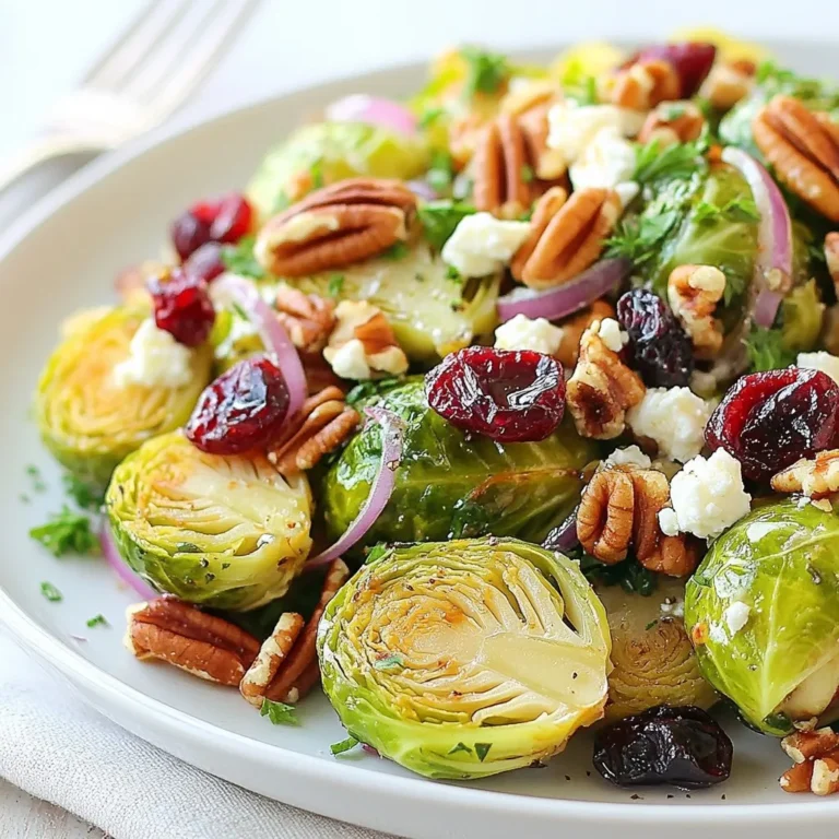 - 1 lb Brussels sprouts, trimmed and halved - 1/2 cup dried cranberries - 1/2 cup pecans, roughly chopped Brussels sprouts are the star of this salad. They have a mild, nutty taste. When you roast them, they become sweet and tender. Dried cranberries add a touch of sweetness. Their chewy texture contrasts nicely with the sprouts. Pecans bring a crunchy element. They also add healthy fats and protein. - 1/4 cup feta cheese, crumbled - 1/4 cup fresh parsley, chopped for garnish Feta cheese adds a creamy and salty burst to the salad. It pairs well with the nuts and fruit. Fresh parsley brightens the dish with its green color and fresh flavor. You can leave it out if you want a lighter salad. - 2 tablespoons olive oil - 1 tablespoon balsamic vinegar - 1 tablespoon honey or maple syrup - Salt and pepper to taste The dressing ties all the flavors together. Olive oil adds richness. Balsamic vinegar brings a tangy note. Honey or maple syrup gives a hint of sweetness. This balance of flavors makes the salad shine. A pinch of salt and pepper enhances everything. Use the ingredients as a guide. Feel free to adjust based on your taste. Enjoy your fresh and vibrant salad! {{ingredient_image_1}} 1. Preheat the oven to 400°F (200°C). This helps cook the Brussels sprouts evenly. 2. Halve and season Brussels sprouts. Take 1 pound of Brussels sprouts, trim the ends, and cut them in half. Place them in a bowl. Add 1 tablespoon of olive oil, salt, and pepper. Toss until they are well coated. 1. Spread Brussels sprouts on a baking sheet. Make sure they are in a single layer. This helps them roast well and get crispy. 2. Roast time and temperature. Place the baking sheet in the oven. Roast for 20-25 minutes. Toss the sprouts halfway through. They should be golden brown and tender when done. 1. Whisk dressing ingredients. In a small bowl, combine 1 tablespoon of olive oil, 1 tablespoon of balsamic vinegar, and 1 tablespoon of honey or maple syrup. Add a pinch of salt and pepper. Whisk until smooth and set aside. 1. Mix roasted Brussels sprouts with additional salad components. In a large bowl, combine the roasted Brussels sprouts, 1/2 cup of dried cranberries, 1/2 cup of roughly chopped pecans, and 1/4 cup of thinly sliced red onion. If you like, add 1/4 cup of crumbled feta cheese. 2. Drizzle the dressing over the salad mixture. Toss gently to mix all the ingredients. Let the salad sit for 5-10 minutes. This allows the flavors to blend well. 3. Garnish with fresh chopped parsley before serving. This adds color and a fresh taste. Roasting Brussels sprouts brings out their natural sweetness. To get them just right, coat them evenly in oil, salt, and pepper. This helps them roast evenly. Spread the sprouts on a baking sheet in a single layer. Make sure they have space between them. If they are crowded, they will steam instead of roast. Toss them halfway through cooking to ensure all sides get golden brown. This perfect roasting time is about 20-25 minutes at 400°F (200°C). You can change the dressing to suit your taste. For a sweeter touch, try maple syrup instead of honey. You can also use different oils, like avocado oil or walnut oil. Each adds a unique flavor to the salad. If you want a tangy twist, add a squeeze of lemon juice. Don’t be afraid to mix and match these flavors to find your favorite. This salad pairs well with many main dishes. Serve it alongside roasted chicken or grilled salmon for a balanced meal. It also works great with vegetarian options, like stuffed peppers or quinoa bowls. You can enjoy it warm or cold, making it a versatile dish for any occasion. Consider adding fresh bread on the side for a hearty meal. Pro Tips Freshness Matters: Use fresh Brussels sprouts for the best flavor and texture. Look for bright green, firm sprouts that are tightly closed. Optimal Roasting: Ensure the Brussels sprouts are spread out in a single layer on the baking sheet to achieve even roasting and crispiness. Flavor Boost: Add a pinch of red pepper flakes to the dressing for a subtle kick that complements the sweetness of the cranberries and honey. Make Ahead: You can roast the Brussels sprouts and prepare the dressing in advance. Just combine everything right before serving for the freshest taste. {{image_2}} You can make this salad even better with some fun extras. Consider adding other nuts or seeds. Walnuts and sunflower seeds work great. They add crunch and flavor. You can also try pumpkin seeds for a unique twist. Mixing different nuts makes the salad extra special. Feel free to swap out ingredients based on what you have. You can use different greens instead of Brussels sprouts. Spinach or kale can give a nice change. Seasonal fruits like apples or pears also add a fresh taste. They bring sweetness and a burst of color to the dish. If you want a vegan version, it’s easy to adjust. Just leave out the feta cheese. The salad still tastes great without it. You can replace the honey with maple syrup for sweetness. This keeps it plant-based while adding a nice flavor. To keep your Cranberry Pecan Brussels Sprout Salad fresh, store leftovers in an airtight container. This helps prevent moisture loss. Place it in the fridge right after serving. Use it within three days for the best taste. If you notice any wilted ingredients, remove them before eating. This keeps the salad crisp and tasty. You can freeze the salad, but it may change texture. The Brussels sprouts might become mushy. If you want to freeze it, do not add the dressing yet. Store the salad in a freezer-safe container. It can last up to three months. When ready to eat, thaw it in the fridge overnight. Reheat the salad carefully to avoid losing its crunch. Use a skillet on low heat for best results. Add a splash of olive oil to help it warm up. Stir gently to keep the Brussels sprouts from getting too soft. Heat just until warm, then enjoy! Yes, you can make this salad ahead of time. To do this well, keep the dressing separate until you are ready to serve. This helps the salad stay fresh and crisp. You can roast the Brussels sprouts and mix the other ingredients earlier in the day. Just remember to add the dressing right before you eat. This keeps the salad tasty and bright. If you want to replace pecans, try walnuts or almonds. Both nuts add a nice crunch. You can also use sunflower seeds for a nut-free option. Each choice will give a different taste but still work well in the salad. Feel free to experiment and find what you like best. Yes, this salad is gluten-free. All the ingredients, like Brussels sprouts and cranberries, do not contain gluten. Just make sure any store-bought items, like the balsamic vinegar or honey, are gluten-free too. This way, you can enjoy the salad worry-free. This post detailed a delicious salad featuring Brussels sprouts, cranberries, and pecans. You learned how to roast Brussels sprouts to perfection and mix them with tasty dressing ingredients. We explored fun tips for different variations and storage. Whether you enjoy it fresh or prepare it ahead of time, this salad is both versatile and flavorful. Embrace these steps to create a dish that suits your palate and impresses at your next meal. Enjoy experimenting and making this salad your own!