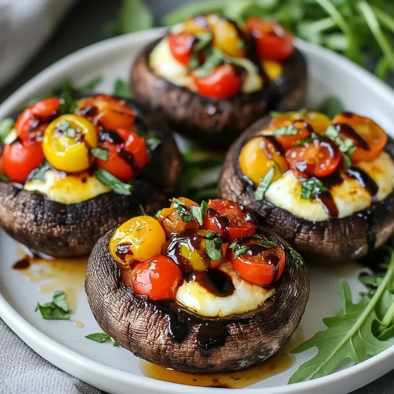 - 4 large portobello mushrooms, stems removed - 1 cup cherry tomatoes, halved - 8 oz fresh mozzarella cheese, diced - 1/4 cup fresh basil leaves, chopped - 2 tablespoons olive oil - 2 tablespoons balsamic glaze - 1 teaspoon garlic powder - Salt and pepper, to taste - Arugula for serving When making Caprese stuffed portobellos, gather all your main ingredients first. Portobello mushrooms are the star of this dish. They have a rich, meaty texture that makes them perfect for stuffing. Next, fresh mozzarella adds creaminess and melts beautifully. Cherry tomatoes bring sweetness and juiciness. Finally, fresh basil gives a pop of flavor and color. You will also need some seasonings and extras to enhance the dish. Olive oil helps bind the ingredients and adds richness. Balsamic glaze adds a tangy sweetness that balances the dish. Garlic powder gives depth, while salt and pepper round out the flavors. If you want to make it even better, consider adding arugula as a garnish. It adds a nice crunch and a bit of peppery flavor to the dish. {{ingredient_image_1}} First, you need to clean the portobello mushrooms. Use a damp cloth to wipe off any dirt. This keeps them fresh and tasty. Remove the stems and place the mushrooms on a baking sheet, gill side up. Next, preheat your oven to 375°F (190°C). This step helps the mushrooms cook evenly and become tender. In a mixing bowl, combine the halved cherry tomatoes, diced mozzarella, and chopped basil. Add two tablespoons of olive oil, one teaspoon of garlic powder, and salt and pepper to taste. Mix well until everything is combined. This mixture brings the Caprese flavor to life. Now it's time to stuff the mushrooms. Spoon the tomato and mozzarella mixture generously into each mushroom cap. Pack it slightly to ensure a full, hearty bite. Drizzle balsamic glaze over the stuffed mushrooms for a burst of flavor. Finally, bake in the oven for 20-25 minutes. You want the mushrooms to be tender, and the cheese should be melted and bubbly. When done, remove them from the oven and let them cool for a couple of minutes. Serve them warm, and enjoy every bite! To choose the best portobello mushrooms, look for large, firm caps. They should be dark brown and free from blemishes. Fresh mushrooms have a nice, earthy smell. Avoid those that feel slimy or have dark spots. When stuffing, use a spoon to fill each cap. Pack the filling tightly so it stays inside. If any spills over, that’s okay! Just wipe it away before baking. Adjusting seasonings is key to making your dish shine. Start with salt and pepper. Taste as you go! You can add garlic powder for more flavor. If you like spice, try crushed red pepper flakes. Fresh herbs like oregano or thyme can also boost taste. For a twist, consider adding spinach or bell peppers to your filling. These add color and nutrition. Garnishing makes your dish look special. A handful of arugula adds a fresh touch. Drizzling extra balsamic glaze on top can enhance the look and taste. For plating, place the stuffed mushrooms on a large, white plate. This makes the colors pop. You can arrange them in a circle or a line for an attractive display. Pro Tips Choose Fresh Ingredients: Always opt for fresh mozzarella and ripe cherry tomatoes to enhance the flavors of your stuffed portobellos. Preheat Your Oven: Make sure your oven is fully preheated before baking to ensure even cooking and melting of the cheese. Adjust Seasoning: Taste your tomato and mozzarella mixture before stuffing to adjust salt and pepper according to your preference. Experiment with Variations: Feel free to add other ingredients like spinach or different herbs for a unique twist on this classic dish. {{image_2}} You can get creative with the cheese. Try burrata or feta for a twist. Burrata adds a creamy texture, while feta gives a salty kick. Both pair well with the other flavors in the dish. Adding vegetables can also enhance the filling. Spinach is a great choice. It adds color and nutrients. Bell peppers can bring sweetness and crunch. Just chop them finely and mix them in. Caprese stuffed portobellos can easily become vegetarian or vegan. For a vegan option, skip the cheese or use a nut-based alternative. Nutritional yeast can add a cheesy flavor without dairy. If you need gluten-free meals, this dish fits perfectly. Portobello mushrooms are naturally gluten-free. Just ensure any additional ingredients, like balsamic glaze, are also gluten-free. You can grill or bake the mushrooms. Grilling gives a smoky flavor and a nice char. Baking keeps them tender and lets the cheese melt beautifully. Both methods work well! You can serve these stuffed mushrooms as a main dish or appetizer. As a main dish, pair them with a side salad. As an appetizer, cut them into smaller pieces for easy sharing. Enjoy! To keep your Caprese stuffed portobellos fresh, store them in the fridge. Place them in an airtight container. This will help keep the mushrooms moist. Try to eat them within three days for the best flavor. If you want to save them longer, freezing is an option. Wrap each stuffed mushroom in plastic wrap. Then, place them in a freezer-safe bag. This will keep them safe for up to three months. When you're ready to eat them, just thaw in the fridge overnight. To reheat your stuffed portobellos, the oven is your best friend. Preheat it to 350°F (175°C). Place the mushrooms on a baking sheet. Cover them with foil to keep them from drying out. Heat for about 15 minutes, or until warm. You can also use a microwave, but the oven keeps the texture better. If using a microwave, heat for 1-2 minutes. Check to see if they are warm all the way through. In the fridge, your stuffed portobellos last for about three days. If you freeze them, they can last for up to three months. Just remember, the longer they sit, the more the flavor changes. For the best taste, eat them sooner rather than later. Yes, you can prepare Caprese Stuffed Portobellos in advance. This helps save time on busy days. You can stuff the mushrooms and keep them in the fridge for up to one day before baking. Just cover them well to avoid drying out. When you're ready to eat, simply bake them as instructed. If you want to freeze them, freeze the stuffed mushrooms before baking. They can last up to three months in the freezer. Just remember to thaw them overnight in the fridge before baking. If you don't have fresh mozzarella, you can use other cheeses. Some good options include: - Burrata cheese for a creamier texture. - Feta cheese for a salty kick. - Goat cheese for a tangy flavor. - Shredded mozzarella cheese if it's what you have. Each choice will give the dish a different taste, so pick what you like best. Yes, you can use dried herbs instead of fresh ones. However, dried herbs are stronger in flavor. Use less than you would with fresh herbs. For example, if a recipe calls for one tablespoon of fresh basil, use about one teaspoon of dried basil. Mix the dried herbs with your filling early, so the flavors blend well. Keep in mind that fresh herbs add a bright taste, while dried herbs are more concentrated. Use what you have on hand! Stuffed portobello mushrooms make a tasty and healthy dish. We discussed the main ingredients: portobello mushrooms, fresh mozzarella, cherry tomatoes, and basil. You learned how to prep, fill, and bake the mushrooms for a delicious meal. Remember to experiment with flavors and presentation. These mushrooms are versatile, too; try different cheeses or make them vegan. With the right storage tips, leftovers can last. Enjoy making your own stuffed mushrooms! They are fun to cook and delicious to eat.