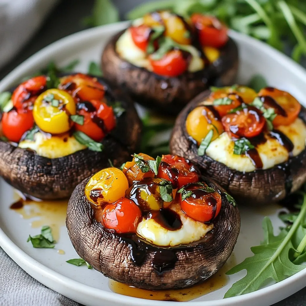 - 4 large portobello mushrooms, stems removed - 1 cup cherry tomatoes, halved - 8 oz fresh mozzarella cheese, diced - 1/4 cup fresh basil leaves, chopped - 2 tablespoons olive oil - 2 tablespoons balsamic glaze - 1 teaspoon garlic powder - Salt and pepper, to taste - Arugula for serving When making Caprese stuffed portobellos, gather all your main ingredients first. Portobello mushrooms are the star of this dish. They have a rich, meaty texture that makes them perfect for stuffing. Next, fresh mozzarella adds creaminess and melts beautifully. Cherry tomatoes bring sweetness and juiciness. Finally, fresh basil gives a pop of flavor and color. You will also need some seasonings and extras to enhance the dish. Olive oil helps bind the ingredients and adds richness. Balsamic glaze adds a tangy sweetness that balances the dish. Garlic powder gives depth, while salt and pepper round out the flavors. If you want to make it even better, consider adding arugula as a garnish. It adds a nice crunch and a bit of peppery flavor to the dish. {{ingredient_image_1}} First, you need to clean the portobello mushrooms. Use a damp cloth to wipe off any dirt. This keeps them fresh and tasty. Remove the stems and place the mushrooms on a baking sheet, gill side up. Next, preheat your oven to 375°F (190°C). This step helps the mushrooms cook evenly and become tender. In a mixing bowl, combine the halved cherry tomatoes, diced mozzarella, and chopped basil. Add two tablespoons of olive oil, one teaspoon of garlic powder, and salt and pepper to taste. Mix well until everything is combined. This mixture brings the Caprese flavor to life. Now it's time to stuff the mushrooms. Spoon the tomato and mozzarella mixture generously into each mushroom cap. Pack it slightly to ensure a full, hearty bite. Drizzle balsamic glaze over the stuffed mushrooms for a burst of flavor. Finally, bake in the oven for 20-25 minutes. You want the mushrooms to be tender, and the cheese should be melted and bubbly. When done, remove them from the oven and let them cool for a couple of minutes. Serve them warm, and enjoy every bite! To choose the best portobello mushrooms, look for large, firm caps. They should be dark brown and free from blemishes. Fresh mushrooms have a nice, earthy smell. Avoid those that feel slimy or have dark spots. When stuffing, use a spoon to fill each cap. Pack the filling tightly so it stays inside. If any spills over, that’s okay! Just wipe it away before baking. Adjusting seasonings is key to making your dish shine. Start with salt and pepper. Taste as you go! You can add garlic powder for more flavor. If you like spice, try crushed red pepper flakes. Fresh herbs like oregano or thyme can also boost taste. For a twist, consider adding spinach or bell peppers to your filling. These add color and nutrition. Garnishing makes your dish look special. A handful of arugula adds a fresh touch. Drizzling extra balsamic glaze on top can enhance the look and taste. For plating, place the stuffed mushrooms on a large, white plate. This makes the colors pop. You can arrange them in a circle or a line for an attractive display. Pro Tips Choose Fresh Ingredients: Always opt for fresh mozzarella and ripe cherry tomatoes to enhance the flavors of your stuffed portobellos. Preheat Your Oven: Make sure your oven is fully preheated before baking to ensure even cooking and melting of the cheese. Adjust Seasoning: Taste your tomato and mozzarella mixture before stuffing to adjust salt and pepper according to your preference. Experiment with Variations: Feel free to add other ingredients like spinach or different herbs for a unique twist on this classic dish. {{image_2}} You can get creative with the cheese. Try burrata or feta for a twist. Burrata adds a creamy texture, while feta gives a salty kick. Both pair well with the other flavors in the dish. Adding vegetables can also enhance the filling. Spinach is a great choice. It adds color and nutrients. Bell peppers can bring sweetness and crunch. Just chop them finely and mix them in. Caprese stuffed portobellos can easily become vegetarian or vegan. For a vegan option, skip the cheese or use a nut-based alternative. Nutritional yeast can add a cheesy flavor without dairy. If you need gluten-free meals, this dish fits perfectly. Portobello mushrooms are naturally gluten-free. Just ensure any additional ingredients, like balsamic glaze, are also gluten-free. You can grill or bake the mushrooms. Grilling gives a smoky flavor and a nice char. Baking keeps them tender and lets the cheese melt beautifully. Both methods work well! You can serve these stuffed mushrooms as a main dish or appetizer. As a main dish, pair them with a side salad. As an appetizer, cut them into smaller pieces for easy sharing. Enjoy! To keep your Caprese stuffed portobellos fresh, store them in the fridge. Place them in an airtight container. This will help keep the mushrooms moist. Try to eat them within three days for the best flavor. If you want to save them longer, freezing is an option. Wrap each stuffed mushroom in plastic wrap. Then, place them in a freezer-safe bag. This will keep them safe for up to three months. When you're ready to eat them, just thaw in the fridge overnight. To reheat your stuffed portobellos, the oven is your best friend. Preheat it to 350°F (175°C). Place the mushrooms on a baking sheet. Cover them with foil to keep them from drying out. Heat for about 15 minutes, or until warm. You can also use a microwave, but the oven keeps the texture better. If using a microwave, heat for 1-2 minutes. Check to see if they are warm all the way through. In the fridge, your stuffed portobellos last for about three days. If you freeze them, they can last for up to three months. Just remember, the longer they sit, the more the flavor changes. For the best taste, eat them sooner rather than later. Yes, you can prepare Caprese Stuffed Portobellos in advance. This helps save time on busy days. You can stuff the mushrooms and keep them in the fridge for up to one day before baking. Just cover them well to avoid drying out. When you're ready to eat, simply bake them as instructed. If you want to freeze them, freeze the stuffed mushrooms before baking. They can last up to three months in the freezer. Just remember to thaw them overnight in the fridge before baking. If you don't have fresh mozzarella, you can use other cheeses. Some good options include: - Burrata cheese for a creamier texture. - Feta cheese for a salty kick. - Goat cheese for a tangy flavor. - Shredded mozzarella cheese if it's what you have. Each choice will give the dish a different taste, so pick what you like best. Yes, you can use dried herbs instead of fresh ones. However, dried herbs are stronger in flavor. Use less than you would with fresh herbs. For example, if a recipe calls for one tablespoon of fresh basil, use about one teaspoon of dried basil. Mix the dried herbs with your filling early, so the flavors blend well. Keep in mind that fresh herbs add a bright taste, while dried herbs are more concentrated. Use what you have on hand! Stuffed portobello mushrooms make a tasty and healthy dish. We discussed the main ingredients: portobello mushrooms, fresh mozzarella, cherry tomatoes, and basil. You learned how to prep, fill, and bake the mushrooms for a delicious meal. Remember to experiment with flavors and presentation. These mushrooms are versatile, too; try different cheeses or make them vegan. With the right storage tips, leftovers can last. Enjoy making your own stuffed mushrooms! They are fun to cook and delicious to eat.