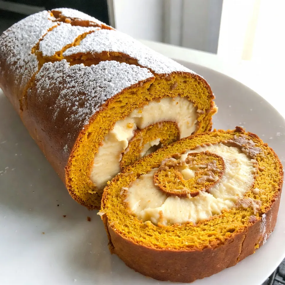 To make the Cinnamon Pumpkin Cream Cheese Roll, you will need: - 1 cup canned pumpkin puree - 3 large eggs - 1 cup granulated sugar - 1/2 cup vegetable oil - 1 teaspoon vanilla extract - 1 cup all-purpose flour - 1 teaspoon baking powder - 1/2 teaspoon baking soda - 1 teaspoon ground cinnamon - 1/2 teaspoon ground nutmeg - 1/4 teaspoon ground ginger - 1/4 teaspoon salt - 1 cup cream cheese, softened - 1/2 cup powdered sugar - 1 teaspoon lemon juice These ingredients blend together to create a moist, flavorful cake filled with a creamy layer. If you need to convert measurements, here are some quick tips: - 1 cup is about 240 milliliters. - 1/2 cup is about 120 milliliters. - If you don’t have vegetable oil, you can use melted butter or canola oil. - For a lighter option, use applesauce in place of oil. Using these conversions can help if you work with different measuring systems. For the best Cinnamon Pumpkin Cream Cheese Roll: - Use fresh eggs for better rise and flavor. - Make sure your cream cheese is at room temperature; this helps it mix smoothly. - Sift your flour and spices together to avoid lumps. - Don’t overbake the cake; check it at 12 minutes. Overbaking can dry it out. These tips will help ensure your roll turns out tender and delicious. Enjoy making your sweet treat! {{ingredient_image_1}} Start by preheating your oven to 350°F (175°C). Grab a 15x10 inch jelly roll pan and line it with parchment paper. Let some paper hang over the edges for easy removal later. In a large bowl, mix together 1 cup of canned pumpkin puree, 3 large eggs, 1 cup of granulated sugar, 1/2 cup of vegetable oil, and 1 teaspoon of vanilla extract. Whisk until smooth. In another bowl, sift 1 cup of all-purpose flour, 1 teaspoon of baking powder, 1/2 teaspoon of baking soda, 1 teaspoon of ground cinnamon, 1/2 teaspoon of ground nutmeg, 1/4 teaspoon of ground ginger, and 1/4 teaspoon of salt. Gradually add the dry mix to the wet mix. Stir gently until no flour streaks are left. Pour the batter into your lined jelly roll pan. Spread it evenly across the pan. Place it in the preheated oven and bake for 12-15 minutes. To see if the cake is done, insert a toothpick in the center. If it comes out clean, it's ready! Be careful not to overbake, or the cake may dry out. While the cake bakes, prepare the cream cheese filling. In a mixing bowl, combine 1 cup of softened cream cheese, 1/2 cup of powdered sugar, and 1 teaspoon of lemon juice. Beat this mixture until it's smooth and creamy. Once the cake is out of the oven, let it cool for about 5 minutes in the pan. Dust a clean kitchen towel with powdered sugar. Flip the cake onto the towel and peel off the parchment paper. Starting from one short end, roll the cake up tightly with the towel. Let it cool completely while rolled. This helps the cake hold its shape. To get the best roll, start by rolling the cake while it’s warm. Use a clean kitchen towel dusted with powdered sugar. This helps the cake not stick. Roll it tightly but gently. Let it cool completely in the towel. This step keeps the roll shape intact. One common mistake is overbaking the cake. Check for doneness with a toothpick. If it comes out clean, it's ready. Another mistake is not using enough powdered sugar on the towel. This ensures the cake won’t stick. Lastly, be careful when unrolling the cake. A slow, gentle approach helps avoid cracks. When serving, slice the roll into 1-inch pieces. Use a sharp knife for clean cuts. Dust the top with more powdered sugar for a pretty finish. You can also add a dollop of whipped cream or a sprinkle of cinnamon. This adds a nice touch and makes it look elegant. Pro Tips Use Fresh Spices: For the best flavor, use freshly ground spices instead of pre-ground ones. This will enhance the aromatic qualities of your roll. Don't Overbake: Keep a close eye on the baking time. Overbaking can lead to a dry cake, making it difficult to roll. Aim for a moist texture. Cool Completely: Allow the cake to cool completely in the rolled position to maintain its shape. This helps prevent cracking when unrolling. Chill Before Serving: Refrigerating the roll for at least an hour after filling helps set the cream cheese, making it easier to slice and serve. {{image_2}} You can add nuts for extra crunch. Chopped walnuts or pecans work well. Mix them into the batter before baking. This adds a lovely texture and flavor. It makes your roll even more special. To make a vegan version, swap eggs with flax eggs. Mix 1 tablespoon of flaxseed meal with 2.5 tablespoons of water. Let it sit for a few minutes to thicken. Use plant-based cream cheese for the filling. You won't lose any taste, and it stays creamy. For a gluten-free option, use gluten-free flour instead of all-purpose flour. Make sure it has xanthan gum for structure. It creates a delightful roll that everyone can enjoy. The flavor remains just as rich and delicious. Store any leftover cinnamon pumpkin roll in the fridge. Wrap it tightly in plastic wrap. This keeps it fresh and moist for a few days. You can also place it in an airtight container. The roll will stay good for up to three days. If you want to save the roll for later, freezing works great. First, let the roll cool completely. Then wrap it tightly in plastic wrap. Follow that with aluminum foil for extra protection. The roll can stay in the freezer for up to three months without losing flavor. To enjoy your frozen roll, take it out the night before. Move it to the fridge and let it thaw slowly. If you want to eat it warm, you can reheat slices in the microwave or oven. For the microwave, heat for 10-15 seconds. For the oven, place slices on a baking sheet at 350°F (175°C) for about 5-10 minutes. Enjoy your treat! Yes, you can use fresh pumpkin. Start by roasting a small pumpkin. Cut it in half, scoop out the seeds, and bake it face down at 350°F for about 45 minutes. Once soft, mash it well. You need about one cup of fresh puree to match the canned pumpkin. This adds a lovely, fresh flavor to your roll. The cake is done when a toothpick inserted in the center comes out clean. It should feel springy and not jiggle. Keep an eye on the time, as it usually takes 12-15 minutes. Overbaking can make the cake dry, so check it early to be safe. Absolutely! You can bake the cake a day before. Once cooled, roll it and wrap it in plastic. Store it in the fridge. You can also make the filling ahead. Just combine the cream cheese, powdered sugar, and lemon juice. Keep it in the fridge until you're ready to fill the roll. If you need a substitute, try ricotta cheese or mascarpone. Both give a rich, creamy texture. You can also use a dairy-free cream cheese for a vegan option. Just keep the sugar and lemon juice for flavor. This blog post covered making a delicious Cinnamon Pumpkin Cream Cheese Roll. We explored key ingredients and their measurements. You learned step-by-step instructions for baking the roll and making filling. I shared tips for a perfect roll and variations like vegan options. Plus, I included storage tips to keep your roll fresh. Remember, practice makes perfect. Enjoy creating this tasty treat. With these tips, you’ll impress everyone with your baking skills. Happy baking!
