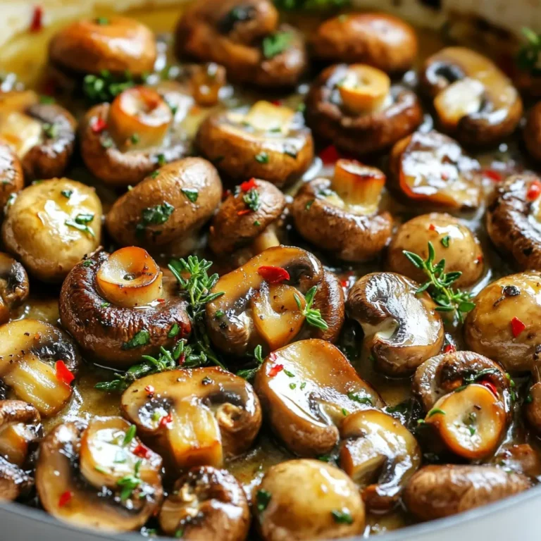 To make a delicious Garlic Butter Mushroom Skillet, you need the right ingredients. Here’s what you will need: - 16 oz (450g) mixed mushrooms - A blend of cremini, shiitake, and button mushrooms, sliced. This mix gives great flavor and texture. - 4 tablespoons unsalted butter - Use unsalted butter for better control of saltiness in the dish. It helps the garlic shine. - 4 cloves garlic, minced - Fresh garlic adds a strong, rich flavor. Mince it well for even distribution in the dish. - 1 tablespoon fresh thyme leaves, chopped - Fresh thyme provides a lovely, aromatic touch. You can also use 1 teaspoon of dried thyme if fresh isn't available. - 1 tablespoon soy sauce - This adds umami. For a gluten-free option, use tamari instead. - 1/4 teaspoon black pepper - Freshly ground black pepper enhances the overall taste with a mild heat. - 1/4 teaspoon red pepper flakes - Adjust this based on your spice preference. It brings a nice kick to the dish. - Salt to taste - Taste before adding salt, as soy sauce adds some saltiness already. - 2 tablespoons fresh parsley, chopped - Use fresh parsley for garnish. It adds color and freshness to your dish. These ingredients work together to create a rich and savory meal. With this mix, you can enjoy a simple yet flavorful dish that brings comfort to your table. {{ingredient_image_1}} 1. Cleaning and slicing the mushrooms: Start by using a damp cloth to clean the mushrooms. This helps remove dirt without soaking them. After that, slice the mushrooms into even pieces. This ensures they cook uniformly. 2. Melting butter and sautéing garlic: In a large skillet, melt the unsalted butter over medium heat. Wait for it to become bubbly but not browned. Once it’s ready, add the minced garlic. Sauté it for about one minute. Stir often to keep the garlic from burning. 3. Cooking mushrooms to golden brown: Now, add the sliced mushrooms to the skillet. Stir them occasionally and cook for about 6 to 8 minutes. You want them to release their moisture and turn golden brown. This adds a nice flavor. 4. Adding seasonings and adjusting to taste: Sprinkle in the chopped thyme, soy sauce, black pepper, and red pepper flakes. Stir everything well. Let it cook for an additional 2 to 3 minutes. This will blend the flavors nicely. 5. Final garnishing tips: Once done, taste the dish. Add salt if needed, but remember the soy sauce adds saltiness. Take the skillet off the heat and sprinkle fresh parsley on top. This adds a pop of color and a refreshing taste. Serve hot, and enjoy! - Best practices for cleaning mushrooms: Use a damp cloth to wipe mushrooms. This keeps them clean without soaking. Avoid rinsing mushrooms in water, as they absorb it. - Tips for achieving the perfect sauté: Start with a hot skillet and melt the butter until bubbly. Add the garlic first for flavor, then the mushrooms. Stir often to avoid burning. - How to enhance flavors with seasonings: Use fresh herbs like thyme for a bright taste. Soy sauce adds umami depth. Adjust red pepper flakes for your spice level. - Ideas for pairing Garlic Butter Mushroom Skillet: Serve with grilled chicken, steak, or shrimp for a hearty meal. It also pairs well with pasta or rice for a filling dish. - Serving as a side dish or main component: This skillet dish works great as a side. Serve it alongside roasted vegetables. You can also use it as a topping for toasted bread for a quick appetizer. Pro Tips Use a Variety of Mushrooms: Combining different types of mushrooms enhances flavor and texture. Cremini, shiitake, and button mushrooms each bring their unique qualities to the dish. Don’t Overcrowd the Skillet: Cooking mushrooms in batches if necessary ensures they brown properly instead of steaming. This enhances their flavor and gives a better texture. Adjust Your Seasoning: Remember that soy sauce adds saltiness. Taste your dish before adding extra salt to ensure the flavors are balanced. Fresh Herbs Matter: Using fresh thyme and parsley will elevate the dish with vibrant flavors. Dried herbs can be used in a pinch, but fresh herbs provide a more aromatic experience. {{image_2}} Gluten-free substitutions You can easily make this dish gluten-free. Just swap soy sauce with tamari. Tamari has a rich taste and works well in this recipe. Check labels to ensure it meets your needs. Vegan alternative options To make this dish vegan, replace butter with olive oil or vegan butter. Use coconut aminos instead of soy sauce for a sweet touch. These swaps keep the flavors while meeting dietary needs. Incorporating different herbs or spices Feel free to get creative with herbs! Fresh basil, rosemary, or oregano can add new layers of flavor. You can also try spices like cumin or paprika for a kick. Adjust to your taste for a fun twist. Adding other vegetables or proteins You can add more veggies to your skillet. Spinach, bell peppers, or zucchini can blend nicely with mushrooms. If you're looking for protein, try adding cooked chicken, shrimp, or tofu. This makes your dish heartier and even more satisfying. To keep your Garlic Butter Mushroom Skillet fresh, place leftovers in an airtight container. This will help lock in flavors and moisture. Store it in the fridge. It stays fresh for about 3 to 5 days. If you want to reheat, just warm it on the stove. Stir it often to heat evenly. If you want to save it for later, you can freeze the dish. First, let it cool completely. Then, transfer it to a freezer-safe container. Make sure to leave some space for expansion as it freezes. You can freeze it for up to 2 months. When you're ready to eat, thaw it overnight in the fridge. Reheat it on the stove over low heat. Add a splash of water or broth to keep it moist. Stir often until heated through. Enjoy your flavorful dish again! How can I make Garlic Butter Mushroom Skillet spicier? To boost the heat, add more red pepper flakes. You can also mix in some cayenne pepper. Start small, then taste to find your perfect spice level. Can I use frozen mushrooms for this recipe? Yes, you can use frozen mushrooms. Thaw them and drain excess moisture. Fresh mushrooms give better texture, but frozen will work in a pinch. What should I serve with Garlic Butter Mushroom Skillet? This dish pairs well with grilled chicken or fish. You can also serve it over pasta or on toasted bread. Try it as a topping for steak too! How long does it take to cook the mushrooms properly? Cooking mushrooms usually takes about 6-8 minutes. They should be golden brown and tender when done. Stir them occasionally for even cooking. What type of skillet is best for this recipe? A large, heavy skillet works best. Cast iron or stainless steel holds heat well and gives a nice sear. Avoid non-stick for this dish, as it can trap moisture. Can I prepare this dish ahead of time? You can prep the mushrooms and garlic ahead. Cook them just before serving for the best flavor. If you store leftovers, reheat before serving for a quick meal. In this article, we explored how to make a Garlic Butter Mushroom Skillet. We covered essential ingredients, step-by-step instructions, and helpful tips. You learned about dietary options and flavor variations to suit your needs. Finally, remember that this dish is versatile and easy to adapt. With the right ingredients and a few tricks, your meal can shine. Enjoy making it your own!