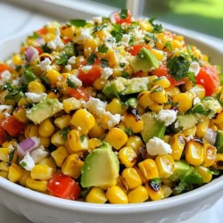 To make a tasty Chili Lime Grilled Corn Salad, gather these fresh items: - 4 ears of corn, husked - 1 red bell pepper, diced - 1 avocado, diced - 1/4 cup red onion, finely chopped - 1/4 cup fresh cilantro, chopped - 2 tablespoons lime juice - 1 tablespoon olive oil - 1 teaspoon chili powder - Salt and pepper to taste - Crumbled feta cheese (optional, for garnish) Each ingredient brings its own flavor. The corn adds sweetness and crunch. The red bell pepper gives a nice color and crispness. Avocado adds creaminess. Red onion brings a bit of sharpness. Fresh cilantro adds a burst of freshness, while lime juice gives a zesty kick. The chili powder adds warmth and depth. Finally, the feta cheese can make the dish richer and creamier if you choose to add it. Use fresh ingredients for the best taste. {{ingredient_image_1}} Grilling the Corn First, we need to grill the corn. Start by preheating your grill to medium-high heat. This step is key to getting that smoky flavor. Take the husked corn and place it directly on the grill. Grill each ear for about 10 to 12 minutes. Turn the corn occasionally. You want it to get nice char marks and cook through. Cooling the Corn Once the corn is grilled, remove it from the heat. Let it cool for a few minutes. This makes it easier to handle. After it cools, use a sharp knife to cut the kernels off the cob. Be careful, as the corn can be hot. Chopping Vegetables While the corn cools, grab a large bowl. Dice the red bell pepper and avocado. Finely chop the red onion and cilantro. Each of these adds great taste and color to the salad. Mixing Elements Together Now, add the corn kernels to the bowl with the diced veggies. Gently mix everything together. The bright colors and fresh scents will make your mouth water. Whisking the Ingredients In a small bowl, combine the lime juice, olive oil, chili powder, salt, and pepper. Use a whisk or fork to mix everything. This dressing ties the salad together and adds a zesty touch. Adding Dressing to Salad Next, pour the dressing over the salad. Toss everything gently until all the veggies are coated. Take a moment to taste it. Adjust salt or pepper if needed. If you like, sprinkle crumbled feta cheese on top before serving. Choosing the Right Corn Select fresh, sweet corn for the best flavor. Look for firm kernels and bright green husks. The corn should feel heavy for its size. This shows it is juicy and sweet. If you can, choose organic corn. The taste is often better and it is better for the earth. Ideal Grill Temperature Preheat your grill to medium-high heat. This helps the corn cook evenly and char nicely. The right temperature gives a great smoky flavor. A hot grill also helps to caramelize the sugars in the corn. It takes about 10-12 minutes to grill the corn. Turn it every few minutes for even cooking. Balancing Spice Levels You can make this salad as spicy as you like. Start with one teaspoon of chili powder. Taste the salad and add more if you want a kick. Remember, you can always add spice, but you can't take it away. If it’s too spicy, add more avocado or some extra lime to cool it down. Adding Fresh Herbs Fresh cilantro adds a bright touch to the salad. But if you don’t like cilantro, try parsley instead. You can also use fresh mint for a fun twist. Herbs bring freshness and flavor. They make the salad taste vibrant and alive. Serving Suggestions Serve this salad in a large bowl for sharing. You can also serve it in individual cups for a fun touch. This makes it easy to grab and enjoy at a picnic or barbecue. For a cool effect, chill the bowl before serving. Garnishing the Salad Top your salad with crumbled feta cheese for a salty bite. The creamy texture pairs well with the crunchy corn. You can also sprinkle extra cilantro on top for color. A wedge of lime on the side makes for a pretty display. It also gives a hint for extra zest! Pro Tips Choose Fresh Corn: Select ears of corn that are bright green and tightly wrapped; the kernels should feel plump and juicy. Grill for Maximum Flavor: Allow corn to char slightly on the grill for added sweetness and smoky flavor; turning every few minutes ensures even cooking. Customize Your Salad: Feel free to add other ingredients like black beans or cherry tomatoes for extra color and nutrition. Serving Suggestions: This salad is best served chilled or at room temperature; consider making it a few hours ahead for the flavors to meld. {{image_2}} - Grilled Chicken You can add grilled chicken for a heartier salad. Simply season the chicken with lime juice and chili powder. Grill it until it’s cooked through, then slice it and mix it in. This adds protein and flavor to your dish. - Black Beans Option Black beans are a great choice for a vegetarian option. Rinse and drain a can of black beans, then fold them into the salad. They add protein and a nice texture. Plus, they pair well with the corn and lime. - Alternative Vegetables If you want to switch up the veggies, try using cherry tomatoes or zucchini. Both can add fresh flavors and colors. Dice them small and mix them in just like the other veggies. - Dairy-Free Options If you need a dairy-free salad, skip the feta cheese. You can use avocado for a creamy texture instead. It keeps the dish rich without any dairy. - Spicy Dressing Ideas For a kick, add hot sauce or more chili powder to the dressing. This can elevate the flavor and give it a nice heat. You can also mix in some minced jalapeño for extra spice. - Creamy Variations To make a creamy dressing, blend avocado with lime juice and olive oil. This gives a rich texture and taste. You can also use dairy-free yogurt as a base for a tangy twist. For the best taste, store your chili lime grilled corn salad in an airtight container. Make sure to cool it down to room temperature before sealing. This helps keep it fresh and tasty. The salad will stay good in the fridge for about 3 days. Be careful with the avocado. It may turn brown quickly, so eat it soon! Freezing this salad is not the best option. The corn and veggies lose their crunch when frozen. If you must freeze it, separate the dressing from the salad. This way, you can keep the flavors fresh. To thaw, place the salad in the fridge overnight. Serve it cold, then add the dressing just before eating. Enjoy your tasty salad! You can still enjoy grilled corn without a grill! Here are two easy methods: - Stovetop Alternative: Use a grill pan on your stovetop. Heat the pan over medium-high heat. Add husked corn and cook, turning often, until charred. - Oven Roasting Method: Preheat your oven to 400°F (200°C). Wrap husked corn in foil. Roast for 20-25 minutes. Turn once for even cooking. Yes, you can prep this salad in advance. Here's how: - Preparing in Advance: Grill and cut the corn ahead of time. Store it in the fridge. Chop your other veggies too. Keep them separate until serving. - Best Time to Add Dressing: Add the dressing right before you serve. This keeps the salad fresh and crunchy. Absolutely! This salad is packed with nutrients. Here’s a breakdown: - Nutritional Benefits: Corn offers fiber and vitamins. Bell peppers add vitamin C. Avocado brings healthy fats. Cilantro boosts your immune system. - Caloric Breakdown: One serving has about 180 calories. It’s light and filling, perfect for a summer meal. This blog post guides you through creating a tasty chili lime grilled corn salad. We covered the essential ingredients, step-by-step instructions, and helpful tips to perfect your dish. You can easily customize it with proteins or different dressings. Store leftovers properly for the best taste later. Remember, this salad is not just delicious; it’s also healthy! Now, you’re ready to impress your friends and family with your new skills. Enjoy making and sharing this fresh, vibrant salad!