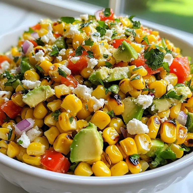 To make a tasty Chili Lime Grilled Corn Salad, gather these fresh items: - 4 ears of corn, husked - 1 red bell pepper, diced - 1 avocado, diced - 1/4 cup red onion, finely chopped - 1/4 cup fresh cilantro, chopped - 2 tablespoons lime juice - 1 tablespoon olive oil - 1 teaspoon chili powder - Salt and pepper to taste - Crumbled feta cheese (optional, for garnish) Each ingredient brings its own flavor. The corn adds sweetness and crunch. The red bell pepper gives a nice color and crispness. Avocado adds creaminess. Red onion brings a bit of sharpness. Fresh cilantro adds a burst of freshness, while lime juice gives a zesty kick. The chili powder adds warmth and depth. Finally, the feta cheese can make the dish richer and creamier if you choose to add it. Use fresh ingredients for the best taste. {{ingredient_image_1}} Grilling the Corn First, we need to grill the corn. Start by preheating your grill to medium-high heat. This step is key to getting that smoky flavor. Take the husked corn and place it directly on the grill. Grill each ear for about 10 to 12 minutes. Turn the corn occasionally. You want it to get nice char marks and cook through. Cooling the Corn Once the corn is grilled, remove it from the heat. Let it cool for a few minutes. This makes it easier to handle. After it cools, use a sharp knife to cut the kernels off the cob. Be careful, as the corn can be hot. Chopping Vegetables While the corn cools, grab a large bowl. Dice the red bell pepper and avocado. Finely chop the red onion and cilantro. Each of these adds great taste and color to the salad. Mixing Elements Together Now, add the corn kernels to the bowl with the diced veggies. Gently mix everything together. The bright colors and fresh scents will make your mouth water. Whisking the Ingredients In a small bowl, combine the lime juice, olive oil, chili powder, salt, and pepper. Use a whisk or fork to mix everything. This dressing ties the salad together and adds a zesty touch. Adding Dressing to Salad Next, pour the dressing over the salad. Toss everything gently until all the veggies are coated. Take a moment to taste it. Adjust salt or pepper if needed. If you like, sprinkle crumbled feta cheese on top before serving. Choosing the Right Corn Select fresh, sweet corn for the best flavor. Look for firm kernels and bright green husks. The corn should feel heavy for its size. This shows it is juicy and sweet. If you can, choose organic corn. The taste is often better and it is better for the earth. Ideal Grill Temperature Preheat your grill to medium-high heat. This helps the corn cook evenly and char nicely. The right temperature gives a great smoky flavor. A hot grill also helps to caramelize the sugars in the corn. It takes about 10-12 minutes to grill the corn. Turn it every few minutes for even cooking. Balancing Spice Levels You can make this salad as spicy as you like. Start with one teaspoon of chili powder. Taste the salad and add more if you want a kick. Remember, you can always add spice, but you can't take it away. If it’s too spicy, add more avocado or some extra lime to cool it down. Adding Fresh Herbs Fresh cilantro adds a bright touch to the salad. But if you don’t like cilantro, try parsley instead. You can also use fresh mint for a fun twist. Herbs bring freshness and flavor. They make the salad taste vibrant and alive. Serving Suggestions Serve this salad in a large bowl for sharing. You can also serve it in individual cups for a fun touch. This makes it easy to grab and enjoy at a picnic or barbecue. For a cool effect, chill the bowl before serving. Garnishing the Salad Top your salad with crumbled feta cheese for a salty bite. The creamy texture pairs well with the crunchy corn. You can also sprinkle extra cilantro on top for color. A wedge of lime on the side makes for a pretty display. It also gives a hint for extra zest! Pro Tips Choose Fresh Corn: Select ears of corn that are bright green and tightly wrapped; the kernels should feel plump and juicy. Grill for Maximum Flavor: Allow corn to char slightly on the grill for added sweetness and smoky flavor; turning every few minutes ensures even cooking. Customize Your Salad: Feel free to add other ingredients like black beans or cherry tomatoes for extra color and nutrition. Serving Suggestions: This salad is best served chilled or at room temperature; consider making it a few hours ahead for the flavors to meld. {{image_2}} - Grilled Chicken You can add grilled chicken for a heartier salad. Simply season the chicken with lime juice and chili powder. Grill it until it’s cooked through, then slice it and mix it in. This adds protein and flavor to your dish. - Black Beans Option Black beans are a great choice for a vegetarian option. Rinse and drain a can of black beans, then fold them into the salad. They add protein and a nice texture. Plus, they pair well with the corn and lime. - Alternative Vegetables If you want to switch up the veggies, try using cherry tomatoes or zucchini. Both can add fresh flavors and colors. Dice them small and mix them in just like the other veggies. - Dairy-Free Options If you need a dairy-free salad, skip the feta cheese. You can use avocado for a creamy texture instead. It keeps the dish rich without any dairy. - Spicy Dressing Ideas For a kick, add hot sauce or more chili powder to the dressing. This can elevate the flavor and give it a nice heat. You can also mix in some minced jalapeño for extra spice. - Creamy Variations To make a creamy dressing, blend avocado with lime juice and olive oil. This gives a rich texture and taste. You can also use dairy-free yogurt as a base for a tangy twist. For the best taste, store your chili lime grilled corn salad in an airtight container. Make sure to cool it down to room temperature before sealing. This helps keep it fresh and tasty. The salad will stay good in the fridge for about 3 days. Be careful with the avocado. It may turn brown quickly, so eat it soon! Freezing this salad is not the best option. The corn and veggies lose their crunch when frozen. If you must freeze it, separate the dressing from the salad. This way, you can keep the flavors fresh. To thaw, place the salad in the fridge overnight. Serve it cold, then add the dressing just before eating. Enjoy your tasty salad! You can still enjoy grilled corn without a grill! Here are two easy methods: - Stovetop Alternative: Use a grill pan on your stovetop. Heat the pan over medium-high heat. Add husked corn and cook, turning often, until charred. - Oven Roasting Method: Preheat your oven to 400°F (200°C). Wrap husked corn in foil. Roast for 20-25 minutes. Turn once for even cooking. Yes, you can prep this salad in advance. Here's how: - Preparing in Advance: Grill and cut the corn ahead of time. Store it in the fridge. Chop your other veggies too. Keep them separate until serving. - Best Time to Add Dressing: Add the dressing right before you serve. This keeps the salad fresh and crunchy. Absolutely! This salad is packed with nutrients. Here’s a breakdown: - Nutritional Benefits: Corn offers fiber and vitamins. Bell peppers add vitamin C. Avocado brings healthy fats. Cilantro boosts your immune system. - Caloric Breakdown: One serving has about 180 calories. It’s light and filling, perfect for a summer meal. This blog post guides you through creating a tasty chili lime grilled corn salad. We covered the essential ingredients, step-by-step instructions, and helpful tips to perfect your dish. You can easily customize it with proteins or different dressings. Store leftovers properly for the best taste later. Remember, this salad is not just delicious; it’s also healthy! Now, you’re ready to impress your friends and family with your new skills. Enjoy making and sharing this fresh, vibrant salad!