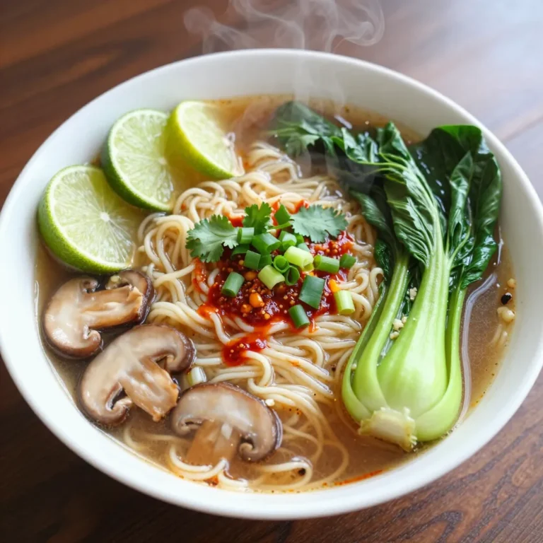 - 2 packs of instant ramen noodles (discard seasoning packets) - 4 cups vegetable broth - 1 tablespoon soy sauce - 1 tablespoon sesame oil - 1 cup bok choy, chopped - 1 cup mushrooms, sliced (shiitake or button) - 6 cloves of garlic, minced - 1 thumb-sized piece of ginger, grated To make spicy garlic ramen noodles, you need instant ramen noodles. They cook fast and absorb flavors well. Use vegetable broth as the base. It adds depth to your soup. Soy sauce and sesame oil enhance the taste. Fresh vegetables like bok choy and mushrooms add texture and nutrients. Garlic and ginger give this dish a bold kick. - 2-3 tablespoons chili paste (adjust to taste) - 2 tablespoons vegetable oil Chili paste is key for heat. You can adjust the amount to fit your taste. The vegetable oil helps sauté the aromatics. Sautéing garlic and ginger in oil releases their rich flavors. This step is crucial to building the broth’s base. - Fresh cilantro - Lime wedges For a fresh finish, add cilantro on top. It brightens the dish. Lime wedges add a zesty kick. Squeeze lime juice over the noodles before eating. This balance of flavors makes every bite exciting. Enjoy your spicy garlic ramen noodles! {{ingredient_image_1}} 1. Boiling the noodles: Start by filling a large pot with water. Bring it to a boil over high heat. Once boiling, add the instant ramen noodles. Cook them for about 3-4 minutes, or until soft. 2. Draining and setting aside: After cooking, drain the noodles in a colander. Rinse them briefly under cold water to stop cooking. Set the noodles aside while you prepare the rest. 1. Heating the oil and adding garlic: In the same pot, pour in 2 tablespoons of vegetable oil. Heat it over medium heat. Once hot, add 6 cloves of minced garlic. Sauté it for about 1 minute until it smells great. 2. Incorporating ginger and chili paste: Next, add a thumb-sized piece of grated ginger. Stir for a few seconds, then add 2-3 tablespoons of chili paste. Cook this mix for another 30 seconds. This will release all the spicy flavors. 1. Combining the broth and vegetables: Pour in 4 cups of vegetable broth. Bring it to a gentle simmer. Add 1 tablespoon of soy sauce and 1 tablespoon of sesame oil. Taste and adjust the saltiness if needed. Then, toss in 1 cup of chopped bok choy and 1 cup of sliced mushrooms. Let these cook for about 3-5 minutes. 2. Adding cooked noodles to the broth: Finally, add the cooked ramen noodles to the pot. Gently stir to mix everything. Heat it for an additional minute so all the flavors blend together. This method ensures you create a bowl of spicy garlic ramen that is both bold and flavorful, perfect for any day! - Adjusting spice levels: Start with 2 tablespoons of chili paste. Taste the broth before adding more. You can always add heat, but you can't take it away. I love a bit of spice, so I often go for 3 tablespoons. - Balancing flavors with soy sauce and sesame oil: Soy sauce adds saltiness and depth. Sesame oil gives a nutty flavor. Use 1 tablespoon of each. Taste after mixing to find your perfect balance. - How to achieve the best noodle texture: Cook the ramen noodles for just 3-4 minutes. Drain them well to avoid sogginess. Add them to the broth only at the end. This keeps them firm and chewy. - Sautéing tips for maximum aroma: Heat the vegetable oil on medium heat. Add garlic and ginger first. Sauté for 1 minute until fragrant. This step makes your dish smell amazing. Then, add the chili paste for extra flavor. - Serving ideas for an appealing dish: Use deep bowls to serve the ramen. This keeps the broth warm and allows for easy eating. Arrange the noodles nicely in the bowl. - Creative garnish options: Top each bowl with chopped green onions and fresh cilantro. Add lime wedges on the side for a fresh kick. A sprinkle of chili flakes adds color and extra spice. Pro Tips Adjust the Spice Level: If you prefer your ramen less spicy, start with 1 tablespoon of chili paste and gradually add more until you reach your desired heat. Fresh Ingredients Matter: Using fresh garlic and ginger will enhance the flavor of your ramen. Avoid pre-minced options for the best taste. Customize Your Veggies: Feel free to add other vegetables like bell peppers, spinach, or carrots to make this dish even more nutritious and colorful. Perfectly Cooked Noodles: To prevent the noodles from becoming mushy, add them to the broth just before serving and heat through for a minute. {{image_2}} You can use many types of instant ramen noodles. They all bring unique flavors. The classic instant ramen is a great choice. You can also try rice noodles for a twist. If you want a gluten-free option, look for rice or buckwheat noodles. These options are easy to find at most stores. Feel free to add more veggies to your ramen. Carrots, bell peppers, and spinach work well. You can also try zucchini or snap peas for a crunchy bite. If you want protein, add tofu or cooked chicken. Shrimp makes a great addition, too. Mix and match to find your favorite combo! Not everyone loves a lot of heat. To make it less spicy, use less chili paste. You can also swap chili paste for a milder sauce. If you want more heat, add extra chili paste or red pepper flakes. This way, you can customize the spice to suit your taste! To keep your spicy garlic ramen noodles fresh, store them in the fridge. Use an airtight container to prevent drying. Make sure to let the noodles cool down before you close the lid. This helps keep them tasty and prevents sogginess. To reheat ramen noodles, use the stove or microwave. If using the stove, add a splash of broth in a pot. Heat over low heat until warm. Stir gently to keep the noodles intact. If using a microwave, place them in a bowl with a bit of broth. Heat in short bursts, stirring in between to ensure even warming. You can freeze spicy garlic ramen noodles, but it's best to freeze the broth and noodles separately. Place the broth in a freezer-safe bag. For the noodles, let them cool, then pack them in a container. When ready to eat, thaw the broth in the fridge overnight and reheat. For the noodles, add them to the broth for a fresh taste. I recommend using instant ramen noodles for this recipe. They cook quickly and easily. Fresh ramen noodles can also work, but they may need a bit more time. Instant noodles are perfect for a fast meal. Just remember to toss the seasoning packets! They are often high in sodium and not needed for our tasty broth. Yes, you can make this recipe vegan! Use vegetable broth as the base. For toppings, skip any meat and add more veggies. You can use tofu for protein. It soaks up flavor well. You can also add mushrooms and bok choy for a hearty meal. Making chili paste at home is easy! Start with dried chili peppers. Soak them in hot water for about 30 minutes. Blend the peppers with garlic, salt, and a splash of vinegar. You can adjust the spice level by adding more or fewer peppers. This paste will add a bold kick to your dishes. To complete your meal, serve the ramen with a side salad. A simple cucumber salad adds crunch and freshness. You can also try steamed dumplings. They pair well with the spicy noodles. For a drink, serve green tea. It complements the flavors nicely. You can create a delicious bowl of spicy garlic ramen at home. We covered key ingredients, like instant noodles and fresh vegetables, to build a solid base. Following the cooking steps ensures your noodles turn out great. I shared tips to perfect the flavor, and you can customize your dish with different vegetables or spice levels. Enjoy experimenting with this recipe to make it your own. You’ll find it rewarding to share your savory creation with friends and family. Dive in and savor every bite of your tasty ramen!